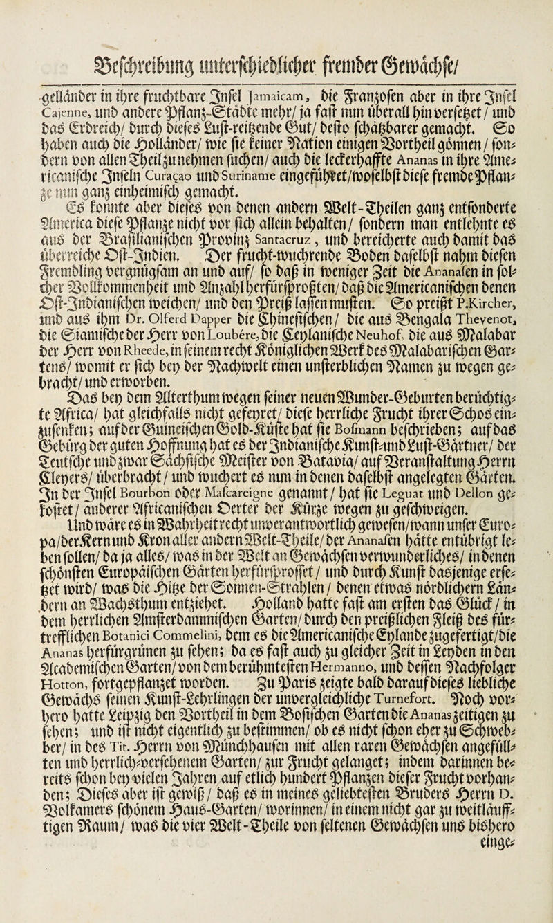 35ef$re®muj unterfäÄdicr fremder ©ett»ac^fe/ •gellänber in tpre fruchtbare 3nfd famaicam, bie granjofen aber in ihre 3nfel Cajenne, unb attbere pffan$-@täbtc mehr/ ja faff nun überall pinberfeffct/ unb bab (Erbreicp/ bitrch bicfeb Sujl-reihenbe ©ut/ beffo fdjäffbarer gemacht. @o haben aud) bie ©ollättber/ tt&gt;te fie feiner Nation einigen SSortpeil gönnen / fom bern bon aEenSpeilju nehmen fuchen/ aud) bte lecferpaffte Ananas in ihre 2lme* ricanifche 3nfeln Cura^ao unbSuriname eingefüpret/wofelbff biefe frembepffaw je nun gan$ etnhetmtfd) gemacht. €b formte aber biefeb von bcnen anbern $S5elt-?heilen ganj entfonberte Simerica biefe Pffanje nicpt »or fiep allein behalten / fonbern man entlehnte eb aub bcr ©rafilianifchcn probiitj Santacruz, unb bereicherte auch bamtf bab überreiche £)ff-3nbien, ©er frucpf-wucprenbe ©oben bafelbff nahm bicfen grembling bergmigfam an unb auf/ fo baff in tbeniger Seit bie Ananafen in fob eher SJoEfommcnpeit unb Slnjapl perfürfprofften/ baß bte Slmericanifcpen benen ©jf-3nbianifd)en weichen/ unb ben pretff laffen muffen, ©o preist P.Kircher, unb aud ihm Dr. oiferd Dapper bie Shinefifcpen/ bte aus) S^engala Thevenot, bie ®taniifcpcber©err bonLoubere, bie getffanifepe Neuhof bie aub SJfalabar ber Jp&gt;err bon Rheede, in feinem recht königlichen 2Berf beb NMabartfcpcn ©ar* tenö/ ibomit er ftep bet) ber Nacpwdt einen unfferbltcpen tarnen ju wegen ge* brad)t/unb erworben. ©ab bet) bem Slltcrfpum wegen feiner neuen SBunber-©eburten berüchtigt te Slfrica/ pat gleichfalls nicht gefepret/ biefe herrliche Srucpt ihrer ©chobeiw jufenfen; auf ber ©uinctfd)en ©olb-küff e hat fte Bofmann befeprieben; aufböb ©ebürg ber guten ©Öffnung hat eb ber 3nbtamfcpe kunjkmb £uff-©ärtner/ bcr ?eutfd)e imbjwar ©äepfffepe 3)?ciffer bon 55atabia/ auf 23cranff altung ©errn gleperb/ überbrad)t / unb wuchert eb nun in benen bafelbfl angelegten ©arten. 3n ber 3tlfd Bourbon ober Mafcareigne genannt / hat fte Leguat unb Dellon gC; foftet / anberer s2lfrtcanifchen Oerter ber kürje wegen ju gefchweigett. Unb wäre eb inSBaprpcit recht unberantwortlich gewefen/wann unfer €uro; pa/berkernunbkronaEeranbcrn9Bdt-S:hdle/ber Ananafen hätte entübrigt \v ben foüen/ ba ja aüeb/ wab in bcr 3Bdt an ©etbächfen »crwunberlid)cb/ in benen fd)6nffen Suropätfcpcn ©ärten perfürfproffet/ unb burch kunfl babjenige erfe; pet wirb/ wab bte ©ipe ber©onnen-@traplen/ benen etwab nörblichern £äw bern an SBacpbtputn entziehet, ©ollanb hatte fafl am erfien bab ©lücf / in bem perrlicpen Slmfferbamnttfepen ©arten/ burch ben preislichen Slciff beb für^ trefflichen Botanici Commelim, bem eb bteamertcantfdhegplanbejugefertigt/bie Ananas perfürgrünen ju fd)en; ba eb fafl aud) $u gleicher Seit in Sepben in ben 5(cabemifd)cn ©arten/ oon bem berühmte)!en Hermanno, unb beffen Nachfolger Hotton, fortgepffanjet worben. 3« Padb tetgte balb baraufbtefcb liebliche ©ewäd)b feinen kuttff-Scprlmgen ber unpergletchltche Turnefort. Nod) »or* hero hatte getpffg ben 33ortpeil in bem Softfd)en ©arten bte Ananas jeittgen $u fepen; unb iff nicht eigentlich «u beffimnten/ ob eb nicht fepon eher $u ©cpweb; bet7 in beb Tit. ©errn »on ?0iünd)paufen mit aüen raren ©ewädffen angefülh ten unb perrltd)werfepenem ©arten/ jur grudff gelanget; tnbem bartnnen be&lt; reitb fd)on beppielen 3apren auf etlicp hunbert Pffanjen btefer $rucpt»orpan; ben; ©tefcb aber iff gewiff / baff eb in metneb geliebteffen ©ruberb ©errn d. 33olfamcrb fepönem ©aub-©arten/ wottnnen/ in einem nicht gar jtt wettläuff; tigen fftaum/ wab bie hier SBdt-£peile oott feltenen ©ewäcpfen unb bibpero einge;