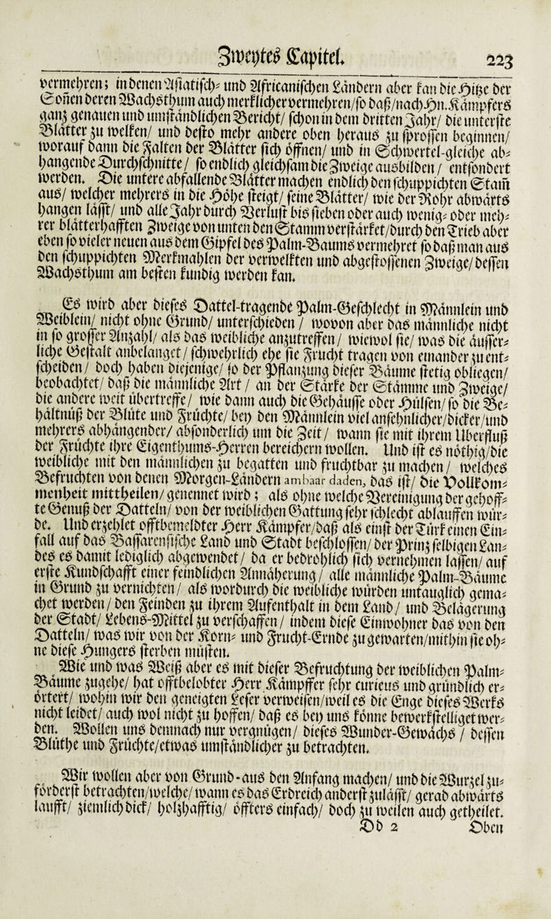 Swpttf Stapitef. «uu; imrnicpei ucrmct)t4ni/|D Dä(Vn&lt;JcbJön.Ätttnpftr£ gantgcnaucn unb umjränblichen Berid)t/ fd)oit in bem brüten Sähe/ bie untcrffe Blatter $u Welfen/ unb beffo mehr auöerc oben betaue tu fproffcn beatmten/ worauf bann tue Satten bet kläffet fich öffnen/ unb in @d)iocrtel-gleid)e ab* hangcnbe©urd)fd)mtte/ foenbttcbgieid)fambieSweigeauebifben/ entfonbert werben, ©te untere abfallenbe Blatter machen enbttct) ben fdyupptcbtcn ©taut auß/ welcher mehrcrß in bie £öl)e fteigt/feine Blätter/ wie berühr abwdrte bangen laut/ unb allejahrburd) 23erluft biß ficben ober aud) wenig* ober tticb* rer blatterhafftcn Sweige oon unten ben Stamm perflärf et/burct&gt; beit Stieb aber eben fo oieler neuen auß bem ©ipfel beß 9&gt;alm-Baumß oermehret fo baßman auß ben fd)upptd)fen %rfmal)Ien ber perweiften unb abgeffoffenen Sweige/beflen 2öad)ßtl)um am beften fuitbig werben tan. 1 J ff l?lrMf,eF bK):s Önttet-tragenbe 5)alm-©efd)led)t in Männlein unb SBctblcui/ nicht ohne ©runb/ unterfebieben / wopon aber baß männliche nicht in fo großer 2li«abl/ a!ß baß weibliche anjutreffen/ wiewol fie/ waß bie duffer* ttebe ©eftalt anbe äuget/ fchwehrlid) ehe fie Srudit tragen oon emanber uient* fchetben/ bod) haben biejcmge/ fo ber |&gt;flan$ung biefer Bäume fretig obliegen/ beobachtet/ baß btc männliche 2lrt / an ber Stärfe ber Stämme unb Smciac/ bie anbere weit übertreffe/ wie bann auch bie ©ehäuffe ober hülfen/fo bie Be* baltnuf) ber Blute unb gniebte/ bei) ben Männlein oiclanfchnltdxr/bicfer/unb melwerß abb.angenber/ abfonberlid) um bie Seit/ wann fie mit ihrem Überfluß ber &lt;srud)tc ihre Stgcnfi)umß-.£&gt;crrcn bereichern woüen. Unb ifr eß nöthid/bie weibliche mit ben männlichen 511 begatten unb fruchtbar tu ntad)cn / weicheß Befruchten oon betten 9)forgcn-£änbcrn am haar daden, baß iß/ bie ©ollföm* mettheit mitthetlen/genennet wirb; alß ohne weld)c Bereinigung ber gchoif* te ©enufi ber ©attcln/ pon ber weiblichen ©attung fel)r ichlecht ablauffcii wtir* be. Unb erjehlet offtbcmelbtcr £crr Äämpfer/öafi alß einft ber Slirf einen Sin* fall auf baß Baffarcnfifche £anb unb Stabt befchloffcn/ ber Brint felbigcn £an* beß eß bannt Icbiglid) abgewenbet/ ba er bcbrohlich ftd) Pcrnchmcn laffen/ auf erfre Äunbfchafft enter feinblichen Slnnähcrung / alle männliche Balm-Bäumc m ©runb tu Pernichten/ alß worburch bie weibliche würben untauglich gema* d)ct werben / ben geinben tu ihrem Slufenthdlt in bem £anb/ unb Belägerung ber Stabt/ £cbenß-?9fittel ju perfd)affcn/ inbent biefe (Einwohner baß pon beit ©atteln/ waß wir oon ber .ftortt* unb grud)t-Srnbe 511 gewarten/mithin fie oh* ne biefe ^jungerß fterbett nüißcu. _, 9ßie unb waß SBcifi aber eß mit biefer Bcfrud)tung ber weiblichen Balm* Baume $uget)e/ hat offtbclobter -Dcrr Äämpffer fehr eurieuß unbgrtmDlicb er* örtert/ wohin wir ben geneigten £efer ocrweifen/wetl eß bie Sage bicfcßSBcrfß md)t leibet/ auch wol nicht tu hoffen/ baß eß bei) miß fönne bewcrfßclligetwcr* ben. 2Bollcn unß bemnad) nur pergnügen/ biefcß 2öuubcr-©ewäd)ß / betfen Bluthe unb grüchte/etwaß um|fänblid)er tu betrad)ten. ,, 2ö‘f wollen dber poii ©runb-auß ben Anfang mad)cn/ unb bie Sßurtel tu* forberfl betrachten/welche/wann cs baß Srbrcid) anberfl tuldffr/ gerababwärtß Knifft/ tiemlichbicf/ holth^fftig/ öffterß einfad)/ bod) tu weilen auch getheilet. ®b 2 ©ben