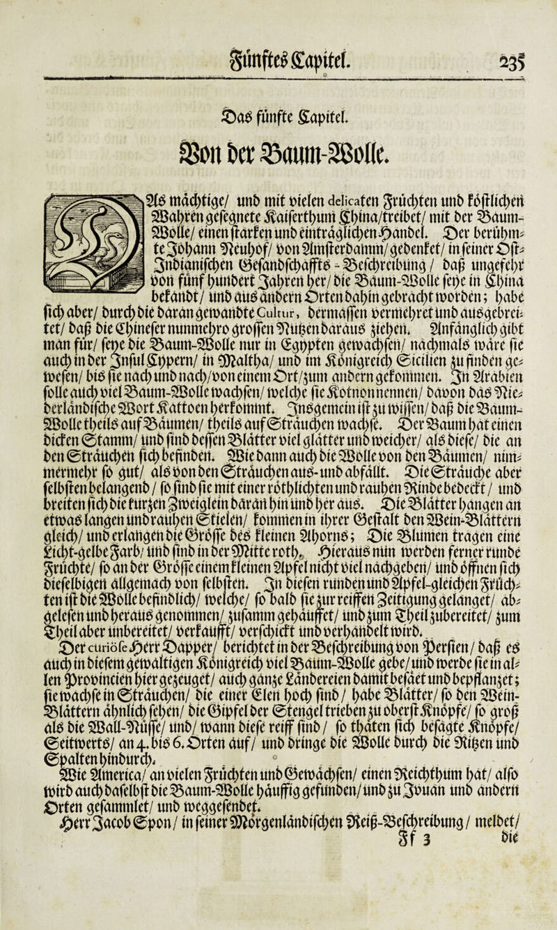 «*» ©ad fünfte Sapttel. !$m bet 23autn-2Me. 2(ö mäd)tigc/ unb mit Dielen delicaten Früchten unb föftlicüen SBat&gt;re» gefegnete ätaiferthum ghina/trcibct/ mit Der ©aum- SBoue/ einen ftarfen unb einträglichen ^)anbc(. ©er berut&gt;in^ te3bhann 5feuhof/ DonSlrnjl-erbamm/gebenfet/ in feiner Oft* 3nbianifcl)en 0efanbfd&gt;ajfto - ©cfchrcibUng / baf üngefeht Dort fünf huitbert 3abren her/ bie ©aum-2Bolle fet)c in tfhina befärtbt/ unb aud ärtbern Orten babin gebracht worben; höbe ftcfiaber/ burd)bie barangelDanbteCultur, bermdffen oernichret unb äudgebreü UV bafj bie &lt;2hmefernunmebrogroßen^ußenbarans jieben, Anfänglich gibt man für/ fepe bie ©aum-SBolle nur in ggppien gewachfen./ nachmals toärc fie auchinber 3nfulSd)pern/ in ejRaltha/ unb im Königreich ©icilien jufmben ges wefen/ bid fie näd) unb nach/Don einem Ort/jurn anbern gefomnien. 3n Arabien folle auch Diel ©aum-2Bo(lewachfen/mcld)e fie Kotrtöh nennen/ baDon bUdlftie* beriätibifche SBert Kattoen herfomtnt. 3nögemcin cjl ju toijfen/ baf bie Saum- SBollc f hetld auf Säumen/ tbcilö auf ©träuchen rnadife. ©er Saum hat einen bicfen@tamm/tmbfinbbe(|ett©Iätferoieiglätterunbweid)er/ als biefe/ bie an beit ©träuchen fid) befinden* SBiebann aud) bie SBolle Don ben ©äumen/ niim merntehr fb gut/ ald Don ben ©träueben aus- unb abfällt. ©ie®träud)e aber i* fl 1. -4 L &lt; C'f L fl r / ■ • ? c j f • f C A/« ' C &gt; C . vtvttHi iv*» ^vv* äud* . or hängen an etwad langen unb raufen ©tiefen/ fomtnenin ihrer 0ejialt ben9Beim©lättcrn gleich/ unb erlangen bie 0rö(fe beo fleinen Ahornd; ©ie ©Junten tragen eine .  ~ *&gt;/ littb |1tib in berSttittc rotf» ©ieraüdniin Werben ferner runbe biefelbigett allgemach oon felbfren. 3*1 biefeit runbeit unb Silpfel-gleidten 3rüch&gt; fett ift bie SBollebejtnblich/ welche/ fo balb fie $ur reißen Jeitiäung gelanget/ ab-' gelcfett unb herafid genommen/ jufamrn gebäüffet/ unbjum $hcil$uberciret/ jum ©er curiöfei)crr ©apper/ berichtet in ber ©cfdireibung oon Werften/ ba0 cd auch in btefem gewaltigen Königreich Diel ©auut-2Bollc gebe/uitb werbe fte in aU fiewäcbfe in ©träuchen/ bte einer len fod) finb/ habe ©Idtter/ fo ben SBein- j C , &gt; Cif J1 * /•, (. . * , » L ' /TS 4 ' 1 fl f t ) &gt;■ f &gt; * f x ' i -i f A4 fl /C&gt;\ C fl * i fl ai ald bie SSBall-^üffe/ unb/ wann biefe reiff ftnb / fo thaten ftch betagte knöpfe/ ©eitwertd/ an 4. bio 6, Orten auf/ unb bringe bie SBolle burch bie 9ii(jcn unb ©palten hindurch* . 0 . .. SBie America/ an Dielen Srüd)fen unb ©ewächfen/ einen üvciditfum hat/ alfo Wirb aud) bafelbjt bie ©aum-2Bolle häuffig gefunden/ lind 5113Duan unb anbern Orten gefammlet/ unb weggefenbet. __ #err3acob©pon/ in feiner SJJbrgenlänbifchen 9ieifj-Sefd)reibung/ melbet/ 3f 3 bie