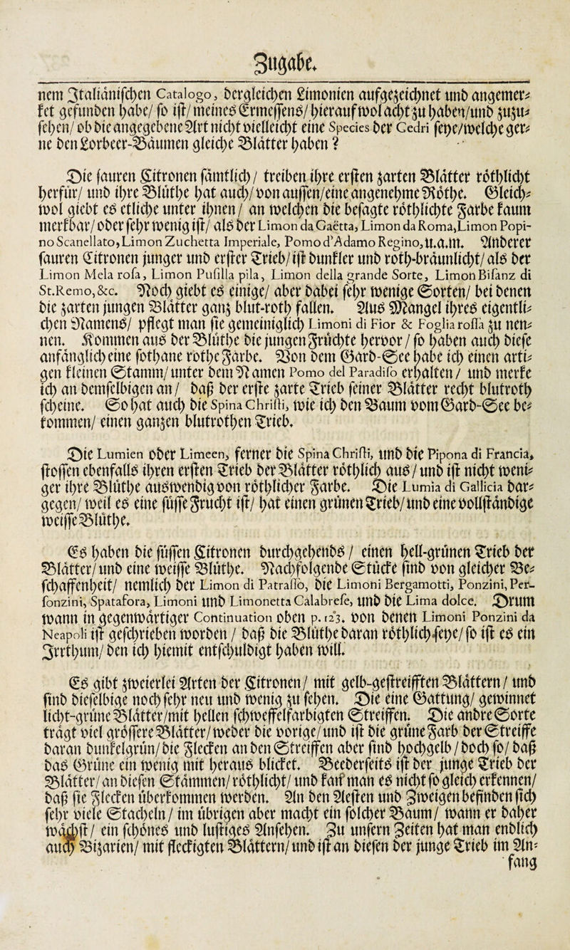 _Buflflfo_ nem 3ta(idnifct)eii Cataiogo, dergleichen Simonien aufgejeichnet und angemer? fet gefunden habe/ fd ift/ meined ©mefjend/ hieraufwol acht $u hoben/und juju? fehcn/obdteangegcbene2lrtnid)toiclleicht eine Specks der Cedri fepe/wclche ger? ne den Sorbecr-Säumcn gleiche Slätter haben ? J)ie fauren ©fronen fdmflich/ treiben ihre erften jarfen Blätter tötblicht herfür/ und ihre Slütbe bot auch/ oon attffen/einr angenehmefRötbe. ©leid)? wol giebt ed etliche unter ihnen/ an »eichen die befagte rothüchfe garbc faunt merfbar/ oder fehr toenig ift, ald der Limon da Oaetta, Limon da Roma,Limon Popi- noScane!lato,LimonZuchetta Imperiale, Pomod’AdamoRegino,U.a.m. »(ndCt’Ct fauren ©fronen junger und erffer ©ieb/iftdunfler und rotb-bräunlid)t/ als der Limon Mela rofa, Limon Pufilla pila, Limon della grande Sorte, LimotiBifanz di St.Remo,&amp;c. Nod&gt; giebt cd einige/ aber dabei fehr wenige ©orten/ bei denen die jarten jungen Blätter gatt, blut-roth fallen. 2lud Mangel il/red eigentlt? d)en ölamend/ pflegt man fie gemeiniglich Limoni di Fior &amp; Foglia rofla ju ne» neu. Äommcn and der 55(nthe die jungen grüebte heroor / fo haben auch btefe anfänglich eine fothäne rofhc gärbe. Bon dem ©ard-@ce höbe ich einen artt? gen tleinen ©tamtn/unter dem2tamen Pomo del Paradifo erhalten/ und inerte ich ondemfclbigcnan/ dafj der erfre jarte Srieb feiner glätter recht blutroth fcheine. ©ohat and) die Spmachrifii, wie id) den Baum oom©ard-©cc bc? fointnen/ einen ganzen blutrothen '©rieb. Sie Lumien Oder Limeen, ferner die Spina Chrifli, und die Pipona di Franciäi ftoffen ebenfalls ihren erffen ©rieb der Blätter röthlid) au d/ und ifl nicht went? ger ihre Slütbe audwenbtgoon rötlicher §arbe. Sie Lumia di Gailicia dar? gegen/ »eil cd eine füffe grudjt ijf/ t&gt;at einen grünen ©rieb/ und eine oollff ändige wciffcSiütbe. €d hoben die füffen ©fronen durchgehendd / einen hell-grünen ©rieb der Slättcr/ und eine wetffe Slütl)e. Nachfolgende ©tücfe find oon gleicher Be? fchaffenheit/ nemlich der Limon di Patraflo, die Limoni Bcrgamotti, Ponzini, Per- fonzini, Spatafora, Limoni Und LimonettaCalabrefe, und die Lima dolce. SlUtU wann in gegenwärtiger Continuation oben p. 123. oon denen Limoni Ponzini da Neapoli tft gefchrieben worden / daß die Slütl)e daran rdthlich-fepc/fo ift cd etit 3rrthum/ den ich l;tctmt entfchuldigt hoben will. €d gibt zweierlei Sieten der ©fronen / mit gclb-geftreifffctt Slättern / und find diefelbige noch fel)t‘ neu und wenig ju fchen. Sie eine ©attuitg/ gewinnet lid)t-grüncSlätter/mit hellen fehweffelforbigten ©treijfen. Sie andre ©orte trägt oiel gröffereSlättcr/weder die oorige/und ift die grüne Sarb der©treiffe daran dwtfelgrün/ die §lecfeit an den ©treiffen aber find hochgclb / doch fo/ dafj dad ©rüne ein wenig mit befand bltcfef. Seederfeitd ift der junge ©rieb der glätter/an diefen ©fämmen/ rotblicbt/ und farf man ed nicht fo gleich crlennen/ dafj fie Slccfen überfommen werden. 2!n den Slcftcn und 3weigen befinden (ich fehr oiele ©fächeln/ im übrigen aber macht ein folcher Saum/ wann er daher wgjM/ ein fchöned und luftiged Slnfehen. 3u unfern feiten hot man endlich auch Binnen/ mit flccfigteu Slättern/undiftan diefen der junge ©rieb im Situ