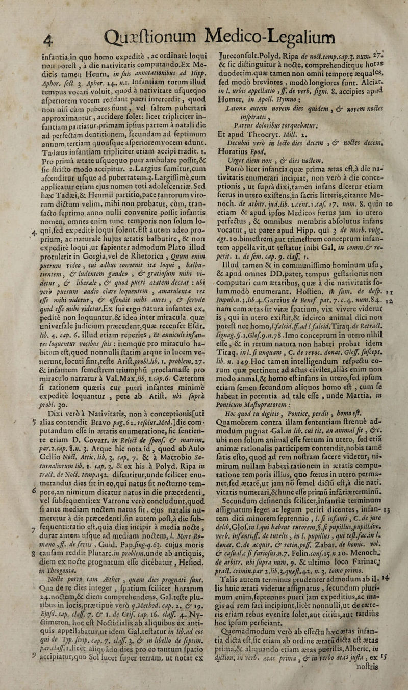 infantia.in quo homo expedite , ac ordinate loqui non uoteft , a die nativitatis computando.Ex Me¬ dicis tamen Heurn. in fuis annotationibus ad Hipp. Apbor. fed 3. Apbor. 24. n.i. Infantiam totum illud tempus vocari voluit, quod a nativitate ufquequo afperiorem vocem reddant pueri intercedit, quod non nili cum puberes fiunt, vel faltem pubertati approximantur, accidere folet: licet tripliciter in¬ fantiam pai tiatur,primam ipfius partem a natali die ad perfe&amp;am dentitionem, fecundam ad feptimum annum.tertiam quoufque afperioremvocem edunt. Tadceus infantiam tripliciter etiam accipi tradit. 1. Pro prima aetate ufquequo puer ambulare poflir,&amp; fic ftri&amp;o modo accipitur. 2.Largius fumitur,cum afcenditur ufquead pubertatem^.Largiflime^cum applicatur etiam ejus nomen toti adolelcenciae.Sed haec Tadaei,&amp;. Heurnii partitio,pace tantorum viro¬ rum dittum velim, mihi non probatur, cum, tran- fa&amp;o feptimo anno nulli convenire poflit infantis nomen, omnes enim tunc temporis non folum lo- 4 qui,fed expedite loqui foient.Eft autem adeo pro¬ prium, ac naturale hujus aetatis balbutire, &amp; non expedite loqui ,ut fapienter admodum Plato illud protulerit in Gorgia,vel de Rhetorica , Quum enim puerum video , cui adbuc convenit ita loqui , balbu¬ tientem , &amp; ludentem gaudeo , &amp; gratiofum mihi vi¬ detur , &amp; liberale , &amp; quod pueri atatem deceat : ubi vero puerum audio clare loquentem , amarulenta res effe mihi videtur, &amp; offendit mihi aures , &amp; fervile quid effe mihi videtur*Ex fui ergo natura infantes ex. pedite non loquuntur,&amp; ideo inter miracula quae univerfale judicium praecedent,quae recenfet Efdr. lib. 4. cap. 6. illud etiam reperies , Et anniculi infan¬ tes loquentur vocibus fuis: itemque pro miraculo ha¬ bitum eft,quod nonnulli ftatim atque in lucem ve¬ nerunt, locuti fint,tefte Arift.probl.lib. 1. problem. 27. &amp; infantem femeftrem triumphu proclamafle pro miraculo narratur a Val.Max,/i£. 1 .cap.6. Caeteriim fi rationem quaeris cur pueri infantes minime expedite loquantur , pete ab Arift. ubi fupra pobl. 30. Dixi vero a Nativitatis, non a conceptionis[uti 5 alias contendit Bravo pag.Gi. refolut.MedJjdiz com&gt; putandum effe in aetatis enumeratione, fic fentien- te etiam D. Covarr. in Reled de fponf. &amp; matrim. par.i.cap.K.n. 3. Atque hic nota id , quod ab Aulo Gellio NoB. Attic. lib, 3. cap. 7. &amp; a Macrobio Sa¬ turnaliorum lib. i. cap. 3. &amp; ex his a Polyd. Ripa in trad. de Noti. temp.x^z. difcutitur,unde fcilicet enu¬ merandus dies fit in eo,qui natus fit no&amp;urno tem- 6 pore,an nimirum dicatur natus in die praecedenti, vel fubfequentr.ex Varrone vero concludunt,quod fi ante mediam noftem natus fit, ejus natalis nu¬ meretur a die praecedenti,fin autem poft,a die fub- 7 fequenti:ratio eft,quia dies incipit a media node , durat autem ufque ad mediam no&amp;em, l. More Ro¬ mano ,ff. de fenis , Guid. Pa pfing-q.6^. cujus moris § caufam reddit Plutarcdw problem.unde ab antiquis, diem ex nofte prognatum effe dicebatur , Hefiod. in Theogonia. Node porro tam JEtbcr , quam dies prognati funt. Qua de re dies integer , fpatium fcilicet horarum 24..nottem,&amp; diem comprehendens, Gal.tefte plu¬ ribus in locis,praecipue vero q.Metbod, cap. i. &amp; 19. Ejufd. cap. claff. 7. &amp; 1. de Crif. cap. 16. claff. 4. Ny- dimeron, hoc eft Nottidialis ab aliquibus ex anti¬ quis appellabatur,ut idem Gal.teftatur in lib.ad eos qui de Typ. Jcnp. cap. 7. claff. 3. &amp; in libello de feptim. par.claff. 1.licet aliquado dies pro eo tantum fpatio -’J accipiatur,quo Sol lucet fuper terram, ut notat ex Jureconfult.Polyd. Ripa de nofl.temp.cap.3. num• &amp; fic diftinguitur a nodte, comprehenditque hota® duodecim.quae tamen non omni tempore aequaies» fed modo breviores , modo longiores funt. Aiciat. in l. urbis appellatio , ff. de verb, figni. 8. accipies apud Homer. in Apoll. Hymno : Latona autem novem dies quidem , &amp; novem nodes infpiratis, Partus doloribus torquebatur.’ Et apud Theocryt. ldill. 2. Decubui verb in ledo dies decem &gt; &amp; nodes decem« Horatius Epod. Urget diem nox , &amp; dies nodem. Porro licet infantia quae prima aetas eft,^ die na¬ tivitatis enumerari incipiar, non vero a die conce¬ ptionis , ut fupra dixi,tamen infans dicetur etiam foetus in utero exiftens,in facris litteris,citante Me- noch. de arbitr. jud.lib. i.cent.i.caf 17. num. 8. quin 10 etiam Sc apud ipfos Medicos foetus jam in utero perfe&amp;us , Sc omnibus membris abfolutus infans vocatur, ut patet apud Hipp. qui 3. de morb. vulg. &lt;egr.io.bimeftrem aut trimeftrem conceptum infan¬ tem appellavit,ut teftatur inibi Gal, in comm.&amp; re¬ petit. 1. de fem. cap. 9. claff. 1. Illud tamen &amp; in communifTimo hominum ufu, Sc apud omnes DD.patec, tempus geftationis nor» computari cum aetatibus, quae a die nativitatis fo- lummodo enumerant. Hoftien. ih fum. de defp. n Impub.n.iy.ltb.4.Garzius de Benef par. 7.C.4. num.84. ia nam cum aetas fit vitee fpatium, vix vivere videtur is, qui in utero exiftit,&amp; idcirco animal dici non poteft nec homo,Ifalcid.ff.ad lfalcid.Tirac\.de Retrad. Ugnagff.i.Glof.p.n.yS .Imo conceptum in utero nihil elfe , &amp; in rerum natura non haberi probat idem Tiraq. inl.fi unquam , C. de revoc. donat. Gloff. fiufcept. lib. n. 149.Hoc tamen intelligendum refpettu eo¬ rum quae pertinent ad a&amp;us civiles,alias enim non modo anmal,&amp; homo eft infans in utero,fed ipfum etiam femen fecundum aliquos homo eft , cum fe habeat in potentia ad tale efte , unde Martia, in Ponticum Mafiupratorem: Hoc quod tu digitis, Pontice, perdis , homo efi. Quamobrem contra illam fententiam ftrenue ad¬ modum pugnat -Gal.i« lib. cui tit. an animal fit, &amp;c. ubi non folum animal effe foetum in utero, fed etia animae rationalis participem contendit,nobis tame fatis efto, quod ad rem noftram facere videtur, ni¬ mirum nullam haberi rationem in aetatis compu¬ tatione temporis illius, quo foetus in utero perma¬ net,fed aetate,ur jam no femel di&amp;u eft,a die nati, vitatis numerari,&amp;hunc effe primu infaciaeterminu. Secundum definentis fcilicet,infantiae terminum affignatumleges ac legum periti dicentes, infan- 13 tem dici minorem feptennio , l.fi infanti, C .de jure deltb.Clof.in l.qui habent tutoremfi.fi pupillus,pupillave, verb. infanti,ff. de tutelis, in l. pupillus , qui tefl.fac.tn /. donat. C.de acquir. &amp; retin.pojf. Zabar. de homic. vol. &amp; cafual.c fi furiofus,n.7. TQWn.conf.xq.n io. Menoch* de arbitr. ubi fupra num, 9. &amp; ultimo loco Farinacj prad. crimin.par i.lib.^.qu^fi.^z. n. 3. tomo primo. Talis autem terminus prudenter admodum ab il- T4* Iis huic aetati videtur aftignatus , fecundum pluri¬ mum enim,feptennes pueri jam expeditius,ac ma¬ gis ad rem fari incipiunt,licet nonnulli,ut de cete¬ ris eriam rebus evenire folet,aut citius,aut tardius hoc ipfum perficiant. Quemadmodum verb ab efFe&amp;u ha?csetas infan¬ tia di&amp;a eft,fic etiam ab ordine aetatudi&amp;a eft aetas prima,&amp;. aliquando etiam aetas puerilis, Alberic. in didion, 'in verb. ai as prima , &amp; in verbo atasjufta , ex lS • noftris