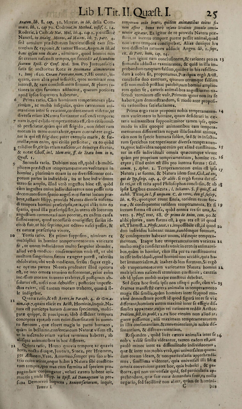 Anaton. lib. 8. cap. 30. Mercur. in lib. delia Com- mare. lib. 1. cap 70. Codronc./w Method. teftif. c. 14. Roderic. a Caftr.rfe N**r. Mul. lib.4.. cap. 1. pieniffime Nancel. in Analog. Microc. ad Macroc. lib. 7. part. 4. fed omnium prxdidtorum lnculcntiffime eam fen- tentiam &amp; exponit,&amp; tueturHorat.Augen.m lib.ad hanc ipfa.m reni dicato , nimirum, quod homini non iit certum nafcendi tempus,qui fucccdit ad fecundum fuarum Epift. &amp; Conf. Med. Tom. Pro Jureconfultis Tatis iit amftoritas Rota: in Auximana alimentorum 1. Iunij \6zo. Coram Pirovano,num.y.Hi omnes,in¬ quam, cum aliis pene infinitis, quos nominare non intereft,&amp; eam conclufionem firmant, &amp; plures ra¬ tiones in ejus favorem adducunt, quarum potiores apud ipfos fequentes habentur, 6 Prima ratio. Cum hominum temperamenta plu¬ rimum , ac multo infignius, qu«km exterorum ani¬ mantium inter fe evacienr,confentaneum videtur,ut diverfa etiam aNarura fortiantur nafcendi tempora; 7 nam is,qui calido temperamento eft,cum citiusmul- to perficiatur,quam qui efi frigido , non debet eam moram in utero contrahere,quam contrahere cogi¬ tur is qui eft frigidus: patet exemplo maris, &amp; fce- mellarjmas enim, qui citius perficitur, ex eo quod g calidior fit,citius etiam nafeitur,ut deinceps dicetur, &amp; notat Glolf, in l. idem erit, Jf. de Statu hom. in n. Ouafl. 1, 9 Secunda ratio. Dubium non eft,quod cb multi¬ plicem prxdi&amp;am temperamentorum varietatem in homine , plurimum etiam in eo divei fificentur cor¬ porum partes in individuis, ita ut hoc individuum utero fit amplo, illud vero anguftoj hinc eft, quod cutn anguftus unius individui uterus non poffit toto decem menfium fpatio augefeenti foerui locum prae¬ bere, teftante Hipp. provida Natura diverfa nafcen¬ di tempora homini prxfcripfic,neis,qui alias toto eo fpatio, quod illa praefcripfillet,in utero ob locorum anguftiam commorari non poterat, ex eadem caufa fuffocaretur, quod neceftario contigiftet*, latius id¬ circo fuit,ut hic feptimo,aut odlavo nafei pofier, Sc ex naturae prarferipto vivere. IO Tertia ratio. Ex primo fuppofito , nimirum ex multiplici in homine temperamentorum varietate fit , ut unum individuum multo fanguine abundet, aliud verb modico : confentaneum vero eft, ut ubi multum fanguinem foetus exugere poteft , celerius nbfolvatur; ubi verb modicum, ferius: fagax ergo , ac optima parens Natura prudenter illud operara eft, ne uno omnes termino nafcerentur, prior enim incafium moram in utero traheret,fi poftquam ab- folurus eft, nafei non debuiffer pofteriot imperfe¬ ctis exiret, nifi tantam moram traheret, quanta il¬ le indigebar. j t Quarta ratio,Sc eft Averr.rw Parapb. 4.. de Gen.a- nim.cap.7.quam elicit ex Arift. Hominis,inquit,Na¬ tura eft particeps harum duarum fpecierum, multi- parae quippe, &amp; pauciparar, ideo diffident tempora conceptus ejus;ob eam enim diverfitatem in nume¬ ro fcetuum , quae elucet magis in partu humano , quam in belluino,confentaneum Naturae vifum eft, ut in nafcendo etiam varios terminos haberet, ab ahifque animantibus in hoc differret. 12. Quinta ratio. Homo quovis tempore ac quavis hora, no£tu diuquc,Juven's, Sr-nex, per Hyemem, per y£ftatem,Vere, Autumno,femper pro fuo aibi- trio coitu utitur,neque habet i Natura fibi conftitu- tum tempus,quo mas cum fGemina ad fpeciem pro- pagandamvconjungatur , veluti extera habent ani¬ mantia ; unde Hipp. 'tn Epifi. ad Damagetuin in per* funa Democriti loquens , Anniverfartorum, inquit, Torna s l. temporum ordo brutis, quidem animantibus coitus fi- nem affert , homo vero tnjano libidinis Jtimulo conti- nent er agitatur. Ea igitur de re provida Natura prx- ftitit,ut incerto tempore patere pollet animal,quod non certo tempore concipiebat. Alias denique his non drffimiles rationes adducit Augen, lib. i.fupr. ctt. de Part. hum. cap. 14. Jani igitur eam conclufionem,&amp; rationes proea 15 firmanda adduftas examinemus, &amp; quid in illa im¬ probandum tanquam falfum,quidve in his refellen¬ dum k nobis fit, proponamus.Praecipua ergo Arift, conclufio duo continer, quorum utrumque falfum elfe non multo pofthac patebit-,nam homini amplio¬ rem quam fit , exteris animalibus anguftiorem na- fcenditerminum efle vulr.Primum igitur non ita fe habere,jam demonftrandum, fi modo ante propofi- tis lationibus fatisfaciamus. Prima ergo ratio proponit nobis temperamento- H rum varietatem in homine, quam defiderari in ex¬ teris animantibus fupponitrmiror tamen ipfe, quo¬ modo in aliis quoque animantibus eam tempera¬ mentorum differentiam negare illis fuadeat animus, cum non in fpecie humana folum, fed Sc in infe&amp;o- rum fpeciebus tot repedantur diverfa temperamen¬ ta,quot individua.-nequeenim per aliud conftituun- 1S tur in elfe individuali omnia quaecumque vivunt qifam per proprium temperamentum, homine ex- cepto j illud enim eft illis pro interna forma : Gal. cornm. i.Apbor. z. Temperamentum enim eft ipfa ^ Natura j at forma, &amp; Natura idem funt,Gal.^ eos, qui de Typ.fcrip. cap. 4,. &amp; alibi. fi ergo forma dat ef- fe rei,ut eft trita apud Philofophos conclufio, &amp; ab ipfis Legibus canonizata, L Iulianus, §. fi quisfff. ai exhib. Tiraq.t» l.fi unquam. C. de revoc. don.gl.fufcep. lib. n. 67. quotquot erunt Entia, totidem erunt for¬ mae , &amp; confequentur totidem temperamenta. Er fi 19 irerum forma eft caufa, quod omnis res fit una,A- verr. 3. Phy fi text. 68. &amp; primo de Anim. com. 90.Sc alibi pluries, nam forma eft, a qua res eft id quod eft.Themift. z.1 i.impoffibile eft,id quod duo individua habeant unam,eandemque formam, &amp; confequenter habeant unum, idemque tempera¬ mentum. Itaque haec temperamentorum varietas zi multo magis confideranda venit in ceteris animanti- bus,qu3mn in homine, cum illa per ea conftituanrnr in elfe individuali,quod homini non accidit,quia ha¬ bet immaterialem,&amp;. inalterabilem formam.Si ergo ob temperamentorum varietatem Natura homini za* multiplicem nafcendi terminum conftituit, exteris ob id ipfum multo major conftitui debebat. Sed dices hoc fenfu ipfo nos alfeqni pofte, cum vi- 23 deamus roanifefte extera animalia in Temperamento magis fibi fimilia,qujim homines inter fe^quod ma¬ xime demonfttare poteft id quod figura inter fe vix differant^homines autem maxime inrer fe effigie dif- fimiles appareanr,cujus rei rationem reddit Ariftot.' Problem.fett. 10.probl.x z.ex hoc etenim non aliud ar,- guerc poffiimus , nifi maximam temperamentorum in illis confonantiam,&amp;convenientiam,in nobis dif- fonantiam, &amp; difeonvenientiam. Refpondeo , quod licet caetera animalia inter fe 24, nob s valde fimilia videantur, tamen eadem eft,aut paulo minor inter ea diffimilitudo individuorum , qux inter nos-.nobis vero,qui univerfalem quam¬ dam eorum ideam, &amp; non particularia apprehendi¬ mus , fimillima videntur, quia univerfali illi Ideae omnia conveniunt-,patet hoc, quia bubulci , &amp; pa* ftores,qui non univerfale quid, fed particularia ap¬ prehendunt, qux fux curx demandata fnnt,ea nullo negotio, fed facillime non aliter, quam de homini- ’ C fcrn»