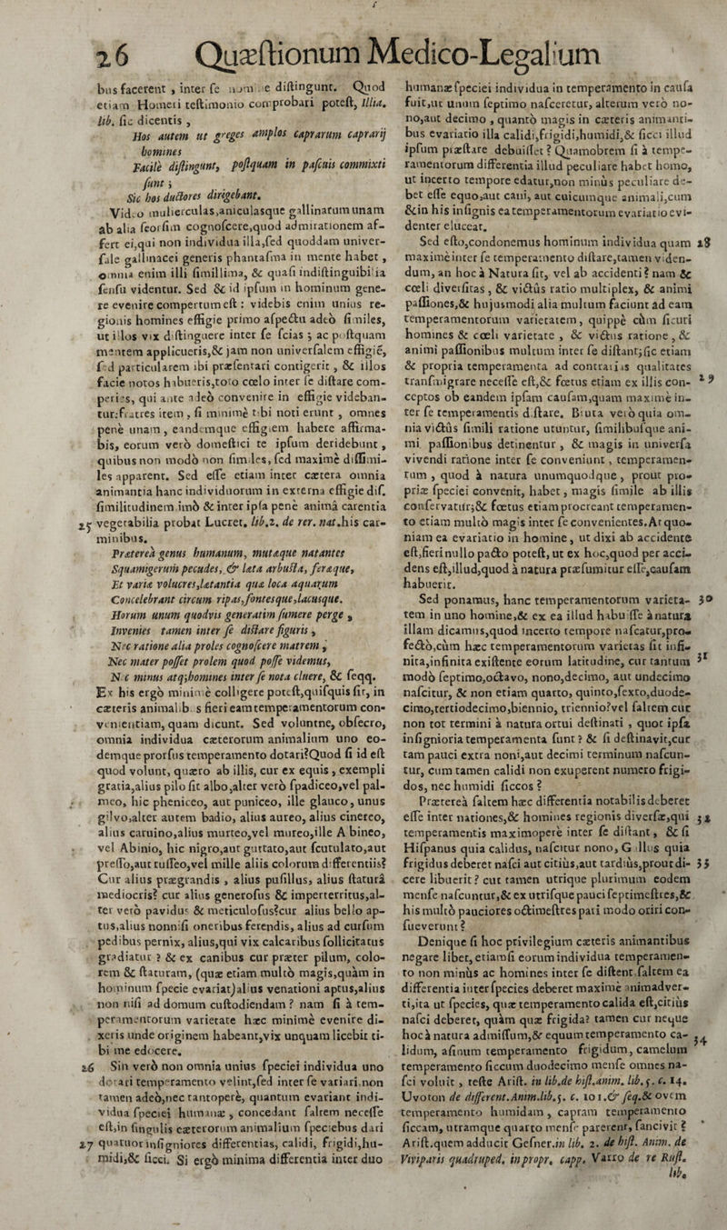 bas facerent , inter fe iwai e diftingunt. Quod etiam Homeri teftimonio comprobari poteft, lilia. hb. fic dicentis , Hos autem ut grege* amplos caprarum caprarij homines Facile diftingunt, poftquam in pafcuis commixti funt i Sic hos duttores dirigebant. Vid.o mulierculas,aniculasque gallinarum unam ab aba feorfim cognofcere,quod admirationem af¬ fert ei,qui non individua illa/ed quoddam univer- fale gallinacei generis phantafma in mente habet, omnia enim illi fimillima, &amp; quafi indiftinguibi ia fenfu videntur. Sed &amp; id ipfum in hominum gene¬ re evenire compertum eft : videbis enim unius re¬ gionis homines effigie primo afpedtu adeo fimilcs, ut illos vix diftinguere inter fe fcias *, ac p&lt; ftquam mentem applicueris,&amp; jam non univerfalem effigie, f d particularem ibi pracfenrari contigerit , &amp; illos facie notos hibueris,toto ccelo inter fe diftare com- peri's, qui a.ite adeo convenire in effigie videban- tur.fratres item , fi minime t*bi noti erunt , omnes pene unam, eandemque effigiem habere affirma¬ bis, eorum vero domeftici te ipfum deridebunt, quibus non modo non fimdes.fcd maxime diffimi- le$ apparent. Sed e(fe etiam inter extera omnia animantia hanc individuorum in externa effigie dif. fimilitudinem im6 &amp; inter ipfa pene anima carentia ^ vegetabilia probat Lucret, lib.z, de rer. nat,his car¬ minibus. Frater ea genus humanum, mutaque natantes Squamigerum pecudes, &amp; Uta arbufta, feraque, Ft varia volucres,latantia qua loca aquarum Concelebrant circum ripas,fontesque,lacusque. Horum unum quodvis gener atim fumer e perge 9 Invenies tamen inter fe diftare figuris, Nec ratione alia proles cognofcere matrem, Nec mater poffet prolem quod poffe videmus, N c minus atq',homines inter fe nota cluere, &amp; feqq. E* his ergo minime colhgere poteft,quifquis fir, in ca:teris animal, b s fieri eam temperamentorum con¬ venientiam, quam dicunt. Sed voluntne, obfecro, omnia individua exterorum animalium uno eo- demque prorfus temperamento dotari?Quod fi id eft quod volunt, quaero ab illis, cur ex equis , exempli gratia,alius pilo fit albo,alter vero fpadiceo,vel pal¬ meo, hic pheniceo, aut puniceo, ille glauco, unus gilvo,alter autem badio, alius aureo, alius cinereo, alius caruino,alius murteo,vel mureo,ille A bineo, vel Abinio, hic nigro,aut guttato,aut fcutulato,aut pre(To,aut ruffeo,vel mille aliis colorum differentiis? Cur alius praegrandis , alius pufillus, alius flatura mediocris? cur alius generofus &amp; imperterritus,al¬ ter vero pavidm &amp; meticulofus?cur alius bello ap¬ tus,alius nonnifi oneribus ferendis, alius ad curfum pedibus pernix, alius,qui vix calcaribus follicitatus gradiatur ? &amp; ex canibus cur praeter pilum, colo¬ rem &amp; flaturam, (quae etiam multo magis,quam in hominum fpecie evaiiatjalius venationi aptus,alius non nifi ad domum cuftodiendam ? nam fi a tem¬ peramentorum varietate haec minime evenire di¬ xeris unde originem habeant,vix unquam licebit ti¬ bi me edocere. 26 Sin ver&amp; non omnia unitis fpeciei individua uno dc ari temperamento velint,fed inter fe variari,non tamen adeo,nec tantopere, quantum evariant indi¬ vidua fpeciei humanae , concedant falrem necelfe eft&gt;in fintuilis caeterorum animalium fpeciebus dari 3,7 quatuor infigniores differentias, calidi, frigidi,hu- midi,6c ficci. Si ergo minima differentia inter duo humana:fpeciei individua in temperamento in caufa fuit,ut unum feptimo nafceretur, alterum vero no¬ no,aut decimo , quanto magis in exteris animanti¬ bus evariacio illa calidi,frigidi,humidi,&amp; ficci illud ipfum piaeftare debuiffet? Quamobrem fi ^ tempe¬ ramentorum differentia illud peculiare habet homo, ut incerto tempore edatur,non minus peculiare de¬ bet effe equo,aut cani, aut cuicumque animali,cum &amp;in his infignis ea temperamentorum evariatio evi¬ denter eluceat. Sed efto,condonemus hominum individua quam 18 maxime inter fe temperamento diftare,tamen viden¬ dum, an hoc a Natura fit, vel ab accidenti? nam &amp; cceli divevfitas, &amp; vi£lus ratio multiplex, &amp; animi paffiones,&amp; hujusmodi alia multum faciunt ad eam temperamentorum varietatem, quippe chm ficuri homines &amp; coeli varietate , &amp; vi&amp;us ratione , 8c animi paflionibus multum inter fe diftantjftc etiam &amp; propria temperamenta ad contrai i is qualitates tranfmigrare necelfe eft,&amp;C fcetus etiam ex illis con- 1 9 ceptos ob eandem ipfam caufam,quam maxime in¬ ter fe temperamentis diftare. Buta veioquia om¬ nia vidlus fimili ratione utuntur, fimihbufque ani¬ mi paflionibus detinentur, &amp; magis in tiniverfa vivendi ratione inter fe conveniunt, temperamen¬ tum , quod «1 natura unumquodque, prout pro¬ pria: fpeciei convenit, habet, magis firnile ab illis confervatmq&amp; foetus etiam procreant temperamen¬ to etiam multo magis inter fe convenientes. Ar quo¬ niam ea evariatio in homine, ut dixi ab accidente eft,fieri nullo pa&amp;o poteft, ut ex hoc,quod per acci¬ dens eft,illud,quod a natura prxfumicur elfc#caufam habuerit. Sed ponamus, hanc temperamentorum varieta- 3° tem in uno homine,&amp; ex ea illud habuffe Enatura illam dicamus,quod incerto tempore nafcatur,pro¬ fectorum haec temperamentorum varietas fit infi¬ nita, infinita exiftente eorum latitudine, cur tantum modo feptimo,oclavo, nono,decimo, aut undecimo nafeitur, &amp; non etiam quarto, quinto,fexto,duode¬ cimo, terciodecimo,biennio, trienniofvel falrem cuc non tot termini a natura ortui deftinati , quot ipfit infignioria temperamenta funt?&amp; fi deftinavit,cur tam pauci extra noni,aut decimi terminum nafcun- tur, cum tamen calidi non exupsrent numero frigi¬ dos, nec humidi ficcos ? Prxterea faltem hxc differentia notabilis deberet effe inter nationes,&amp; homines regionis diverfx,qui $ 3, temperamentis maximopere inter fe diftant, &amp;fi Hifpanus quia calidus, nafeitur nono, G Ilus quia frigidus deberet nafei aut citius,aut tardius,proutdi- 3 3 cere libuerit ? cuc tamen utrique plurimum eodem menfe nafcuntur ,&amp; ex utrifque pauci feptimeftie$,&amp;: his multo pauciores oCtiroeftres pati modo oriri con- fueverunt ? Denique fi hoc privilegium exteris animantibus negare libet, etiamfi eorum individua temperamen¬ to non minus ac homines inter fe di flent faltem ea differentia ititer fpecies deberet maxime animadver¬ ti,ita ut fpecies, qux temperamento calida eft,citius nafei deberet, quam quas frigida? tamen cur neque hoc Enatura admi(Tum,&amp;’ equum temperamento ca- ^ lidum, afinum temperamento frigidum, camelum temperamento ficcum duodecimo menfe omnes na¬ fei voluit , tefte Arift. in lib.de hft.anim. lib.$. c. 14. Uvoton de different.Amtndib.j. c. 101.&amp; feq.Sc ovtm temperamento humidam , capram temperamento ficcam, utramque quarto menfe parerenr, fancivit ? Arift.quem adducit Gefner.inlib. 2. dehifi. Anim. de Viviparis quadruped, inpropr, capp, Varro de re Rufi« ltk.