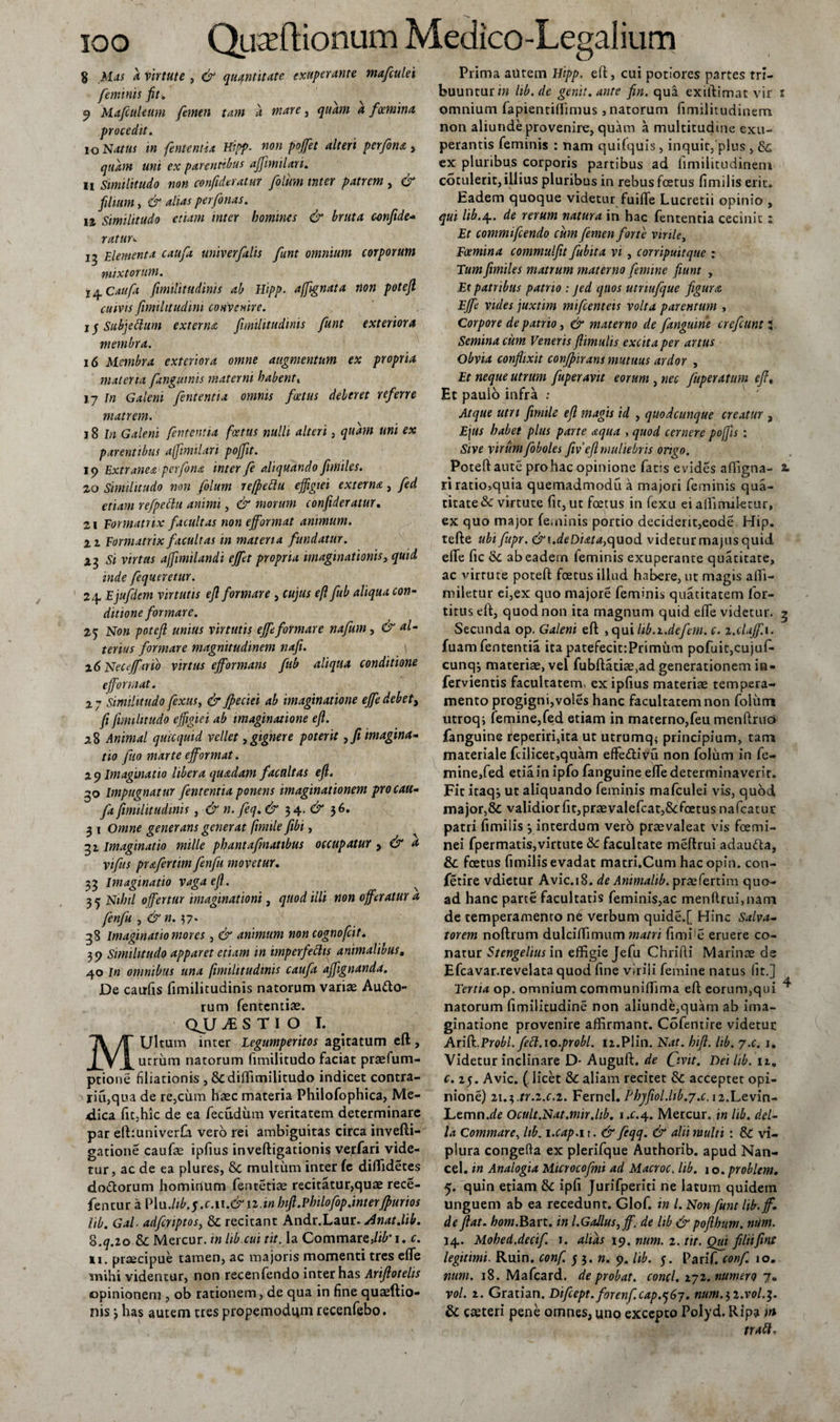 8 Mas a virtute , &amp; quantitate exuperante mafculei feminis fit. 9 Mafculetim femen tam a mare, quam a foemina procedit. 10 Natus in fententia Eipp. non poffet alteri perfona &gt; quam uni ex parentibus affimilari. 11 Similitudo non confideratur folum inter patrem , &amp; filium, &amp; alias per fonas. n Similitudo etiam inter homines &amp; bruta confide* ratun 13 Elementa caufa univerfalis funt omnium corporum mixtorum. i a. Caufa fimilitudinis ab Hipp. ajfignata non potejl cuivis fimilitudini convenire. ifSubjettum externa fimilitudinis funt exteriora membra. 16 Membra exteriora omne augmentum ex propria materia fingutnis materni babentx 17 m Galeni fententia omnis foetus deberet referre matrem. 18 In Galeni fententia foetus nulli alteri , quam uni ex parentibus affimilari poffit. 19 Extranea perfona inter fe aliquando fimiles. 20 Similitudo non folum reffiettu effigiei externa, fed etiam refpcttu animi, &amp; morum confideratur. 21 Formatrix facultas non ejfortnat animum. 12. Formatrix facultas in materia fundatur. Si virtus afjimilandi ejfet propria imaginationis, quid inde fequeretur. 24. Ejufdem virtutis efl formare , cujus efl fub aliqua con¬ ditione formare. 25 Non potejl unius virtutis ejfeformare nafum, &amp; al¬ terius formare magnitudinem naji. 26 Nece/f trio virtus efformans fub aliqua, conditione efformat. 27 Similitudo fexus, &amp; Jpeciei ab imaginatione effedebett fi fimilttudo effigiei ab imaginatione efi. 28 Animal quicquid vellet egignere poterit &gt;fi imagina¬ tio fuo marte efformat. 29 Imaginatio libera quadam facultas efi. 30 Impugnatur fententia ponens imaginationem pro cau¬ fa fimilitudinis , &amp; n. feq. &amp; 34. &amp; 36. 3 1 Omne generans generat fhmle fibi, 32. Imaginatio mille phantafmatibus occupatur &gt; &amp; a vifus pr&amp;fertim fenfu movetur. 33 Imaginatio vaga efi. 35 Nihil offertur imaginationi, quod illi non offeratur a fenfu , &amp; n. $7* 38 Imaginatio mores , &amp; animum non cognofcir. 39 Similitudo apparet etiam in imperfectis animalibus, 40 In omnibus una fimilitudinis caufa ajfignanda. De caufis fimilitudinis natorum variae Autto~ rum fententiae. QU M S T I O I. MUltum inter Legumperitos agitatum eft, utrum natorum fimilitudo faciat prsefum- ptione filiationis , &amp;dilfimilitudo indicet contra- riu,qua de re,cum haec materia Philofophica, Me- 4dica fit,hic de ea fecudiim veritatem determinare par eftmniverfa vero rei ambiguitas circa invefti- gatione caufae ipfius inveftigationis verfari vide¬ tur, ac de ea plures, &amp;c multum inter fe diftidetes doftorum hominum fentetiae recitatur,quae rece- fentur a Viu.lib.f .c.u.&amp;ii.in htft.Philofop.interfipurios lib. Gal. adfcriptos, &amp; recitant Andr.Laur. Anat.lib. 8.&lt;7.20 &amp; Mercur. in lib.cui tit. Ia Commare,//^' 1. c. n. praecipue tamen, ac majoris momenti tres efle mihi videntur, non recenfendo inter has Arifiotelis opinionem , ob rationem, de qua in fine quaeftio- nis 3 has autem tres propemodqm recenfebo. Prima autem Htpp. efi, cui potiores partes tri¬ buuntur in hb.de genit, ante fin. qua exifiimat vir s omnium fapientiffimus, natorum fimilitudinem non aliunde provenire, quam a multitudine exu- perantis feminis : nam quilquis, inquit/plus , dc ex pluribus corporis partibus ad fimilitudinem cotulerit, illius pluribus in rebus fcetus fimilis erit. Eadem quoque videtur fuiflfe Lucretii opinio , qui lib.4.. de rerum natura in hac fententia cecinit 1 Et commifcendo cum femen forte virile, Foemina commulfit fubita vi , corripuit que : Tum fimiles matrum materno femine funt , Et patribus patrio : jed quos utnufque figura Ejfe vides juxtim mifcenteis volta parentum , Corpore de patrio, &amp; materno de fanguine crefcunt 3 Semina cum Veneris fiimutis excita per artus Obvia conflixit conjpirans mutuus ardor , Et neque utrum fuperavit eorum , nec fuperatum efl. Et pauio infra ; Atque utri finale efi magis id , quodcunque creatur , E\us habet plus parte aqua , quod cernere poffiis : Sive virum foboles fiv efi muliebris ongo. Poteftaute pro hac opinione fatis e vides affigna- 2. ri ratio,quia quemadmodu a majori feminis qua¬ litate &amp;: virtute fit, ut fcetus in fexu ei aflimiletur, ex quo major feminis portio deciderit,eode Hip. tefte ubi fupr. &amp;i.deDiata,quod videtur majus quid eiTe fic Sc ab eadem feminis exuperante quatitate, ac virtute poteft foetus illud habere, ut magis afii- miletur ei,ex quo majore feminis quatitatem for- titus eft, quod non ita magnum quid elfe videtur. 3 Secunda op. Galeni eft ,qui lib.x.defem. c. z.claff.i. fuamfententia ita patefecit:Primum pofuit,cujufc cunqi materiae, vel fubftatiae,ad generationem in- fervientis facultatem, ex ipfius materiae tempera¬ mento progigni,voles hanc facultatem non folum utroq; femine,fed etiam in materno,feu menftrnd fanguine i!eperiri,ita ut utrumq* principium, tarra materiale fcilicet,quam effe&amp;ivu non folum in fe¬ mine,fed etiainipfo fanguine efle determinaverit. Fit itaqi ut aliquando feminis mafculei vis, quod major,6c validior fit, prae valefcat,&amp;:foetus nafcatur patri fimilis 3 interdum vero praevaleat vis fcemi- nei fpermatis,virtute &amp;c facultate meftrui adaufta, &amp; foetus fimilis evadat matri.Cum hac opin. con- fetire vdietur Avic.18. de Animalib. praefertim quo¬ ad hanc parte facultatis feminis,ac menftrui,nam de temperamento ne verbum quide.f Hinc Salva¬ torem noftrum dulcifiimum matri finiit eruere co¬ natur Stengelius in effigie Jefu Chrifti Marinae ds Efcavar.revelata quod fine virili femine natus fit.] Tertia op, omnium communiffima eft eorum,qui ^ natorum fimilitudine non aliunde,quam ab ima¬ ginatione provenire affirmant. Cofentire videtur ArUk.Probl. fett.io.probl. ix.Plin. Nat. hift. lib. y.c. 1. Videtur inclinare D- Auguft. de Qvit. Deihb.it, c. 25. Avie. (licet Sc aliam recitet &amp; acceptet opi¬ nione) ii.^.tr.i.c.t. Fernel. Phyfiol.hb.j.c, i2.Levin- Lemn.rff Ocult.Nat.mir.hb. i.r.4. Mercur. in lib. dei- la Commare, lib. i.cap.u. &amp; feqq. &amp; alii multi : &amp; vi- plura congefta ex plerifque Authorib. apud Nan- cel. in Analogia Microcofini ad Macroc. lib. 1 o. problem. 5. quin etiam 3c ipfi Jurifperici ne latum quidem unguem ab ea recedunt. Glof. in l. Non funt lib.ff. de fiat. hom. Bart. in l.Gallus,ff. de lib &amp; pofihum. num. 14. Mohed.decif 1. altas 19. num. 2. tit. Qui filiifint legitimi. Ruin. conf. 53. n. 9. lib. 5. Parif. conf. 10. num. 18. Mafcard. de probat, conci. 272. numero 7. vol. 2. Gratian. Difcept.forenf.cap.q6y. num.$i.vol.$. &amp; caeteri pene omnes, uno excepto Polyd. Ripa m trabi-