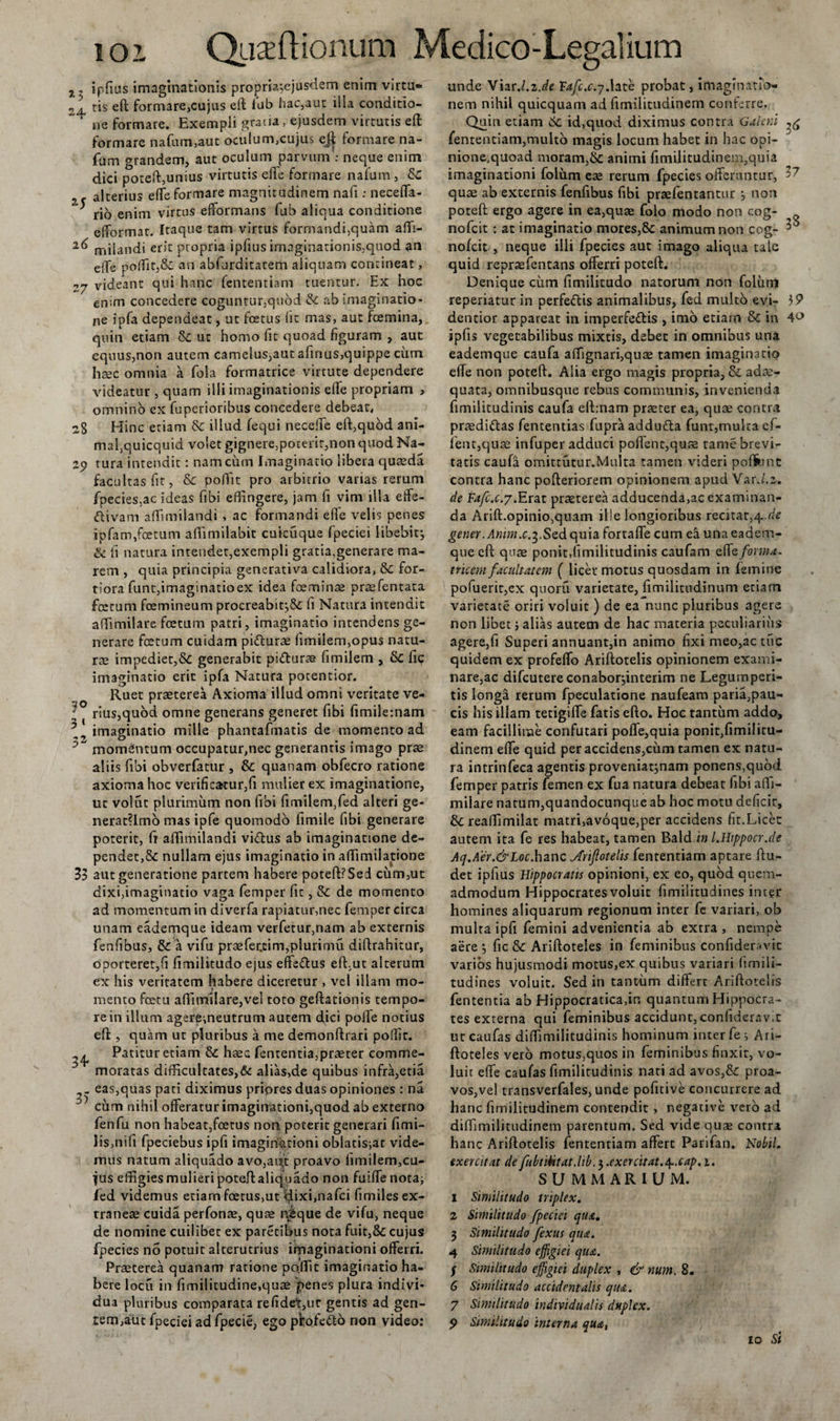 ?, ipfias imaginationis propria;ejusdem enim virtu- 2! ris eft formare,cujus eft fub hac,aut illa conditio- ne formare. Exempli gratia, ejusdem virtutis eft formare nafum,auc oculum,cujus ejf formare na- fum grandem, aut oculum parvum : neque enim dici poteft,unius virtutis efte formare nafum, &amp; alterius effe formare magnitudinem nafi; neceffa- * ri5 enim virtus efformans fub aliqua conditione efformat. Itaque tam virtus formandi,quam aflfi- 26 milandi erit propria iphus imaginationis;quod an eife poflit,&amp; an abfurditatem aliquam contineat, 27 videant qui hanc fententiam tuentur. Ex hoc enim concedere coguntur,quod &amp; ab imaginatio¬ ne ipfa dependeat, ut foetus fit mas, aut fcemina, quin etiam &amp;; ut homo fit quoad figuram , aut equus,non autem camelus,aut afinus,quippe cum haec omnia a fola formatrice virtute dependere videatur , quam illi imaginationis elle propriam , omnino ex fuperioribus concedere debeat, 28 Hinc etiam &amp; illud fequi neceffe eft,quod ani¬ mal,quicquid volet gignere,poterit,non quod Na- 29 tura intendit: namciim Imaginatio libera quceda facultas fit, &amp;c poffit pro arbitrio varias rerum fpecies,ac ideas fibi effingere, jam fi vim illa eife- «ftivam adi milandi , ac formandi ede velis penes ipfam,foetum affimilabit cuicuque fpeciei libebit; &amp; fi natura intendet,exempli gratia,generare ma¬ rem , quia principia generativa calidiora, &amp; for¬ tiora funt,imaginatioex idea feminse praefentata fetum femineum procreabit;&amp; fi Natura intendit affimilare foetum patri, imaginatio intendens ge¬ nerare fetum cuidam pi&amp;urae fimi!em,opus natu¬ rae impediet,fk. generabit pifturte fimilem , &amp; fic imaginatio erit ipfa Natura potentior. Ruet praeterea Axioma illud omni veritate ve- ; rius,quod omne generans generet fibi fimilernam \\ imaginatio mille phantafmatis de momento ad 7 momentum occupatur,nec generantis imago prae aliis fibi obverfatur , &amp; quanam obfecro ratione axioma hoc verifica£ur,fi mulier ex imaginatione, ut volut plurimum non fibi fimilem,fed alteri ge- nerat?Imo mas ipfe quomodo fimile fibi generare poterit, fr affimilandi viftus ab imaginatione de¬ pendet,&amp; nullam ejus imaginatio in aflimilatione 33 aut generatione partem habere poteft?Sed cum,ut dixi,imaginatio vaga femper fic, &amp; de momento ad momentum in diverfa rapiatur,nec femper circa unam eademque ideam verfetur,nam ab externis fenfibus, &amp; a vifu praefeccim^lurimu diftrahitur, oporteret,fi fimilitudo ejus effe&amp;us effut alterum ex his veritatem habere diceretur , vel illam mo¬ mento fetu affimilare,vel toto geftationis tempo¬ re in illum ageremeutrum autem dici poife notius eft , quam ut pluribus a me demonftrari poffit. . Patitur etiam &amp; haec fententia,praeter comme- 3 moratas difficultates,6c alias,de quibus infra,etia - eas,quas pati diximus priores duas opiniones: na cum nihil offeratur imaginationi,quod ab externo fenfu non habeat,foetus non poterit generari fimi- lis,nifi fpeciebus ipfi imaginationi oblatisjac vide¬ mus natum aliquado avo,aift proavo limilem,cu¬ jus effigies mulieri poteft aliq uado non fuiffe nota; led videmus etiam foetus,ut dixi,nafci fimiles ex¬ traneae cuida perfonae, quae n£que de vifu, neque de nomine cuilibec ex parecibus nota fuit,&amp; cujus fpecies no potuit alterutrius imaginationi offerri. Praeterea quanam ratione poffit imaginatio ha¬ bere locu in fimilicudine.quae penes plura indivi¬ dua pluribus comparata re fidet,ur gentis ad gen¬ tem,aut fpeciei ad fpecie, ego pkofetto non video: unde Viar./.z Je Tafc.c.j.htb probat, imaginatib- nem nihil quicquam ad fimilitudinern conferre. Quin etiam Sc id,quod diximus contra Galeni fententiam,multo magis locum habet in hac opi¬ nione,quoad moram,&amp;: animi fimilitudinern,quia imaginationi folum eae rerum fpecies offeruntur, -7 quae ab externis fenfibus fibi praefentantur ; non poteft ergo agere in ea,quae folo modo non c.og- nofcit : at imaginatio mores,Sc animum non cog- 3® nofcit , neque illi fpecies aut imago aliqua tale quid reprsefentans offerri poteft. Denique cum fimilitudo natorum non folum reperiatur in perfe&amp;is animalibus, fed multo evi- 39 dentior appareat in imperfettis , imo etiam &amp; in 4^ ipfis vegetabilibus mixtis, debet in omnibus una eademque caufa aflignari,quae tamen imaginario efte non poteft. Alia ergo magis propria, &amp; adae¬ quata, omnibusque rebus communis, invenienda fimilitudinis caufa eft:nam praeter ea, quae contra praedi&amp;as fententias fupra addufta funt,multa c fi¬ lent,quae infuper adduci poffent,quae rame brevi¬ tatis caufa omittutur.Multa tamen videri poffcnt contra hanc pofteriorem opinionem apud VarJ.z. de tafc.c.y.Erat praeterea adducenda,ac examinan¬ da Arift.opinio,quam ille longioribus recitat,4..de gener .Anim.c.^.SQd quia fortaffe cum ea una eadem¬ que cft quae ponit,fimilitudinis caufam effz,forma¬ tricem facultatem ( licet motus quosdam in femine pofuerit,ex qnorii varietate, fimilitudinum etiam varietate oriri voluit ) de ea nunc pluribus agere non libet; alias autem de hac materia peculiarius agere,fi Superi annuant,in animo fixi meo,ac tuc quidem ex profeffo Ariftotelis opinionem exami¬ nare,ac difcutereconabor;interim ne Legumperi- tis longa rerum fpeculatione naufeam paria,pau- cis his illam tetigiffe fatis efto. Hoc tantum addo, eam facillime confutari poffe,quia ponit,fimilitu- dinemelfe quid per accidens,cum tamen ex natu¬ ra intrinfeca agentis proveniat;nam ponens,quod femper patris femen ex fua natura debeat fibi affi¬ milare natum,quandocunque ab hoc motu deficit, &amp;: reaffimilat matri,avoque,per accidens fit.Licet autem ita fe res habeat, tamen Bald in LHippocr.de Aq.Aer.&amp;Loc.hanc jfriftotelis fententiam aptare ftu- det ipfius Hippocratis opinioni, ex eo, quod quem¬ admodum Hippocrates voluit fimilitudines inter homines aliquarum regionum inter fe variari, ob multa ipfi femini advenientia ab extra , nempe aere ; fic &amp; Ariftoteles in feminibus confideravic varios hujusmodi motus,ex quibus variari fimili¬ tudines voluit. Sed in tantum differt Ariftotelis fententia ab Hippocratica.in quantum Hippocra¬ tes exrerna qui feminibus accidunt,confideravit ut caufas diffimilitudinis hominum inter fe i Ari¬ ftoteles vero motus,quos in feminibus finxit, vo¬ luit effe caufas fimilitudinis nati ad avos,&amp; proa¬ vos,vel transverfales, unde pofitive concurrere ad hanc fimilitudinern contendit, negative vero ad diffimilitudinem parentum. Sed vide quae contra hanc Ariftotelis fententiam affert Parifan. Nobii, exercitat de fubtiktat.lib. 3 .exercitat./^..cap. 1. SUMMARIUM. 1 Similitudo triplex. 2 Similitudo fpeciei qua. 3 Similitudo fexus qua. 4 Similitudo effigiei qua. f Similitudo effigiei duplex , &amp; nurn. 8. 6 Similitudo accidentalis qua. 7 Similitudo individualis duplex. 9 Similitudo interna qua, 10 Si