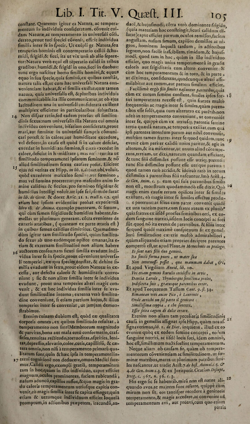 confiant. Quatenus igitur ea Natura, ac tempera¬ mentum in individuis conilderatum, covenit cui¬ dam Naturae,ac temperamento in univerfali cofi. derato,prout toti fpeciei covenit, efficit individua fimiih inter fe in fpecie. Ucexepli gr Natura,feu temperies hominis eft contemperatio calidi &amp;hu- midi, fiigidi&gt;&amp;: ficci, ita ut vix unu ab alio fepare- tur:Natura vero equi eft teperatio calidi in tribus gradibus,humidi,&amp; frigidi in uno,ficci in duobus: tunc ergo nafcitur homo fimilis homini,&amp; equus equo in fua fpecie,quia feminu,ex quibus confiat, natura talis eft,ut cum hac univerfali Natura con¬ venientiam habeat,&amp; ei fimilis exiftatiquas tamen natura, quia univerfalis eft, &amp;pluribus individuis communicabilis.ita illis communicatur,ut ob ejus latitudinem una in univerfali confiderata exiftens multiplex efficiatur in particularibus iubje&amp;ata. 14 Non difpar ratio,fed eadem prorfus eft fimilitu dinis fexusmam univerfalis illa Natura cui omnia individua conveniunt, bifariam conliderata,prout mari,aut fceminse in univerfali fumptis comuni- cari poteft.dc in calore,aut humiditate excedere, vel deficere,in caufa eft quod fi in calore deficiat, excedat in humiditate.fcemina,fi cotra excedat in calore,deficiat in humiditate 3 mas na ' atur.ita ut fimilitudo temperamenti ipforum feminum,&amp; no aliud fimiiitudinem fexus caufare poliat. Elicitur ^ ejus rei veritas ex Hipp. in lib. i.&lt;/t;D/&lt;cr.ubi.voluir, quod excedente mafculeo femi ie,aut foemineo , mas vel foemina procreetur:pro mafculeo enim fe¬ mine calidius &amp; ficcius,pro foemineo frigidius &amp;C humidius intelligi voluit,ut ipfe feipfurp declaratr in lib. de Genit. &amp; docet Avie. zi. z. tratt. 1. c.i. qui etiam hoc ipfum evidentius probat experientia libro 18. de Anima, exemplo puerorum, &amp; fenum , qui cum femen frigidius &amp; humidius habeant,fce- mellas ut plurimum generant, cocra eveniente de caeteris aetatibus , ( quantum ex parte aetatis eft ) in quibus femen calidius dimittitur. Quemadmo¬ dum igitur tam fimilitudo fpeciei, quam fimilitu¬ do fexus ab uno eodemque opifice emanat,ita e- tiam &amp;c externam fimilitudine nort alium habere jg auttorem cenfeo:nam ficuti fimilia evadunt indi¬ vidua inter fe in fpecie,prout coveninnt univerfa¬ li temperiei, ex qua fpecies .do^ftat, &amp; dehinc fi¬ milia evadunt in fexu,prout eidem Naturae in ex- ceflu , aut defe&amp;u caloris &amp; humiditatis conve¬ niunt 3 fic &amp; non aliter fimilia inter fe individua evadunt, prout una temperies alteri magis con¬ venit , &amp; ex hoc individua fimilia inter fe eva¬ dunt fimilitudine interna 3 externa vero fimilitu¬ dine conveniunt, fi etiam partium hujus,tk illius temperies inter fe conveniat ,ut jamjam demon- ftrabimus. Etenim cuinam dubium eft, quod eae qualitates corporis omnes , ex quibus fimilitudo refultat, a temperamento non fmt?Membrorum magnitudo fk: parvitas,bona aut mala eoru conformatio, craf- fities,tenuitas,re&lt;ftitudo,tortuofitas,afpriries, leni- taSjdepreffio,elevatio,eoior,cutis,capillitiu, &amp; cae- tera omnia,non nifi a temperamento primaru qua¬ litatum funt,quin 8chaec ipfa in temperamentiin- 17 terni cognitione nos deducere,omnes Medici fate- mur.Calidu ergo,exempli gratia, temperametum tam in hoc,quam in illo individuo, caput efficiet magnum,oculos prominentes, faciem rubicunda , nafum aduncu,capillos rufios,&amp;quo magis in gra¬ du caloris temperamentum utriufque capitis con¬ venit,eo magis fimilia inter fe capita effinget^quin etiam &amp; utrumque individuum efficiet loquela promptum,in a&amp;ionibus praepetem, iracundu,au- Qua?fl:. III. 1 o y dace,&amp;hujufmodij cotra vero dominante frigido^ (quia materiam hoc conftringit,ficuri calidu m di- latat)caput efficiet parvum.oculos remi(fos,faciem anguftam, nafum fimum, capillos demilfos ac ni¬ gros, hominem loquela tardum , in a&amp;ionibus fegnem,non facile irafeibilem, timidum,&amp; hujuf- modi, quod tam in hoc , quam in illo individuo efficier, quo magis unius temperamentu in gradu caloris aut frigiditatis cum altero conveniet :&amp; cum hoc temperamentum &amp; in toto, Sc in parte » ut diximus, confideretur,quodcunque alteri affi- milabitur aut totum,aut partem limilsm efficiet. Facillime ergo filii fimiles nafcuntur parentibus,quia cum ex eorum femine conftent, fimiles ipfos for- 13 tiri temperaturas neceife eft , quin fratres multo frequentius ac magis inter fe fimiles,quam paren¬ tibus elTe folet,quia cum alterutro ex parerib.non adeo in temperamento conveniunt, ut conveniut inter fe, quippe cum ex utriufq; parentis femine tertia quaeda natura,ac temperies exiiiat.cum qua ipfi parentes interdum parum aut nihil conveniut, multum tamen fratres inter fe.quodquidem,tunc 1 Q evenit ciim pariter calidu unius patitur,&amp; agit in alterum,ita mifcentur.uc unum aliud coternpe- rans,tertiam, ut dixi,naturam quandam efficiant, &amp; tunc filii diffimiles poliunt elTe utriq; parenti: tunc filii diftimiles polfunt efie utrique parenti : quod tamen rato accidit,&amp; idcirco raro in totum dilhmiles a parentibus filii nafcuntur.lmo Arift.4.. de Gen. Amni, c. 3. eum qui fuis parentibus fimilis non eft , monftrum quodammodo efie dixit.Quo lQ magis enim caufse rerum opifices inter fe fimiles exiftunt, eo magis inter fe fimiles effe&amp;us produ- e poterunttat filius cum patre convenit quide ex una tantum parte,cum fratre autem explurib* quia fratres ex iifde prorfus feminibus orti, ex eo¬ dem fanguine nutriti,iifdem locis concepti ac foti fut.quod no ita evenit de parentibus, &amp;: filiis inter; fe:quod quide maxime confpicuum fit ex gemeb loru fimilitudine careris multo admirabiliori , quam aliquando etiam proprios decipere parentes compertu eft,ut apudPlaut.n/ Menecbims m prologo:. Ei funt nati filii duo gemini. Ita jimili forma pueri , ut mater fua Non internojfe pojfet , qu£ mammam dabat } &amp;c* Et apud Virgilium JEneid. lib. 10, Vos etiam gemini Rutulis cecidifiis in arvis , Daucia Laride , ThymberqueJimillima proles, Indifcreta fuis , gratusque parentibus error. Et apud Torquatum Talium Cant. 9. fi. 34« Rimanean vivi aneor Fico , e Laurente , Onde arrichi un fol pano il genitore : Similliffima coppia , e cbe fovente. Ejfer folea cagion di dolce errore. Etenim non aliam tam peculiaris fimilitudims caufa in gemellis affignat ipfeHipp. quam nosaf 11 fignaverimusfiib. r. de Diat. inquietis , iliudexeo evenire qtioq ex eodem femine concepti, colem fanguine nutriti, ac iifde locis foti, idem omnino* hoc eft,fimillimum natti fuerint temperamentum. Neque aliam ob caufam fir, quam ob tempera¬ mentorum covenientiam ac fimiiitudinem, ut foe- minae matribus,mares ut plurimum patribus fimi¬ les nafcantur,ut tradit Arift.7 Je biJl.Antmal.c.^. Cf 4.de Gen.Anim e.3. &amp; ex Jurisperit.Gratian.D//lv/)r, irreg.c. 567. n. 56. (.3. 2S His ergo fic fe habentib.miru non eft natos ali¬ quando avos,ac majores fuos referre, quippe ciim mirum non fit, eos tantifper recedere a genitoris temperamento,&amp; magis accedere,ac convenire ad temperamentum avi, aut proavi,cum quo etiam patiis