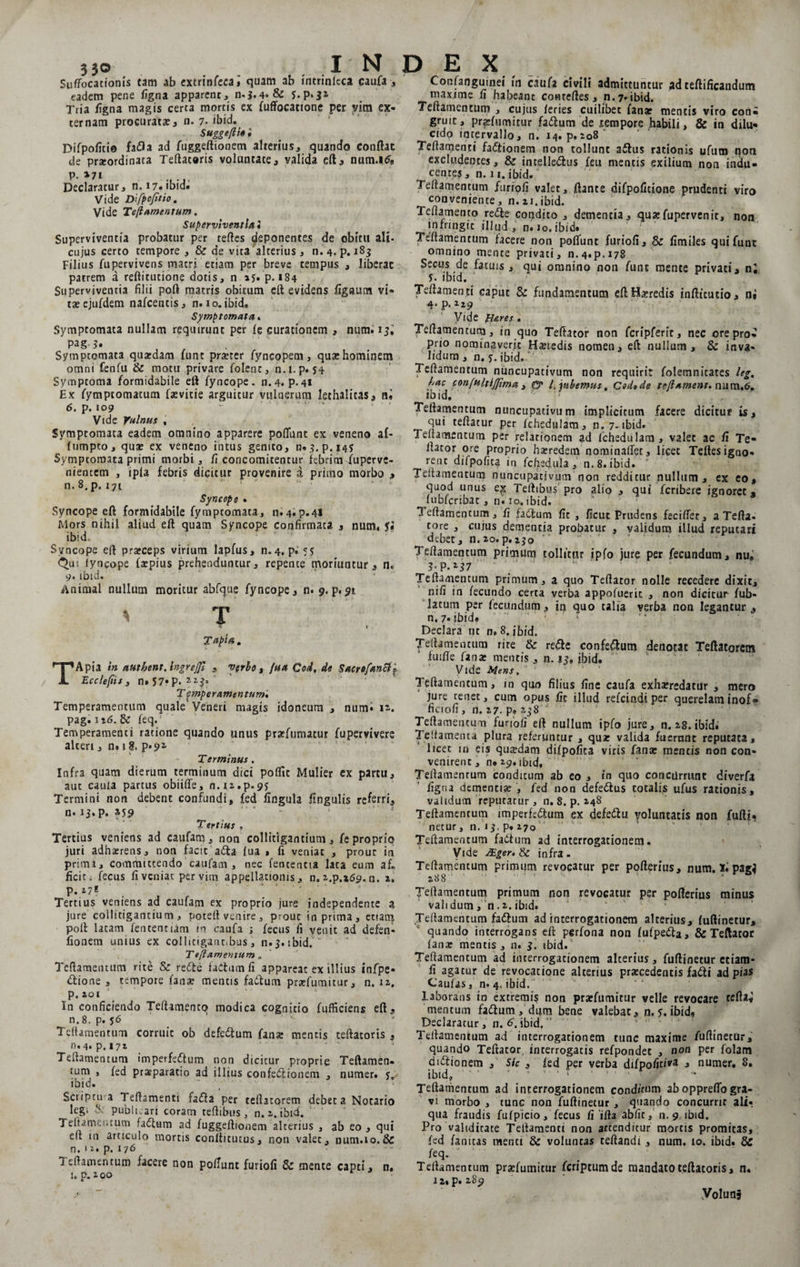 INDEX 33° Suffocationis tam ab extrinfeca, quam ab intrinfeca caufa eadem pene figna apparent, 5.p»3* Tria figna magis certa mortis ex fuffocatione per vitn ex¬ ternam procuratae, n. 7. ibid. Suggeftte i Difpoficio fafla ad fuggeftionem alterius, quando conflat de prxordinata Teftatoris voluntate, valida eft, num.itfs p. »71 Declaratur, n. 17. ibid» Vide Difpofetio. Vide Teftamentum. Superviventia * Superviventia probatur per tefles deponentes de obitu ali- cujus certo tempore , &amp; de vita alterius, n. 4. p. 183 Filius fupervivens matri etiam per breve tempus , liberae patrem a reftitutione dotis, n »5. p. 184 Superviventia filii poft matris obitum eft evidens figaum vi¬ tae ejufdem nafcencis, n. io.ibid. Symptomata. Symptomata nullam requirunt per fe curationem , numi 13; Pagj. Symptomata quardam lunt praeter fyncopem, quae hominem omni fenfu &amp; motu privare folent, n.i.p. 54 Symptoma formidabile eft fyncope. n.4. p. 41 Ex fymptomatum faevitie arguitur vulnerum lechalitas, ni 6. p. 109 Vide Vulnus , Symptomata eadem omnino apparere poffunt ex veneno af- furnpto, quae ex veneno intus genito, n*3. p. 145 Symptomata primi morbi, fi concomitentur febrim fuperve- niencem , ipfa febris dicitur provenire a primo morbo , n. 8, p. 171 Syncope » Syncope eft formidabile fymptomata, n.4»p.4l Mors nihil aliud eft quam Syncope confirmata , nutn, ibid. Syncope eft praeceps virium lapfus, n.4. p. 55 Qu; lyncope faepius prehenduntur, repente moriuntur, n. 9. ibid. Animal nullum moritur abfque fyncope, n. 9. p.91 TapU. TApia In autbent.lngrejjl , Vfrbo, Jua Cod. de SacrefanSii Ecclefiis , n.57»?*22^ T empe ramen tum• Temperamentum quale’Veneri magis idoneum, num< n. pag. \t6. &amp; feq.: Temperamenti ratione quando unus prxfumatur fupervivere alteri, n. s 8. p«y2 Terminus. Infra quam dierum terminum dici polfic Mulier ex partu, aut caula partus obiiffe, n.n.p.95 Termini non debent confundi, fed lingula lingulis referri, n. 13. p. 259 Tectius , Tertius veniens ad caufam , non collitigantium, fe proprio juri adhaerens, non facit ada lua * fi veniat , prout in primi, committendo caufam, nec fententta lata eum ah ficit. fecus fi veniat per vim appellationis, n. i.p.xtJc). n. x, p. t7* Tertius veniens ad caufam ex proprio jure independente a jure collitigantium , poteft venire, prout in prima, etiam poft latam fencentiam in caufa ; fecus fi venit ad defen- fionem unius ex collitigant.bus , n.3. ibid. Teftamentum „ Teftamentum rite &amp; rette iaihim fi appareat ex illius infpe* ttione , tempore fanae mentis fatlum pratfumitur, n. 12, p. 201 In conficiendo Tefhmento modica cognitio fufficiens eft, n. 8. p. 56 ‘leftamentum corruit ob defedtum fana mentis teftatoris , n.4. p. 171 Teftamentum imperfectum non dicitur proprie Teftamen¬ tum , fed prsparatio ad illius confedtionem , numer. j„ ibid. \ ' Scriptu a Teftamenti fafta per teftatorem debet a Notario leg> &amp; publicari coram teftibus, n. a. ibid. l' ' Teliamentum fa<ftum ad fuggeftionem alterius , ab eo , qui eft m articulo mortis conftitucus, nou valet, num.io.&amp; n. i a. p. 176 Teftamentum facere non poffunt furiofi &amp; mente capti, n. 1. p. a 00 Confanguinei in caufa civili admittuntur adteftificandum maxime fi habeant conreftes, n. 7. ibid. Teftamentum , cujus leries cuilibet fanar mentis viro coni gruit, prarfumitur fadlum de tempore piabili, &amp; in dilu- eido intervallo, n. 14. p.208 Teftamenti fa&amp;ionem non tollunt aftus rationis ufum qoti excludentes, &amp; intelledus feu mentis exilium non indu¬ centes , n. 11. ibid. Teftamentum furiofi valet, ftanre difpofitione prudenti viro conveniente, n. 21.ibid. Teflamento rette condito , dementia, quaefupervenit, non infringit illud , n. io.ibid. Teftamentum facere non poffunt furiofi, &amp; fimiles quifunt omnino mente privati, n.4.p.i78 Secus de fatuis , qui omnino non funt mente privati, n; S. ibid. Teftamenti caput &amp; fundamentum eft Heredis infticutio, ni 4. p. 129 Vide fUres . Teftamentum, in quo Teftator non fcripferit, nec ore pro¬ prio nominaverit Haetedis nomen, eft nullum, &amp; inva¬ lidum, n. y. ibid.“ Teftamentum nuncupativum non requiri: folemnitates leg. hac confultljfima , gj» (jubemus, Cod* de teftament. num.6. ibid. ' Teftamentum nuncupativum implicitum facere dicitur is, qui teftatur per fchedulam, n. 7. ibid. Teftamentum per relationem ad fchedulam, valet ac fi Te- llator ore proprio ha?redem oominaffec, licet Tefles igno¬ rent diipofita in fchedula , n. 8. ibid. Teftamentum nuncupativum non redditur nullum, ex eo, quod unus Teftibus pro alio , qui feribere ignoret, lubfcribat, n. 10. ibid. Teftamentum, fi fadtum fit , ficut Prudens feciffet, a Tefta. tore , cujus dementia probatur , validum illud reputari debet, n. 20. p. 230 ’' Teftamentum primum tollitur ipfo jure per fecundum, nu. 3’ P- z37 Teftamentum primum, a quo Teftator nolle recedere dixit, nifi in fecundo certa verba appofueric , non dicitur fub- latum per fecundum, in quo talia verba non legantur , n. 7»ibid. Declara ut n. 8. ibid. Teftamentum rite &amp; re<fte confeftum denotat Teftatorem fuiffe fana: mentis , n. 13. ibid. Vide Mens, Teftamentum, in quo filius fine caufa exheredatur , mero jure renet, cum opus fit illud refeindi per querelaminof® ficiofi, n. 27. p» 238* Teftamentum furiofi eft nullum ipfo jure, n. 28. ibidi Testamenta plura referuntur , qua: valida fuerunt reputata, licet in eis quadam difpofita viris fana: mentis non con¬ venirent , n. 29. ibid, Teftamentum conditum ab eo , in quo concurrunt diverfa figna dementia:, fed non defe&amp;us totalis ufus rationis, validum reputatur, n. 8. p. 248 Teftamentum imperfedhim ex defedlu voluntatis non fulti» netur, n. 13, p. 270 Teftamentum fadtum ad interrogationem. Vide JEger» &amp; infra. Teftamentum primum revocatur per pofterius, num. xi pagi 288  ' ! Teftamentum primum non revocatur per pofterius minus validum, n.2. ibid. Teftamentum fadtum ad interrogationem alterius, fuftinetur, quando interrogans eft perfona non fufpetfta, &amp; Teftator lana: mentis , n. 3. ibid. Teftamentum ad interrogationem alterius, fuftinetur etiam- fi agatur de revocatione alterius prascedentis fafti ad pias Caulas, n. 4. ibid. * laborans in extremis non pra:fumitur velle revocare teft*v mentum fa&amp;um, dum bene valebat, n. y. ibid» Declaratur, n. 6*.ibid. Teftamentum ad interrogationem tunc maxime fuftinetur, quando Teftator interrogatis refpondet , non per folam di&amp;ionem , Sic , isd per verba difpofitiva , numer. 8. ibid, ' ' “ ' ' ’ ‘ - Teftamentum ad interrogationem condirum ab oppreffogra¬ vi morbo , tunc non fuftinetur , quando concurrit ali« qua fraudis fufpicio, fecus fi ifta abfit, n. 9 ibid. Pro validitate Teftamenti non attenditur mortis promitas, fed fanitas menti &amp; voluntas teftandi , num. 10. ibid. 8C fe q, Teftamentum prasfumitur feriptumde mandato teftatoris, n» 12, p. 289 Volunj