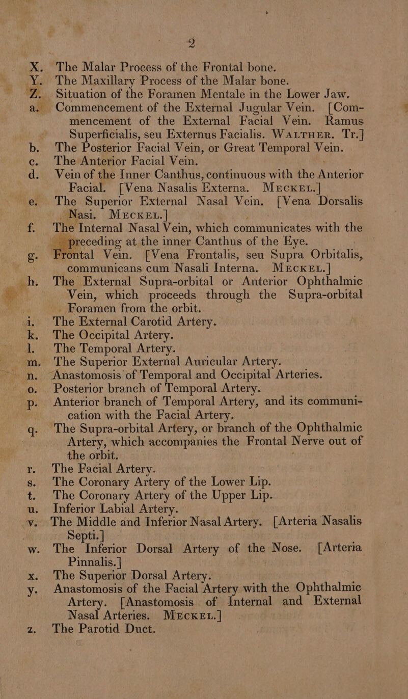 “Se eee ae ¢9 4 2 The Malar Process of the Frontal bone. The Maxillary Process of the Malar bone. Situation of the Foramen Mentale in the Lower Jaw. mencement of the External Facial Vein. Ramus Superficialis, seu Externus Facialis. WaLruer. Tr.] The Posterior Facial Vein, or Great Temporal Vein. The Anterior Facial Vein. Vein of the Inner Canthus, continuous with the Anterior Facial. [Vena Nasalis Externa. MercKEL.] The Superior External Nasal Vein. [Vena Dorsalis Nasi, MeEcKEL.] aN The Internal Nasal Vein, which communicates with the __ preceding at the inner Canthus of the Eye. communicans cum Nasali Interna. MEeECcCKEL.| The External Supra-orbital or Anterior Ophthalmic Vein, which proceeds through the Supra-orbital _ Foramen from the orbit. The External Carotid Artery. The Occipital Artery. The Temporal Artery. Anastomosis of Temporal and Occipital Arteries. Posterior branch of Temporal Artery. Anterior branch of Temporal Artery, and its communi- cation with the Facial Artery. The Supra-orbital Artery, or branch of the Ophthalmic Artery, which accompanies the Frontal Nerve out of the orbit. ' The Facial Artery. The Coronary Artery of the Lower Lip. The Coronary Artery of the Upper Lip. Inferior Labial Artery. The Middle and Inferior Nasal Artery. [Arteria Nasalis Septi.] — The Tr deesiok Dorsal Artery of the Nose. [Arteria Pinnalis. | ie The Superior Dorsal Artery. Anastomosis of the Facial Artery with the Ophthalmic Artery. [Anastomosis of Internal and External Nasal Arteries. MECKEL. | The Parotid Duct.