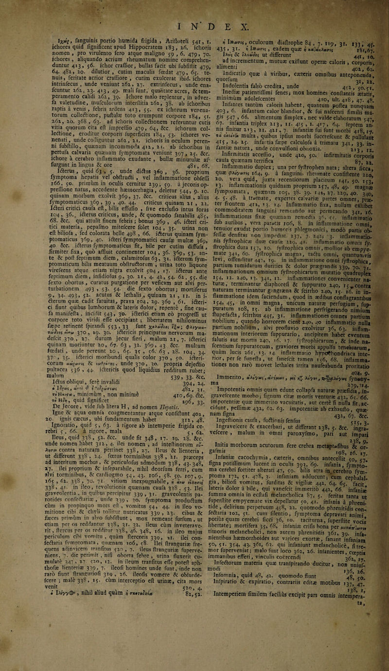 Ιχάξ, fanguinis portio humida frigida , Arifloteli 54Γ, r. ichores quid fignificent apud Hippocratem 183, 26. ichoris nomen , pro virulento fero atque maligno 59,6. 479, 70. ichores, aliquando acrium rheumatum nomine comprehen¬ duntur 413, 56. ichor crafiior, bullas facit ubi fubfiflit 479, 64. 481, 20. dilutior, cutim maculis foedat 479, 6$. te¬ nuis, feritate acrior craffiore , cutim exulcerat ibid. ichores intrinfecus , unde veniunt 262, 27. extrinfecus , unde ena- fcuntur 262, 23. 413, 49. mali funt, qualitate acres, &tem- peramento calidi 262, 39. Ichore malo replentur, in adver- fa valetudine, niufculorum interflitia 262, 38. ab ichoribus raptis a venis , febris ardens 413, 55. ex ichorum venena¬ torum colkftione, pullulae toto erumpunt corpore 184, 5Γ. 262, 20. 368 , 63. ad ichoris collcdlionem referuntur cutis vitia quorum cita eit impreffio 479, 64, &c. ichorum col- ledione, eroditur corporis iuperficies 184, 53. ichores ve¬ nenati, unde colliguntur 262, 21. ichoris in oculum peren¬ ni fubiiillo, quaenam incommoda 412, 21. ab ichoribus in pertufa calvaria qusnam fymptomata veniunt 397 , 25. &c. ichore a cerebro inflammato exudante , bullae minutulae af- furgunt in lingua 3c ore 481, 68. l&erus, quid 63 , 5. unde didhts 369 , 36. proprium fymptoma hepatis vel obflrudi , vel inflammatione obfefii 166, 50. primum in oculis cernitur 239 , 39. a jecoris op- preffione natus, accedente haemorrhagia, deletur 544, 9. 10. quinam morbum exolvit 369, 37. &c. criticus alius , alius fymptomaticus 369, 39 , 40. 44. criticus quinam 2r , 22. Idleri critici caufa e(l, bilis efFufio , iive exclufio intus foras 104, 36., iderus criticus, unde, ik quomodo fanabilis 485, 68. &c. qui attulit finem febris; bonus 369 , 46. idteri cri¬ tici materia, pepafmo mitefcere folet 104, 35. urina non eit biliofa , fed colorata belle 498 , 66. iderus quinam fym¬ ptomaticus 369, 40. idteri fymptomatici caufs multae 369, 40 &c. iilerus fymptomaticus fit, bile per cutim diffufa , firmiter fixa, quo affluit continenter 104 , 36. 369, 53. an¬ te & poli feptimum diem, calamitofus 63, 31, idterum fym- ptomaticum bilis meatuum obllrudtorum , urina toto liquore virefeens atque etiam nigra exolvit 304, 17. idterus ante feptimum diem, infidiofus 9, 30. 21, 4. 42, 54. 62, 53. die fexto obortus , curatus purgatione per veficam aut alvi per¬ turbationem 493 , 33. 34. die fexto obortus; mortiferus 9, 34. 493, 52. acutus & lethalis^ quinam 21 , ir. in i- dterum quae cadit fatuitas, prava 104, 29. 369 , 61. idteri- ci fiunt quibus lumborum & lateris dolor, repente , fine cau¬ fa manifelta . incidit 343, 30. idterici etiam eo progreffi ut corpore toto viridi efle occipiant ; libertatem nihilominus fiepe retinent fpirandi 353, 33 funt χολάλες «!*; <j Ά·ω 370, tq. 30. iftericis principatus nervorum ma- defcit 370, 27. durum jecur fieri, malum 2t, 7. idlerici quinam moriuntur 20, 67. 63 , 32. 369, 43 &c. multum foedati , unde pereunt 20, 63. 33 , 36. 63 , 28. 104, 34. 370, 33. idlerici moribundi qualis color 370, 30. idieri- corum αώξαο-ΐς ik «idPaeiji;, unde37o, 30. propria dejedlio pultacea 336 , 44. idlericis quod liquidius redditum rubet,- malum ^ 539, 33. Ikc. Idlus obliqui, fere invalidi 394, 24. cl^aq,cliu 482, 31. τοΗκ/5-ο!, minimum , non minime 440,69. dic. 70 Ηiu, quid fignificet 2p6, 33. De Jecore, vide fub litera H , ad nomen Hepatis. Igne ik aqua omnia coagmentantur atque confiilunt 402, 20. ignis caecus , ubi fundamentum habet 312, 48. Ignoratio, quid 3, 63. a rigore ab intemperie frigida ce¬ rebri 3 , 66. a rigore, mala 62. Ileus, quid 338, 52. (kc. unde fit 348, 17. 19. 28. &c. unde nomen habet 312, 4. ilei nomen , ad inteilinorum ei'- Avo-i» contra naturam pertinet 338, 27. Ileus & lienteria, ut differunt 338, 24. foetus torminibus 338, 'u. prsceps ad interitum morbus, ik periculofus admodum 338, 43.348, 27. ilei proprium & infeparabile, nihil deorfum ferri, cum alvi torminibus, & cardiogmo 34, 43. 106, 58. 39. 107,9. 163 , 62. 338, 70. 71 vitium inexpugnabile, i άλΐης 338, 4i. in ileo, revolutionis quaenam caufa 348, 33. Ilei graveolentia , in quibus percipitur 339 , 31. graveolentis ca¬ rotides confeflaris , unde 339 , 70. fymptoma produdliim cum in propinquo mors eit , vomitus 54, 44. in ileo vo¬ mitione cibi & chyli tollitur nutricatus 330 , 23. cibus & faeces primum in alvo fubfiilunt , mox remeant furfum , ut etiam per os reddantur 338, 31. 32. ileus cum inveterave¬ rit, Itercus per os redditur 438, 46. 348, 16. in ileo majus periculum cibi vomitu , quam itercoris 330, 21. ilei con- iedtaria fvmptomata, cmsenam 106, c8. Ilei flranguris fre¬ quens adinvicem rranfitus 320, 7. ileus flranguris fuperve- niens, 7. die perirnit , nifi oborta febre, urina fluxerit cu¬ mulate 347 , .27· <r-o, 12. in ileum tranfitus effe poteft aph- thofae lienteriae 379, 7· ileofi homines unde funt, inde non raro fiunt flranguriofi 319, 26. ileofis vomere Ik oWurde- icere ; male 338, 13. cum interceptio eil urinae, cita mors venit v 520, 4. • , nihil aliud quam ί rxtnhits 82,52. i Ι»«τί{, oculorum diafirophe 84 , 7. 119, 31. 133, ^ 43$ \ 3Γ· > i Ι*»β·/ί, eadem quae i *«?ο5Χλατ·/5 181,67! IAt»ς & Ιλνύίΐες ut differunt ad incrementum, mutuae exiflunt operae caloris , corporis, alimenti _ 402, 6u Indicatio quae i viribus, caeteris omnibus anteponenda quotfum 3I> Indolentia falso credita, unde 4^2, 50.31. Inediae patientiffimi fenes; mox homines conflantis statis* minimum adolefcentes 410, ult.418, 47. 4«! Infames tantum caloris habent, quantum poflea nunquam 403, 6. infantum calor blandior, & fui nafcenti fimilis ma¬ gis 547 , 66. alimentum fimplex, nec valde elaboratum 54- 67. infantia triplex 243, 11. 415 , 1. 417, 64. leptem an-’ ms nnitur 213, 24. 41Γ, 7. infantis fui funt morbi 418,17. M multa, quibus ipfius morbi fuccrefcunt & pullulant 415, 24. 25. infartis fspe calculofa a trimatu 341, 33. in¬ fantis natura, unde convulfioni obnoxia. *'3, 12. Infirmitatis acceffio, unde 420, 50. infirmitatis corporis caula qusnam terrifica 87> Iz Inflammatio duplex; una per fyflrophen nata; altera ficcaj qus φλίγατίς 164, 9. a fanguini, rheumate confidente 220’ 20. vera quid, juxta recentiorum placitum 14Γ, 50. 153) 13. inflammationis quidnam proprium 257, 48, 49. magns fymptomata, qusnam 105, 38. 39. 141,27.229,40. 340, 4· 5· 48· a tr^mate, expertes calvaris partes omnes, prs! ter frontem 4η, 13. 14. Inflammatio fixa, nullam exhibet commoditatem (anguini remtando aut permeando 341, 16. inflammationis fixs qusnam remedia 36, inflammatio fub auribus , vera paratis 106, 8. in inflammatione omni, tenuior exudat portio humoris phlegmonici, modo partis ob! feffs denfitas non impediat. 237, 7. 242, 3. inflammatio¬ nis fyflrophics dus caufs 229, 41. inflammatio omnis fy- flrophica dura 157, 20. iyflrophica omnis, mollior ab empye¬ mate 341, 60. fyflrophica magna, tadlu omni, quantumvis levi , offenditur 447, 19. in inflammatione omni fyflrophica partium tumidarum durities & dolor prsgrandis 339, 70. inflammationum omnium fyftrophicarum mutatio quadruplex 154, 12. 240, 13. 341, 12. inflammationes convenienter na- turs, terminantur diaphorefi & fuppurato 240, 15, contra naturam terminantur g?ngrsna & fcirrho 240, 13. ιόΤ in in¬ flammatione idem faciendum, quod in sdibus conflagrantibus 154» 45» in omni magna, unicum naturs perfugium, fup- puratum 108, 15. ab inflammatione perfrigerando nimium flupefadla, fcirrhus 445, 31. inflammationes omnes partium nobilium, quando horrorem cient 240, 40 inflammatio nulla partium nobilium, alvi profluvio exolvitur 36, 63. inflam¬ mationum interiorum fuppurario, ancipitem habet eventum falutis aut mortis 240, 16. 17. fyflrophicarum, & inde na- fcentium fuppuratorum, graviores morbi appulfu tenebrarum, quam lucis 26Γ, 13. 14 inflammatio hyncrthondriaca inte¬ rior, per fe funefta , ut fanefcit tamen 136, 68. inflamma¬ tiones non raro movet lethales irrita naufeabunda proritatio Immerito, κλ^γας , α,σχμαε , μ% >ζ, λόγβν, tir-^λόγωζ fytiany- 17 9*7,4· Impotentia omnis quam edunt collapfa naturs prsfidia, in- gravelcente morbo| fignum cits mortis venturs432, 6ς. 66. impotentis qus immerito vacuitatis, aut certe fi nulla fit,ac¬ cidunt, peflims 432, 62. 63. impotentis ab exhaufio, qus- nam figna 432, 67. &c. Ingeftionis caufa , flnflinnis fenfus 5Ir , Ingravefcere & exacerbari, ut differant 238, 5. &c. ingra- vefcere , malum in omni paroxyfmc, pari aut impari τ · · , 238, 9. Initia morborum acutorum fere crebra metapufibus & or- Saim;s . ' . . . >98, 16. .7. Iniams cacochymia, csteris, omnibus antecellit 50, 57. figna potiffimum lucent in oculis 393, 69. infania, fympto¬ ma cerebri fortiter alterati 47, 59. bilis atra in. cerebro fym¬ ptoma 172, 51. 478, 3. infaniam adducunt; cum cephalal¬ gia, biliofi vomitus, furditas & vigilis 442, 64. 63. facit lateris dolor a bile, qui vanefcit immerito 442, 66. infaniae fumma omnia in ecftafi melancholica 87,· 3. feritas tanta ut fuperflite empyemate vix depellatur 30, 41. infania a phreni¬ tide, delirium perpetuum 458, 22. quomodo phrenitidis con- fedlaria 102, 51. cum filentio, fymptoma depravati animi potius quam cerebri ficci 36, 10. taciturna, fuperflite vocis libertate; mortifera 35, 68, infanis crifis bona per μι·ζύπιύ)?„ timoris melancholici, non autem phrenitidis 361, 39. jnfa. nientibus hsmorrhoides aut varices exorts, fanant infaniam 5°, 51. 354, 43. 361, 63. qui infaniunt melancholice, fi tre¬ mor fuperveniat; malo funt loco 362, 26. inianientes, cceptis immanibus efferi, vinculis coercendi j7 Infedlorum materia qus tranlpirando ducitur, non uniuf- m°di Infomnia, quid 48, 42. quomodo fiunt rQ\ lnfpiratio & expiratio, contrariis edits motibus 137,’ 47! j j Intemperiem fimilem facilius excipit pars omnis intempera¬ ta.