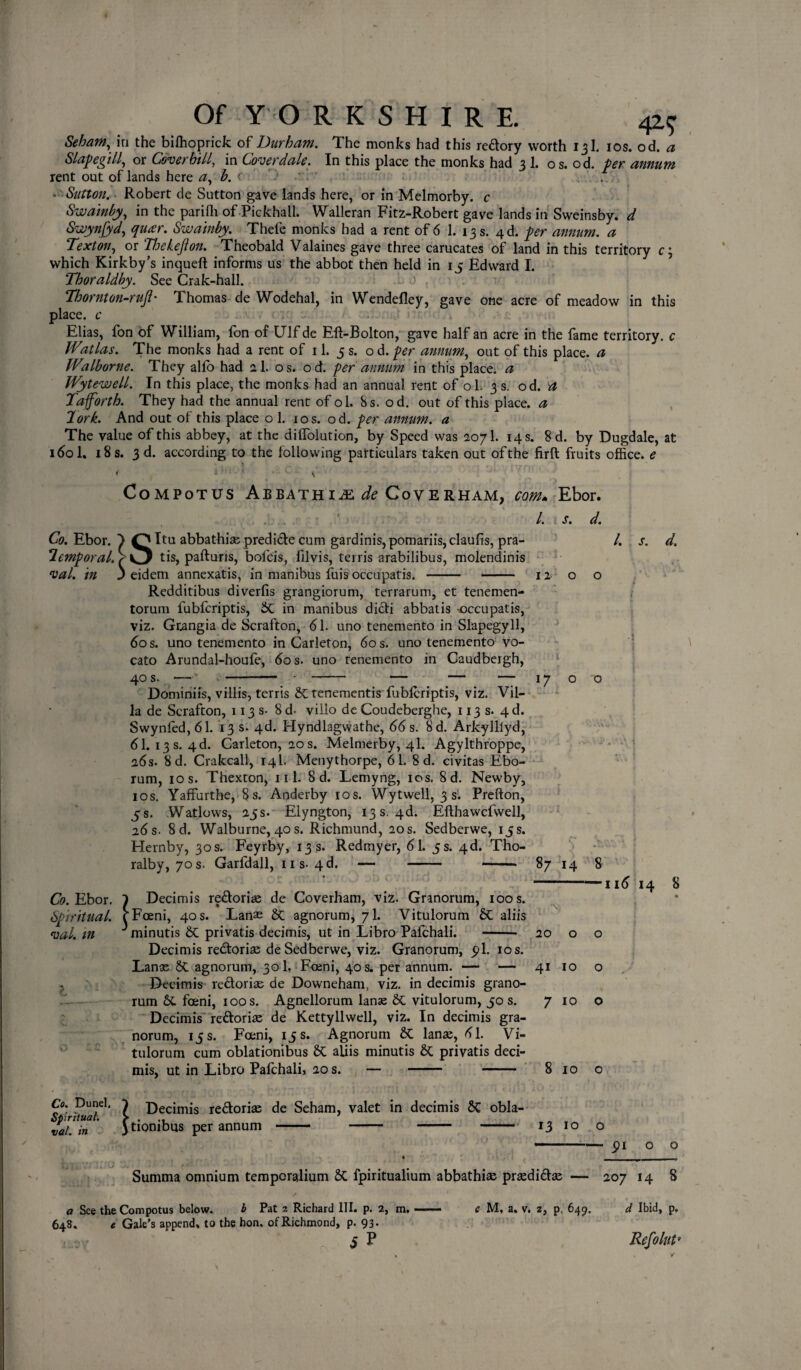 429 Seham, in the biffioprick of Durham. The monks had this redory worth 131. 10s. od. a Slap eg ill, or Goverhill, in Coverdale. In this place the monks had 3 1. os. od. per annum rent out of lands here a, b. . - Sutton. Robert de Sutton gave lands here, or in Melmorby. c Swainby, in the pariffi of Pickhall. Walleran Fitz-Robert gave lands in Sweinsby. d Swynfyd, quar. Swainby. Thefe monks had a rent of 6 1. 13 s. 4d. per annum, a Text on, or Tljekefton. Theobald Valaines gave three carucates of land in this territory which Kirkby’s inqueft informs us the abbot then held in 15 Edward I. 'Thoraldby. See Crak-hall. •- 0 . - Thornton-ruft• Thomas de Wodehal, in Wendefley, gave one acre of meadow in this place, c Elias, fon of William, Ion of Ulf de Eft-Bolton, gave half an acre in the fame territory, c Wat las. The monks had a rent of 11. 5 s. od. per annum, out of this place, a Walborne. They alfo had 21. os. od. per annum in this place, a Wytewell. In this place, the monks had an annual rent of ol. 3 s. od. ^ Tafforth. They had the annual rent of ol. 8 s. od. out of this place, a Jork. And out of this place o 1. 10s. od. per annum, a The value of this abbey, at the diffolution, by Speed was 2071. 14 s. 8 d. by Dugdale, at idol. 18 s. 3d. according to the following particulars taken out of the firft fruits office, e Compotus AebathiuE de Coverham, com» l. Ebor. d. s. Co. Ebor. temporal, val. in Situ abbathise predide cum gardinis,pomariis,claufis, pra- tis, pafturis, bofeis, filvis, terris arabilibus, molendinis eidem annexatis, in manibus fuis occupatis. - - 12 Redditibus diverfis grangiorum, terrarum, et tenemen- torum fubferiptis, St in manibus didi abbatis -occupatis, viz. Grangia de Scrafton, dl. uno tenemento in Slapegyll, dos. uno tenemento in Carleton, dos. uno tenemento vo- cato Arundal-houfe, dos. uno tenemento in Caudbergh, 40 s. — -— • - — — — 17 Dominiis, villis, terris St tenementis fubferiptis, viz. Vil¬ la de Scrafton, 113 s- 8d« viilo de Coudeberghe, 113 s. 4d. Swynfed, dl. 13 s. 4d. Hyndlagwathe, 66 s. 8d. Arkylllyd, dl. 13 s. 4d. Carleton, 20 s. Melmerby, 4I. Agylthroppe, 2ds. 8 d. Crakcall, 14I. Menythorpe, 61. 8 d. civitas Ebo- rum, 10 s. Thexton, ill. 8 d. Lemyng, ics. 8 d. Newby, 10s. Yaffurthe, 8s. Anderby 10s. Wytvvell, 3 s'. Prefton, js. Watlows, 25s. Elyngton, 13s. 4d. Efthawcfwell, ids. 8 d. Walburne, 40 s. Richmund, 20s. Sedberwe, 15s. Hernby, 30s. Feyrby, 13s. Redmyer, d 1. 5s. 4d. Tho- ralby, 70s. Garfdall, iis- 4d. — -— — Co. Ebor. 1 Decimis redorias de Coverham, viz. Granorum, 100 s. Spiritual. rFoeni, 40 s. Lanae St agnorum, 7I. Vitulorum St aliis val. in J minutis St privatis decimis, ut in Libro Pafchali. - Decimis redoriae de Sedberwe, viz. Granorum, pi. 10s. 20 /. s. d. ! 87 14 8 1 id 14 8 Lanae St agnorum, 301. Foeni, 40 s. per annum. — — 41 10 o Decimis redorias de Downeham, viz. in decimis grano¬ rum St feeni, 100 s. Agnellorum lanas St vitulorum, 50 s. 7 10 o Decimis redorias de Kettyllwell, viz. In decimis gra¬ norum, 15s. Foeni, 15 s. Agnorum St lanas, dl. Vi¬ tulorum cum oblationibus St aliis minutis St privatis deci¬ mis, ut in Libro Pafchali, 20 s. — 8 10 Co. Dunel. 1 Decimis redorias de Seham, valet in decimis St obla- Spiritual* > . val. in JtlODlbus per annum - - - -— *3 10 pi Summa omnium temperalium St fpiritualium abbathias prsedidse — 207 14 8 a See the Compotus below. b Pat 2 Richard III. p. 2, m. —— c M, a, v. z, p. 649. d Ibid, p, 648. e Gale’s append, to the hon. of Richmond, p. 93. 5 P RefoluP
