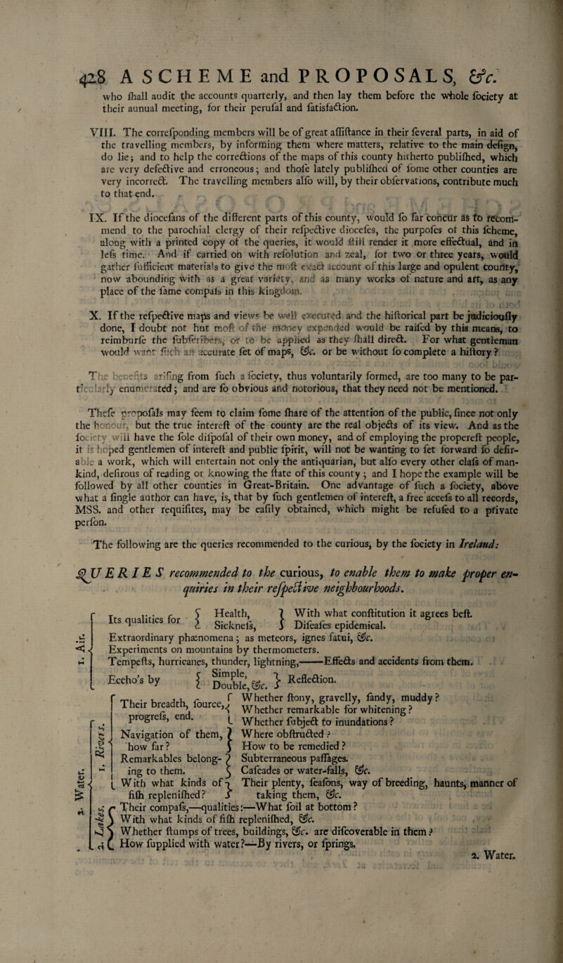 who fhall audit the accounts quarterly, and then lay them before the whole fociety at their annual meeting, for their perufal and fatisfa&ion. VIII. The correfponding members will be of great afiiftance in their feveral parts, in aid of the travelling members, by informing them where matters, relative to the main defign, do lie; and to help the corre&ions of the maps of this county hitherto publilhed, which are very defe&ive and erroneous; and thofe lately publifheci of iome other counties are very incorred. The travelling members alio will, by their obfervations, contribute much to that end. .'i _ »* • 1 N * IX. If the diocelans of the different parts of this county, would lb far concur as fo recom¬ mend to the parochial clergy of their relpcdive dioceles, the purpofes ot this lcheme, along with a printed copy of the queries, it would ftiil render it more effectual, and in lefs time. And if carried on with refolution and zeal, lot two or three years, would gather lufficient materials to give the moft exact account of this large and opulent County, now abounding with as a great variety, and as many works of nature and art, as any place of the fame compals in this kingdom. - v a 211 iO liJOu X. If the refpe&ive maps and views be well executed and the hiftorical part be judicioufly done, I doubt not hut mofi of the money expended would be raifed by this means, to reimburle the fubferibers, or to be applied as they ftiall dired. For what gentleman would want fvi h an accurate fet of maps, &c. or be w ithout fo complete a hiftory ? The benefits arifing from fuch a icciety, thus voluntarily formed, are too many to be par¬ ticularly enumerated; and are lb obvious and notorious, that they need not be mentioned. Thefe p^opoials may leem to claim fome lhare of the attention of the public, fince not only the honour, but the true intereft of the county are the real obje&s of its view'. And as the loc-ety will have the foie difpofal of their own money, and of employing the propereft people, it is hoped gentlemen of intereft and public fpirit, will not be wanting to fet forward fo defir- ahle a work, which will entertain not only the antiquarian, but alfo every other clals of man¬ kind, defirous of reading or knowing the ftate of this county ; and I hope the example will be followed by all other counties in Great-Britain. One advantage of fuch a lociety, above what a lingle author can have, is, that by fuch gentlemen of intereft, a free accefs to all records, MSS. and other requifites, may be eafily obtained, which might be refuted to a private per Ion. The following are the queries recommended to the curious, by the fociety in Ireland: E R IE S recommended to the curious, to enable them to make proper en¬ quiries in their refpettive neighbourhoods. Its qualities for < < Health, 7 With what conftitution it agrees belt Sicknels, 1 Difeafes epidemical. Extraordinary phenomena; as meteors, ignes fatui, &c. Experiments on mountains by thermometers. Tempefts, hurricanes, thunder, lightning,-Effe&s and accidents from them. Doubk,^. } Refleaion‘ Eccho’s by 1 • ** 0$ <D Whether ftony, gravelly, fandy, muddy? Whether remarkable for whitening ? Whether fubjeft to inundations ? Where obftru&ed ? How to be remedied ? Subterraneous paflages. Cafcades or water-falls, &c. Their plenty, feafons, way of breeding, haunts, manner of taking them, &c. Their compafs,—qualities:—What foil at bottom? With what kinds of fifh replenilhed, Whether ftunrps of trees, buildings, are difcoverable in them? How fupplied with water ?-;-By rivers, or lprings. Their breadth, fource,^ progrels, end. , Navigation of them, ? how far ? 3 Remarkables belong- 7 ing to them. y With what kinds of-> filh replenilhed? J 2. Water.