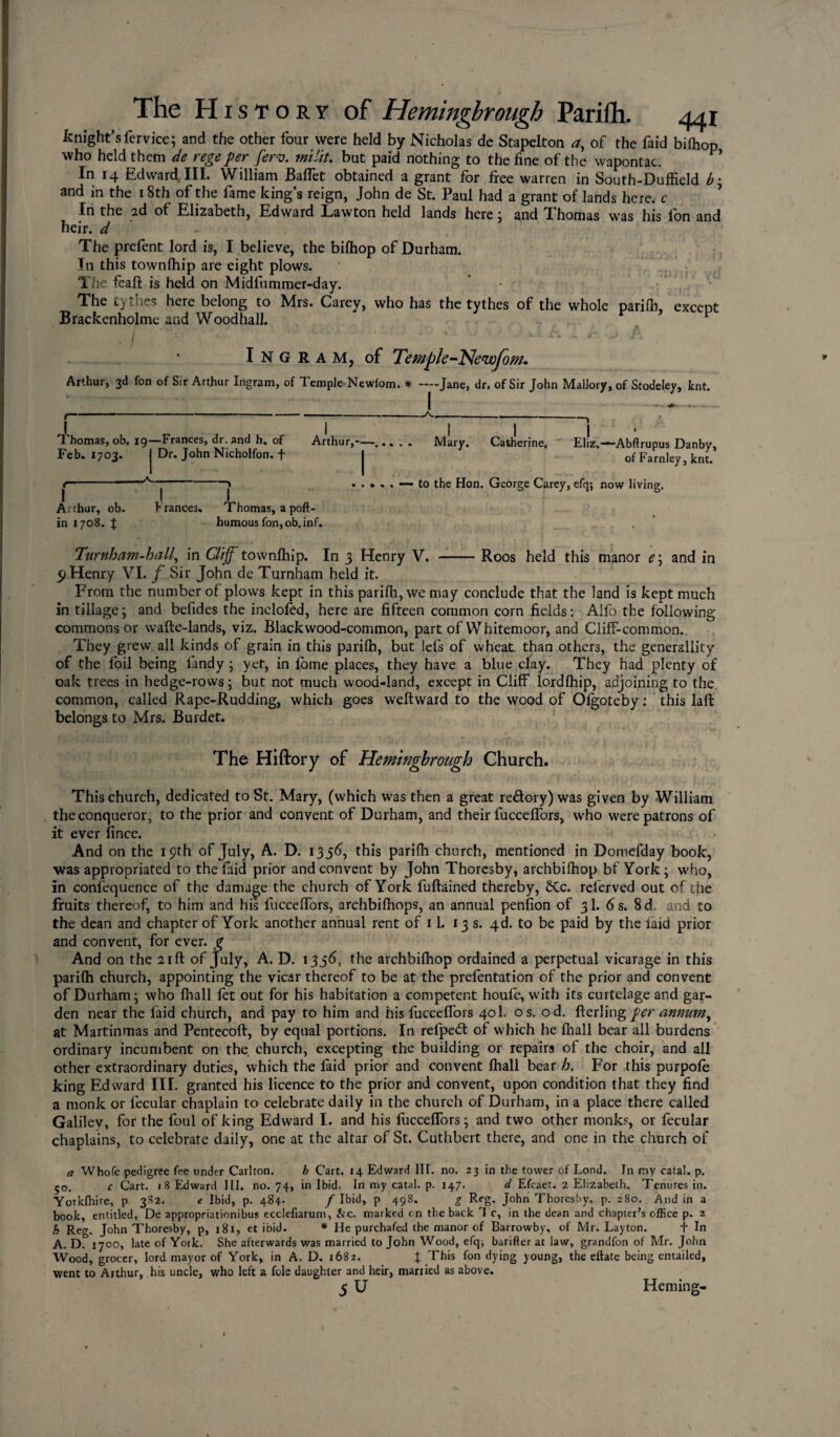 knight’sfervice; and the other four were held by Nicholas de Stapelton a, of the faid biftiop who held them de rege per fer-v. mi lit. but paid nothing to the fine of the wapontac. In 14 Edward III. William Baffet obtained a grant for free warren in South-Duffield b ; and in the 18th of the fame king’s reign, John de St. Paul had a grant of lands here, c In the ad of Elizabeth, Edward Lawton held lands here; and Thomas was his fon and heir, d The prefent lord is, I believe, the bifhop of Durham. In this townlhip are eight plows. The feaft is held on Midfummer-day. * The tythes here belong to Mrs. Carey, who has the tythes of the whole parifh, except Brackenholme and Woodhall. r - X A a i ' __/' Ingram, of Temple-ffJeewfom. Arthur, 3d fon of Sir Arthur Ingram, of Temple-Newfom. * —-Jane, dr. of Sir John Mallory, of Stodeley, knt. [ • j--j-A-, Thomas, ob. 19—Frances, dr. and h, of Arthur,—. Mary. Catherine. Eliz.—Abflrupus Danby, Feb. 1703. j Dr. John Nicholfon. f | of Farnley, knt. I I I Arthur, ob. h ranees. Thomas, a poft- in 1708. J humous fon, ob.inf. * • « —« to the Hon. George Carey, efq; now living. Turnham-hall, in Cliff townlhip. In 3 Henry V. p Henry VI. / Sir John de Turnham held it. Roos held this manor e\ and in From the number of plows kept in this parifh, we may conclude that the land is kept much in tillage; and befides the inclofed, here are fifteen common corn fields: Aifo the following commons or wafte-lands, viz. Blackwood-common, part of Whitemoor, and Cliff-common. They grew all kinds of grain in this parifh, but lets of wheat than others, the generality of the foil being landy ; yet, in fbme places, they have a blue clay. They had plenty of oak trees in hedge-rows; but not much wood-land, except in Cliff lordfhip, adjoining to the common, called Rape-Rudding, which goes weftward to the wood of Ofgoteby: this laft belongs to Mrs. Burdet. The Hiftory of Hemingbrough Church. This church, dedicated to St. Mary, (which was then a great redory) was given by William the conqueror, to the prior and convent of Durham, and their fucceffors, who were patrons of it ever fince. And on the 19th of July, A. D. 1356, this parifh church, mentioned in Domefday book, was appropriated to the faid prior and convent by John Thoresby, archbifhop bf York; who, in confequence of the damage the church of York fuftained thereby, £Cc. referved out of the fruits thereof, to him and his fucceffors, archbifhops, an annual penfion of 3I. 6 s. 8d and to the dean and chapter of York another annual rent of 11. 13 s. 4d. to be paid by the faid prior and convent, for ever, g And on the 2ill of July, A. D. 13.56, the archbifhop ordained a perpetual vicarage in this parilh church, appointing the vicar thereof to be at the prefentation of the prior and convent of Durham; who fhall let out for his habitation a competent houfe, with its curtelageand gar¬ den near the faid church, and pay to him and his fucceffors 40I. os. od. fterling per annum, at Martinmas and Pentecoft, by equal portions. In refpedt of which he fhall bear all burdens ordinary incumbent on the church, excepting the building or repairs of the choir, and all other extraordinary duties, which the faid prior and convent fhall bear b. For this purpofe king Edward III. granted his licence to the prior and convent, upon condition that they find a monk or fecular chaplain to celebrate daily in the church of Durham, in a place there called Galilev, for the foul of king Edward I. and his fucceffors; and two other monk?, or fecular chaplains, to celebrate daily, one at the altar of St. Cuthbert there, and one in the church of a Whofe pedigree fee under Carlton. b Cart. 14 Edward III. no. 23 in the tower of Lond. In my catal. p. 50. c Cart. 1 8 Edward III. no. 74, in Ibid. In my catal. p. 147. d Efcaet. 2 Elizabeth. Tenures in. Yorkfhire, p 382. e Ibid, p. 484. /Ibid, p 498. g Reg. John Thoresby, p. 280. And in a book, entitled, De appropriationibus ecclefiarum, &c. marked on the back Tc, in the dean and chapter's office p. 2 h Reg. John Thoresby, p, 181, et ibid. * He purchafed the manor of Barrowby, of Mr. Layton. f In A. D. 1700, late of York. She afterwards was married to John Wood, efq; barifter at law, grandfon of Mr. John Wood, grocer, lord mayor of York, in A, D. 1682. J This fon dying young, the eftate being entailed, went to Arthur, his uncle, who left a foie daughter and heir, married as above. 5 U Heming- \