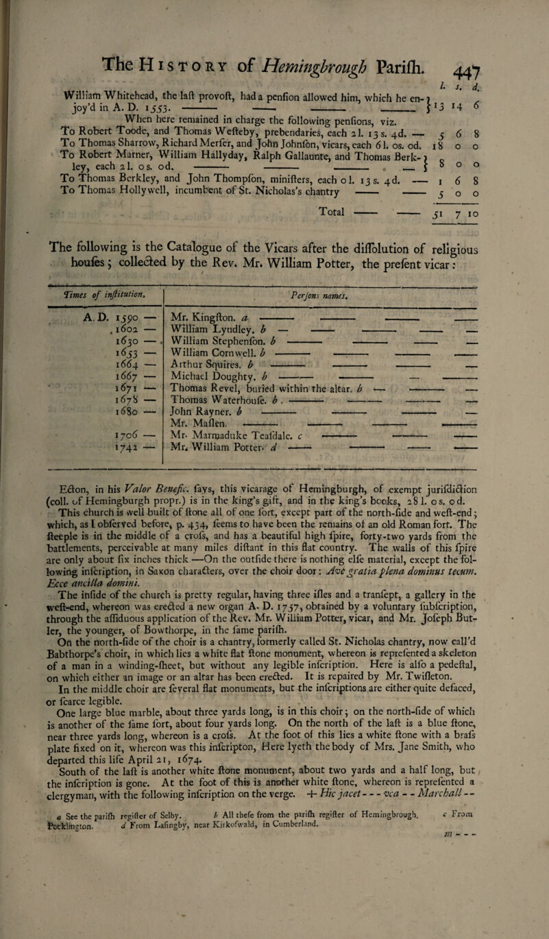 /• s. d. William Whitehead, the laft provoft, had a penfion allowed him, which he en-7 joy’d in A. D. 1553. - - - - J1! H 6 When here remained in charge the following penfions, viz. To Robert Toode, and Thomas Wefteby, prebendaries, each 2I. 13 s. 4d. — 5 6 8 To Thomas Sharrow, Richard Merfer, and John Johnfon, vicars, each 61. os. od. 18 o o To Robert Mainer, William Hallyday, Ralph Gallaunte, and Thomas Berk- 7 ley, each 21. os. od. - - - 0 _ j ° ° ° To Thomas Berkley, and John Thompfon, minifters, each ol. 13 s. 4 d.-1 6 8 To Thomas Holly well, incumbent of St. Nicholas’s chantry - 5 0 o Total - 51 7 10 The following is the Catalogue of the Vicars after the dilTolution of religious houfes ; collected by the Rev. Mr. William Potter, the prelent vicar: Times of injtitution. AD. 155)0 — .1602 — 1630 — 1653 — 1664 — 1667 — 1671 — 1678 — 1680 170 6 — 1742 — Perjons names. Mr. Kingfton. a - William Lyndley. b — William Stephenfbn. b - William Cornwell, b - Arthur Squires, b - Michael Doughty, b — Thomas Revel, buried within the altar. Thomas Waterhoule. b . - John Rayner. b - - Mr. Maflen. - -- — Mr- Marnjaduke Teal'dale. c - Mr* William Potter- d - b — E<fton, in his Valor Benefic. fays, this vicarage ot Hemingburgh, of exempt jurifdi&ion (coll, of Hemingburgh propr.) is in the king’s gift, and in the king’s books, 28 1. os. od. This church is well built of Hone all of one fort, except part of the north-fide and weft-end; which, as I obferved before, p. 434, feems to have been the remains of an old Roman fort. The fteeple is in the middle of a crofs, and has a beautiful high fpire, forty-two yards from the battlements, perceivable at many miles diftant in this flat country. The walls of this fpire are only about fix inches thick —On the outfide there is nothing elfe material, except the fol¬ lowing inlcription, in Saxon characters, over the choir door: gratia plena dominus tecum. Ecce ancilla domini. The infide of the church is pretty regular, having three ifles and a tranfept, a gallery in the weft-end, whereon was eredted a new organ A- D. 1757, obtained by a voluntary lubfcription, through the alfiduous application of the Rev. Mr. Wiliiam Potter, vicar, and Mr. Jofeph But¬ ler, the younger, of Bowthorpe, in the fame parilh. On the north-fide of the choir is a chantry, formerly called St. Nicholas chantry, now call’d Babthorpe’s choir, in which lies a white flat ftone monument, whereon is reprefented a skeleton of a man in a winding-fheet, but without any legible infcription. Here is alfo a pedeftal, on which either an image or an altar has been eredted. It is repaired by Mr. Twifleton. In the middle choir are feveral flat monuments, but the infcriptions are either quite defaced, or fcarce legible. . One large blue marble, about three yards long, is in this choir; on the north-fide of which is another of the lame fort, about four yards long. On the north of the laft is a blue ftone, near three yards long, whereon is a croft. At the foot of this lies a white ftone with a brafs plate fixed on it, whereon was this infcripton, Here lyeth the body of Mrs. Jane Smith, who departed this life April 21, 1674. South of the laft is another white ftone monument, about two yards and a half long, but the inlcription is gone. At the foot of this is another white ftone, whereon is reprefented a clergyman, with the following infcription on the verge. 4- Hie jacet-vea - - Marchall - - a See the parilh regifter of Selby. b All thefe from the parilh regifter of Hemingbrough. c From Pocklinston. d From Lafingby, near Kjrkofwald, in Cumberland.