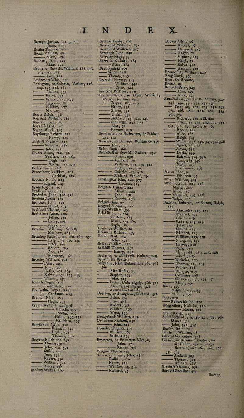/ INDEX. Botolph Jordan, 153. 330 *- John, 330 Botion Thomas, 120 Bouch William, 404 .-— Mary, 404 Bouham, John, 222 ■ -Alice, 222 Bovile,'or Boyvile, William, 221.233. 234- 320. 352. ■ -Joan, 221 Bovincourt Wido, 251 Bonington, or Bointon, Walter, 216. 229. 243 256. 260 -- Thomas, 332 ■ -- Rabot, 351 -Robert, 217.333 - Engeram, 86. -William, 277 - Mr. 407 Bowes Ralph, 138 Bowland William, 111 Bowman Joan, 387 Boys Richard, 201 Boyne Iflabel, 387 Boythorpe Robert, 227 - Henry, 229 Bozhall William, 241 --Nicholas, 241 - John, 241 Braam Simon, 120. 139 -—-Ypolitus, 117. 16 4 ■ -— Hugh, 117 ■ -JEneas, 117 120 Braby Simon, 268 Bracenberg William, 188 -Chriftian, 13 3 Bracour Ralph, 225 -Rignol, 225 Brade Robert, 291 Bradley Ralph, 223 Bradmire John, 316. 318 Bradric Agnes, 287 Braicotes John, 153 -Iflabel, 153 Braifwell Vincent, 293 Braithirne Adam, 202 -Julian, 202 -- —Henry, 202 -Agnes, 202 Bramham William, 165:. 284 ■ -Matthew, 16 5 Bramhop Baldwin, 71. 160. i6r; 291. >—-Ralph, 71. 160. 291 -Peter, 160 • -Robert, 160 -Ann, 160 — ■■ -— Margaret, 161 Bramley Wrilliam, 291 -Peter, 291 --Joan, 379 • -- Helias, 291. 294 ———Robert, 291. 294. 295 -Thomas, 295 Branch Roger, 270 -Conftantine, 270 Branketine Roger, 223 -Conftancej 223 Branton Nigel, 293 -Hugh, 293 Braythewaite, Hugh, 356 • ---Nicholas 155 -Jocelin, 135 -Philip, is?. 177 -- Vellichen, 177 Braythwell Atrop, 320 -Richard, 320 -Hugh, 353 -Thomas, 320 Brayton Ralph 102. 391 • -Thomas, 361 -John, 102. 391 ■ Sufan, 102 -Joan, 399 -Robert, 391 ■ WJlliam, 391 -Osbert, 396 Bvetton Walter, 396 Bretton Emma, 396 Brerecroft WJlliam, 291 Brereford Wallewe, 337 Berehagh John, 292 Brereley Hugh, 99 Brereton Richard, 184 -Alice, 184 Bret Gaufrid 359 --Simon, 148 -Thomas, 219 Bretavill Harvey, 344 -William, 344 -Peter, 344 Bretteby William, 222 Bretton, Briton, or Brito, William, 96. 99. 191. 20s, 294 -Roger, 183. 239 -Henry, 331 -Simon, 331 —— Ulchil, 331 -Robert, 313. 342. 343 --Sir Hugh, 242. 331 - Alan, 92 • -Edmund, 239 Brevincurt, or Breincourt, fir Baldwin 221. 245 Brewere, or Briwere, William de,3s6 —:-Joan, 356 Brian Hugh, 368 Bridefhall or Byrdfall, Robert, 292 --— Adam, 292 -Richard 120 ■ -William, 292. 297 412 -Hugh, 412, 416 • -Galfrid. 412. 416 —-—--Richard, Earl of, 134 Bridlington John, 249. 377 1 -Thomas, 38? Brigham Gilbert, 244 ■—-- Alienor, 244 ■ -John, 238 -Bautrix, 238 Brighthelme, 27 Brignal Richard, 312 Brine William, 399 Brinkill John, 184 1 W illiam, 18? •  Maud, 184. 185 —7-Hugh, 185 Brinefton William, 80 Brinnaud Richard, 177 Brifon, Rad, 152 -Helias 152 Bridal William 310 Brifthill Thomas, 232 -Henry, 232 Briftwyk, or Burftwyk. Robert, 249. Britton, fee Bretton, Brittanny, John, Duke of,271.367. 368 369 ■ ■ Alan Rufus 273. --Stephen, 273 - John, 323 -Conan, Duke 01,367. 368. 370 ' Alan Earl of 183 367. 368 -Arnald Earl of 367 Brofton, or Broughton, Richard, 338 • -Adam, 178 a-Elias, 178 -Robert, 348 ————William, 379 ■ -Maud, 379 Brokysbank William, 312 Bromflete Richard, 250 -John, 422 Bromley Thomas, 29? -William, 36? - Barbara 354 Brompton, or Brumpton Alice, 87 -John, 373 --Richer, 358 Brotton Thomas 349 Brown, or Brune, John, 296 —- Rolland, 279 —1-Henry, 312 -- William, 99. 318 •—— Richard, 93 Brown Adam, 96 -- Robert, 96 -Margaret, 418 -Roger, 72 -Stephen, 213 - \ - Hugh, 72 -- Ralph, 412 - Amabil, 412 Brouneflete William, 249 Brug Hugh, 399 Brun, fee Browne, Bruno, 59 Bruntoft Peter, 343 --* * Alan, 149 -Alice, 149 Brus Robert, 74* 83 84. 86. 169. 340* 346- 349- 351- 3*2 353 3S6 - Peter de, 102. 103. 151. 157. 164. 166. 186. 281. 283. 34j. 362.392 -- Richard, 286. 288. 292 • - Adam, 83. 251. 290. 312.331. 341 • 34z- 343 345- 356- 3&z ■- Roger, 283 -- Alice, 286 • -Ralph, 343 -William, 78 340.343.346348 -Agnes, 83. 341 -Simon, 348 •■■■ Lucia, 344. -Eufemia, 345. 352 -Joan, 283. 346 -Maud, 343 -— Conftantine, 356 Bruton John, 9< --Elizabeth, 9? Bruyh William, 404 Buch Goceline, 22c 226 -Mariel, 22? • -Alice, 226 -Margarer, 225. 226 -Ralph, 2z? Buckton, Buketon, or Bucton, Ralph, 219 -Alexander, 219. 213 -- Michael, 244 -Glume, 2 19 ——Robert, 213. 219 -John, 219 -Galfrid, 225 -Richard, 219 -William, 219, 229 • -Margaret, 252 -Hervey, 216 -Wido, 219 • -SirErnald,, 219. 225. Z29 -Asketil, 216 -Nicholas, 219 -Thomas, 219. 244 -W'alter, 228 1 Malger, 219 - Conftance 228 ■ -— Sir Peter, 251. 2??. 271 -Maud, 250 Bude, i§9 -Ralph, hisfon,i59 -Martin, 1 c 9 Buet, 2jo ■ ■ Robert his fon, 270 Bugglethorp Nicholas, 320 ——-Idonea, 320 Bught Ralph, 23 x BuilliRichard, 319. 320, 321. 32*. 390 -Idonea, 325 —7 John, 322. 32s Buisby, fee Busby, Bulchevit WJIliam, 96 Bulfo?d Sir Robert, 338 Bulmer, or Bolemer, Stephen, 70 —— Sir Ralph, 2?o 251. 252 - Bertram, 261. 264. 265. 266, 33°- 363 --Ansketil 303 - - Thomas, 312 *-William, 268 Burcheis Thomas, 398 Burdolf Goceline, 414 Burdun,