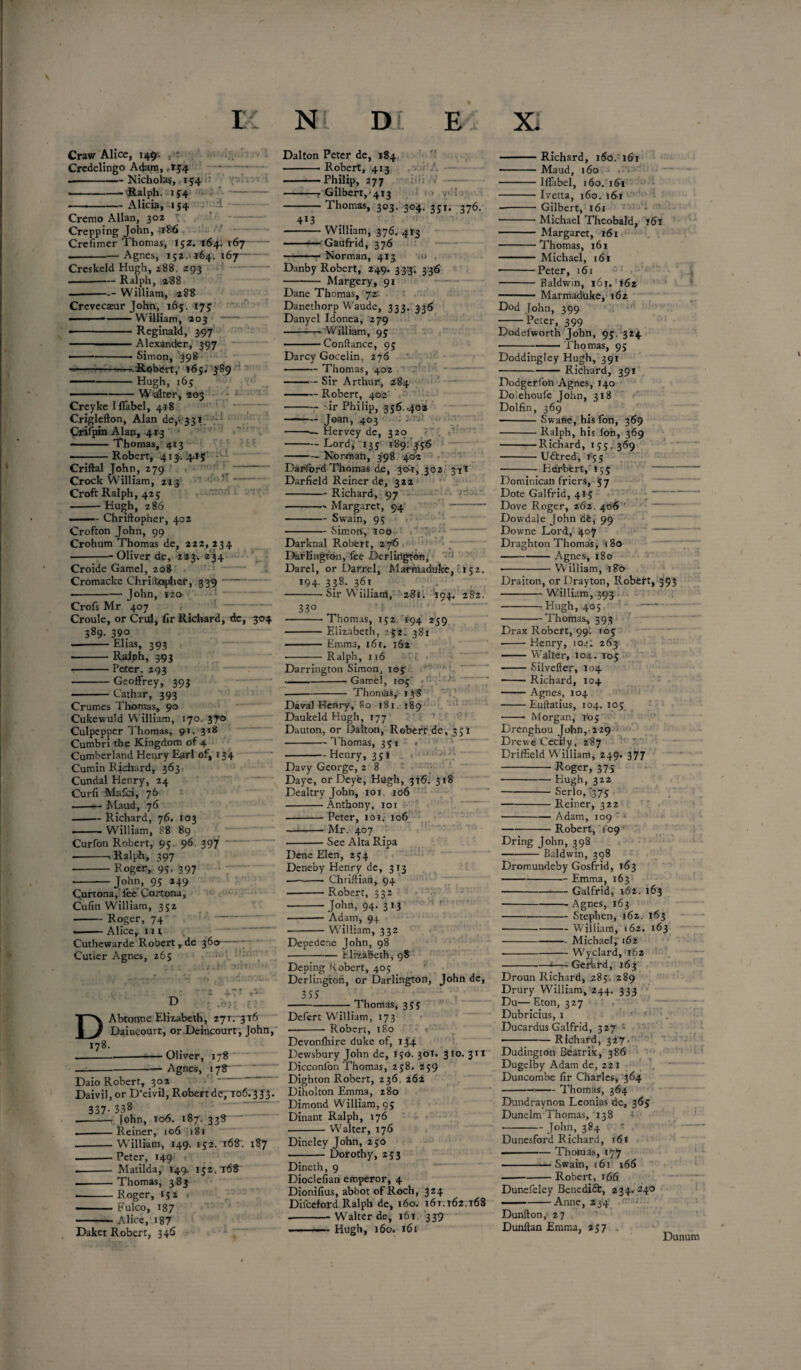 Craw Alice, 149 Credelingo Adam, ,154 .-Nicholas, 154’ .-- Ralph. 154 - -———— Alicia, 154 • i Cremo Allan, 302 Crepping John, :i86 Crefimer Thomas, 15z. 164. 167 .-Agnes, 152. 164. 167- Creskeld Hugh, 288. 293 ■ ■— Ralph, 288 -- William, 488 Crevecamr John, 165. 175 —«—--William, 203 - -Reginald, 397 - Alexander, 397 ...Simon, 398 ---..Robert,• 165. 389 -Hugh, 165 Walter, 203 • ‘ Crcyke I (label, 418 Criglefton, Alan dep33i Cxifpin Alan, 413 ' — - Thomas, 413 -Robert, 413.^1^' Criftal John, 279 Crock William, 213 Croft Ralph, 425 ■ -Hugh, 286 ■ -- Chriftopner, 402 Crofton John, 99 Crohum Thomas de, 222, 234 ■ -Oliver de, 223. 234 Croide Gamel, 208 - Cromacke Chriitaphel*, 339- - John, 120 Crofs Mr 407 Croule, or Crul, hr Richard, de, 389. 390 — -Elias, 393 -Ralph, 393 --Peter, 293 -Geoffrey, 393 -Cathar, 393 Crumes Thomas, 90 Cukewuld William, 170. 370 Culpepper Thomas, 91. 318 Cumbri the Kingdom of 4 Cumberland Henry Earl of, 134 Cumin Richard, 363 Cundal Henry, 24 Curfi Msfci, 76 -— Maud, 76 -Richard, 76. 103 --William, 88 89 Curfon Robert, 95. 96. 397 • -Ralph. 397 -Roger, 95. 397 • -John, 95 249 Currona, fee Cortona, Cufin William, 352 -Roger, 74 —— Alice, m — ~ Cuthewarde Robert, de 360- - Cutler Agnes, 265 3«4 D 178. • Oliver, 178 — Agnes, 178 Dalton Peter de, 184 -Robert, 413 -Philip, 277 -r Gilbert,'413 4*3 Thomas, 303. 304. 351, 376. William, 376. 413 ——— Gaufrid, 376 ■ 1 ■ Norman, 413 .0 , Danby Robert, 249. 333. 336 - Margery, 91 Dane Thomas, 72 Danethorp Waude, 333. 336 Danyel Idonea, 279 -William, 93 •-Conftance, 95 Darcy Gocelin, 276 ■ -Thomas, 402 -Sir Arthur, 284 -Robert, 402 -'ir Philip, 356..402 - Joan, 403 -Hervey de, 320 - Lord, 135 189: 356 Normati, 398 402 Darford Thomas de, 301, 302. 31I Darfield Reiner de, 322 -Richard, 97 -Margaret, 94- -Swain, 95 .- Simon, 100 --- Darknal Robert, 276 Darlington, fee JDerlirigron, Darel, or Darrel, Marmadufce, 152. 194. 338. 361 -- Sir William, 281. 194. 282. 33° Thomas, 15:2. 194 259 Elizabeth, :' J2. 381 Emma, 161. 162 Ralph, 116 rials/i D Abtontie Elizabeth, 271. 316 Daincourt, or Deincourt, John, Daio Robert, 302 Daivil, or D’eivil, Robert de7ro6.3 J3. 337- 338 -John, to6. 187. 338 . — Reiner, 106 181 --William, 149. 152. 168. 187 --Peter, 149 < .- Matilda, 149. 152.768 —-Thomas, 383 .-Roger, 152 1 - Eulco, 187 -Alice, i87 Daket Robert, 346 Richard, 160. 161 Maud, 160 Iffabel, 160. 161 Ivetta, 160. 161 Gilbert, 161 Michael Theobald, ?6l Margaret, 161 Thomas, 161 Michael, 161 Peter, 161 Baldwin, 161. 162 Marmaduke, 162 Dod John, 399 Peter, 399 Darriogton Simon, 105 --Gamel, 105 -Thomas, 138 Daval Henry, 80 181. 189 Daukeld Hugh, 177 Dauton, or Dalton, Robert de, 351 -Thomas, 351 » •-Henry, 351 Davy George, 2 8 Daye, or Deye, Hugh, 316. 318 Dealtry John, 101. id6 -Anthony, 101 -Peter, 101. 106 -Mr. 407 -See Alta Ripa Dene Elen, 254 Deneby Henry de, 313 ■—-- Chriftian, 94 --Robert, 332 -John, 94. 313 - Adam, 94 ■ -William, 332 Depedene John, 98 -Elizabeth, 98 Deping Robert, 405 Derlington, or Darlington, John de, 3SS -Thomas, 355 Defert William, 173 ■ -Robert, 180 Devonlhire duke of, 134 Dewsbury John de, 150. 30T. 310. 311 Dicconfon Thomas, 258. 259 Dighton Robert, 236. 262 Diholton Emma, 280 Dimond William, 95 Dinant Ralph, 176 -Walter, 176 Dineley John, 250 -- Dorothy, 253 Dineth, 9 Dioclefian emperor, 4 Dionifius, abbot of Roch, 324 Dil’ceford Ralph de, 160. 161.16z.168 --Walter de, 161. 339 - ■ Hugh, 160. 161 Dodefworth John, 95, 324 -Thomas, 95 Doddingley Hugh, 391 - Richard, 391 Dodgerfon Agnes, 140 Dolehoufe John, 318 Dolfin, 369 ■ -Swafte, his fon, 369 -Ralph, his (on, 369 -Richard, 155. 369 -Uftred, 155 -Herbert, 155 - Dominican friers, 57 Dote Galfrid, 415 Dove Roger, 262. 406 Dowdale John dfe, 99 Downe Lord, 407 Draghton Thomas, 180 ——-Agnes, 180 ■ -- William, 180 Draiton, or Drayton, Robert, 393 -William, 393 -Hugh, 405 --Thomas, 393 Drax Robert, 99. io; • -Henry, 104: 263 -Walter, 104. 105 -Silvefter, 104 ■ -Richard, 104 -Agnes, 104 -Euftatius, 104. 105 -- Morgan, 105 Drenghou John, 229 Drewe Cecily, 287 Driffield William, 249. 377 -Roger, 37s - Hugh, 322 -Serlo, 375 -Reiner, 322 -Adam, 109 ' > -Robert, 109 Dring John, 398 -Baldwin, 398 Dromundeby Gosfrid, 163 -Emma, 163 -Galfrid, 162. 163 -Agnes, 163 ---Stephen, 162. 163 -William, 162. 163 -Michael, 162 --Wyclard, 162 -*—Gerkrd, 163 Droun Richard, 285. 289 Drury William, 244. 333 Du— Eton, 327 Dubricius, 1 Ducardus Galfrid, 327 • -Richard, 327. Dudington Beatrix, 386 Dugelby Adam de, 221 Duncombe fir Charles, 364 --- Thomas, 364 Dundravnon Leonias de, 365 Dunelm Thomas, 138 i - John, 384 Dunesford Richard, t6i —-Thomas, 177 -Swain, 161 166 ---Robert, 166 Dunefeley Benedict, 234. 240 -Anne, 234 Dunfton, 27 Dunltan Emma, 257 . Dunum