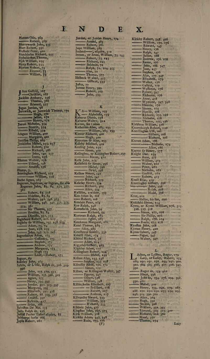 HuntonOdo, 369 ■ — Robert, 369 Hurreworth John, 355 Hurt Robert, 351 Hulhald Peter, 400 Hutchinfon Richard, 255 HybaldeflomThomas, Hyk William, 29; Hyrp Robert, 353 Hyrton Robert, 73 -Eleanor, 73 —-1 William, 73 JAce Galfrid, 167 -Chriftian, 167 Jackfon Anthony, 296 ■ Thomas, 366 ■ — Edward, 377 Jagan Jordan, 98 Jarnwick, or Jcrnwick Thomas, 172 -Hugh, 17* —-—- Jalian, 272 -—— Henry, 172 Jarum Nicholas, 354 . 1 — Beatrix, 354 —-— Ribald; 354 Ichgam William, 400 .-Margaret, 400 Jeniffon Philip; 269 ' Jenkinfon Iffabel, 2554 257 .-Robert, 312 -Richard, 366 -John, 140. 257 -Ivetta, 256 Ilketon Walter, 156 ■ Udtred, 156 -Amabil, 156 Iltutus, 7, Immingham Richard, 277 — William, 106 /'/ Inche Agnes, 265 Ingeram, Ingel ram, or Ingram, fee alfo Engeram John, 83. 84. 250. 357- 361 -Robert, 83. 338 .. Aldeline, 83. 84 -Walter, 341. 346. 363 -■ William, 346. 347-.35353* 354, 361 ;_ -* Sir Thomas, 337 -Ernifius, 83. 84 .-— Dionifia, 351. 333 Ingleberd Robert, 221.223 / Ingleby fir William, 197. 258. 2 39 -Adam, 73’ 74 -Joan, 238. 259 -John, 147. 139. 20 Ingrethorpe Adam, 183 . -Caflandra, 173 —-Stephen, 173 1 — Andrew, 173' — Margaret, 173 ... -■-Hugh 173 .--- Liulf,—Robert, 173 Inguar, 69 ' _ Inkeley John, 363 Infula, or L’lfle, Ralph de, 306.309. & --John, 117. 310. 311 .-William, 155. 306. 309 -Agnes, 133 -Henry, 395. 397 ■-Jordan, 321. 323. 397 -Margaret, 393 -'Elizabeth, 321. 418 -Robert, 88. 309. 328 -Amabil, 397 --Eufemia, .417 .-— Brian, 166 Johnfton Dr. Nat, 133 a fin. folia Ralph de, 216. folliff Payler Tufnel efquire, 88 folthorpe Serlo 166 fopin Robert, 261 Jordan, or Jurdan Henry, 174 —-Amand, 385 ■ ■1 Robert, 386 Joye William, 389 Ireland-, efquire, 31 o Ireton, or Irton, William, 73. 243 -Robert, 73. 243 Richard, 243 ■■ Baldwin, 72 -Ralph, 72. 204. 333 -Alan, 72 •-Thomas, 377 Ifelbeck Walter, 333 -Gilbert, 333 ' Julius, 10 Juvene Henry, 399 —■ Robert, 399 - John, 399 K R^A—William, 159 -Alphelefia, 159 Kabarus Dionis, 258 Kaburne Walter, 322 Kaiton, fee Caiton Katherton Alan, 283. 293 -William, 283. 293 Katour Richard, 400 ■ Hugh, 400 Kayerton nr Alan, 293 Kaleby Michael, 402 Keeling John, 250 -Simon, 402 Kelingbec, or Killingbec'Robert,297 -Simon, 412 Kelk John, 234 Kelkfield fir Simon, 396 -Mabel, 396 -Pefer, 396 Kellow Henry, 342 - John, 342 -Richard, 333 Kelefay Henry, 394 -Richard, 403 Alice, 394 Kellifon, a widow, 399 Ken Adam le, 108 ■■ ■ Robert, 108 Kendale Peter, 284 Ker Ralph, 348 Keresforth John, 94 -Richard, 94 Kertman Ralph, 285 -Agnes, 285 Ketchman Margaret, 281 Ketel Thomas, 289 -Alice, 289 Ketelberni Godric, 332 Ketelli Alan, 174 Kid dal Richard, 92 -- Adam, 294 - Kiggelay Gilbert, 403 Kighlay Adam, 177 Killingham Robert, 244 1 1 u, oix r it: .</•>! t nor svrw T Mabel, 244 KillumAlan, 233. 238 -Stephen, 233. 238 Kilnefay Edulf, 150. 174 -Simon, 153 Kilton, or Killington Walter, 347 -Ilgerus, 348 - Osbert, 336 •- William, 348 Killincholm Elizabeth, 227 — Brilliard, 278 ■ Robert, 227 Andreas, 227 Kilvardby Siward, 333 -William, 333 -- R’chard, 333 Kildwic John, 377 Kingfton John, 367. 373 Kirk William, 318 Kirkby Adam, 347, 348 -Eudo, 173. 176 (F) Kirkby Robert, 347I 406 ■ .William, 173. 176 -Edward, 147 -Henry, 176 -Ralph, 147 -Julian, 188 -Andrew, 176. 188 -Emma, 176 - John, 186. 347 - Joan, 257 •- ■ Stephen, 176 -Alan, 177. 347 -Elizabeth, 279 ■ • ■ Walter, 176 -Galfrid, 177 ~~ 1 1 ■ Walleran, 176 -F.ainer, 347 • -Richerus, 176 -- Anne, 418 -Wymund, 347. 348 —-Ifmenia, 176 -- Idonea, 175 -- Hawife, 176 • -Richard, 173. 188 - Nicholas, 176 —;-Thomas, 173, 176 Kirkham William, 318 Knaresburgh Robert, 1 20 Knedlington Ulfi, 106 -Gilbert, 106 -Richard, 106 Kneton Adam, 186 -Nicholas, 274 ■ -Alice, t86 Knevet fir Henry, 377 Knight Dor. 254 -Anne, 377 -William, 413 -Walter, 261 •_ -Peter, 261 -Nicholas, 26r -Gaufrid, 261 -Robert, 413 Knoll Elias, 419 Knottingley Gilbert, 398 • -John, 398 -- Ralph, 398 -Maud, 398 Knut, 202 -Helias, his fon, 202 Kokefeld Simon, 224 Kyma, or Kyme William, 276. 316. 317. 318 -Simon, 277, 278 — - Sir Philip, 278 • -— Ralph, 178. 214 -Roefa, 173. 278 Kynftan John, 328 Kyrton Henry, 400 Kyton Osbert, 347 -Pagan, 347 -- Walter, 347 3*1. L Acton, or Laifton, Roger, 279 Lacy, or Lafcy, Robert, 134.' 289. 290. 291. 292. 294 296. 300. 302. 304. 305. 306, 307. 308. 343. 39° -Roger de, 134. 400 -Ilbert, 396 Johnde, 134. 278. 294. 391. 392. 402 -Mabel, 300 Henry, 154. 24-2. 279. 287. 288. 290 291. 292. 2-93. 294. 295. 296. 304. 390. 300 -Alice, 304 -Hugh, 392 -- Jordan, 308 —.— William, 392/393 -Edmund, 305. 323. 400 -Richard, 228. 360 -Maud, 390 -Thomas, 294 Lacy