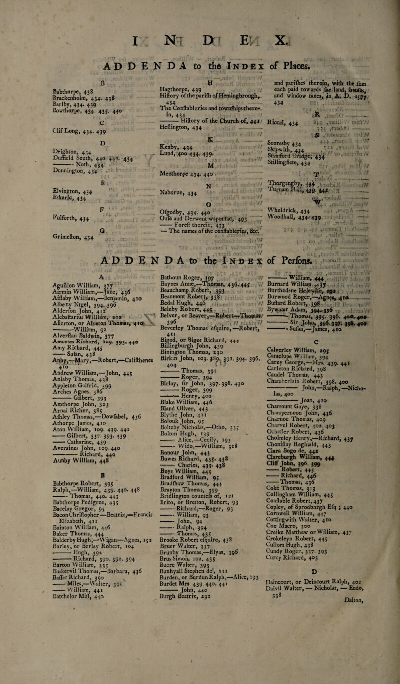 AD D E N DA to the Index of Places. B Babthorpe, 438 Brackenholm, 434. 438 Barlby, 434. 439 Eowthorpe, 434. 435. 440 Clif Long, 434. 439 D Deighton, 434 Dnffield South, 440. 441. 434 --— Noth, 434 Dunnington, 434 H -,nri< Hagthorpc, 439 _ _ . . i Hiftory of the parifli of Hemingbrough, 434 The Conftableries and townfliips there¬ in, 434 --— Hiftory of the Church of, 441 Heflington, 434 _ . — Kcxby, 434 - Lund, 400 434. 439. { n •A M >.r ij trii d'jvW Elvington, 434 Eskeric, 434 Fulforrh, 434 Grimefton, 434 OJ ' O ! .ttO . i Menthorpe 434. 440 N Naburue, 434 :|i l ; I N n o Ofgodby, 434. 440 Oufe and Derwent wapontae, 493 -Forcft therein, 433 ,, — The names of the conftablenes, &c. ,7-j.;! . ) : {W ■ ■- . mod L v-i1 ' t J V , 3 j.' * ^ rj ^ * v> r AD D E N DA to the I n dex } >4- it; Aguilion William, 377 Airmin William,—jane, 436 Aiflaby William,—Benjamin, 410 Albeny Ntgel, 394^396 Alderfon John, 41 i Alebaftarius William, ao* Allerton, or Alreton Thomas^ 4 icr —William, 92 Alverftan Baldwin, 377 Amcotes Richard, 109. 393, 440 Amy Richard, 445 -Sufan, 438 # ,, — _ t - Anby,—Mary,—Robert,—Califthenes Birk;n John, 103. 389, 391. 394. 396 * ACS A BatHoun Roger, 197 Baynes Anne,—Thpipj?*, 436.445 Beauchamp Robert, 393 Beaumont Robert, 338 Bedal Hugh, 446 Beleby Robert, 445 Belver, or Beaver,—Rpber&—The«»a» _ 396 j ngifflw ■ itb'l. ft Beverley Thomas efqutre,—Robert, 411 Bigod, or Bigot Richard, 444 Billingburgh John, 439 Binington Thomas, 230 410 Andrew William,—John, 445 Anlaby Thomas, 438 Appleton Galfrid, 399 Arches Agnes, 386 -Gilbert, 393 Amthorpe John, 323 Arnal Richer, 385 Alhley Thomas,—Dowfabel, 436 Athorpe James, 410 Aton William, 109. 439. 440 -Gilbert, 337-393- 439 ■ Catharine, 439 Averaines John, 109 440 -Richard, 440 Aunby William, 448 B Babthorpe Robert, 395 Ralph,—William, 439. 440. 448 —— Thomas, 440. 443 Babthorpe Pedigree, 435 Bacelay Gregor, 95 Bacon Chriftopher —Beatrix,—F rands Elizabeth, 411 Bainton William, 446 Baker Thomas, 444 404 Thomas, 391 Roger, 394 Birlay, fir John, 397. 398. 430 -Roger, 399 ——— Henry, 400 Blake William, 446 Bland Oliver, 443 Blythe John, 411 Boloukjohn, 95 Bolteby Nicholas,—Otho, 335 Bolton Hugh, 139 --Alice,—Cecily, 193 -Wido,—William, 328 Bonour John, 443 Bowes Richard, 435. 438 -Charles, 435. 438 Boys William, 445 Bradford William, 9; Bradlhaw Thomas, 444 Brayton Thomas, 399 Bridlington countcfs of, 121 Brito, or Bretton, Robert, 93 -Richard,—Roger, 93 — William, 93 and parities therein, with the ftim each paid towards the land, boufes, and window taxejt, in. A. D. 1577 434 f;8: t: .... —4 o® icd.O-* Riccal, 434 , ; -■■■> — \j£ .isbnjcx-. N Scoresby 434 •> Skipwith, 424 ' , Stamford bridge;‘4 j'4 ' * ‘' ‘ r > Stillingflete, 434 , f. 1: : . '\ , ! Tjiorgangby, 434' Furnam Hall, 439. 447; :« _ - v)o —— • .v,n V Wheldrick, 434 ri A - Woodhall, 434* 439 —•— r • I .18 .r ” I .■— C r *< 1 ’ r f:' ' ‘ OO vjt* ■.•.['.•): . T 1 V < « ^ ^ . ’ . 1 ' ) of Perfons. .5 < > - ■; . : . v j . ■ , , oV'l -William, ,444 Burnard William ,437 , Burthedene Helewlfo, 29s,; < , ,. , f Burwood Roger,—.Agn^s, 41a - Buftard Robert,, 398 :, . j •*)!•.. ao . Bysyatcr Adam, 394^.396 ■ r. -—Thomas, 395. 396. 400,4or -Sir John, ,396 397. 398.4®o 1 1 ■ Sufan,—James, 410 Calverley William, 295 Cantelupe William, 394 Carey George,—Mrs. 439. 441 Carleton Richtrd, 398 Caudel Thon as, 443 Chamberlain Robert, 398. 400 John,—Ralph, —Nicho¬ las, 400 Joan, 410 - John, 94 - Ralph, 394 — Thomas, 433 Balderby Hugh,—-Wigan—Agnes, 152 Brooke Robert elquire, 438 Barley, or Berlay Robert, 104 Hugh, 392 Richard, 390. 392. 394 Barton William, 335 Baskervil Thomas,—Barbara, 436 Baflet Richard, 390 -Miles,—Walter, 391 -William, 441 Batchelor Miff, 440 Bruer Walter, 337 Brunby Thomas,—Elyas, 396 Brus Simon, 102. 435 Bucre Walter, 393 Bunhyall Stephen del, 111 Burden, or BurdunRalph,—Alice, 193 Burdet Mrs 439. 440. 441 - -John, 440 Burgh Beatrix, 292 Charrount Gaye, 338 Champernoon John, 436 Charnoc Thomas, 409 Charvel Robert, 402 403 Ochefter Robert, 436 Cholmley Henry,—Richard, 437 Choniflay Reginald, 443 Clara Bogo de, 442 Clareburgh William, 444 Cliff John, 396. 399 - Robert, 445 -Richard, 446 -Thomas, 436 Coke Thomas, 313 Collingham William, 445 Conftable Robert, 437 Copley, of Sprodbnrgh Efq ; 440 Cornwell William, 447 Cottingwith Walter, 410 Cox Macro, 300 Creike Matthew or William, 437 Crokeleyn Robert, 445 Cullom Hugh, 438 Cundy Roger, 337. 393 Curcy Richard, 403 D v Daincourt, or Deincourt Ralph, 402 Daivil Walter, — Nicholas, — Eudo, 338 Dal ton j