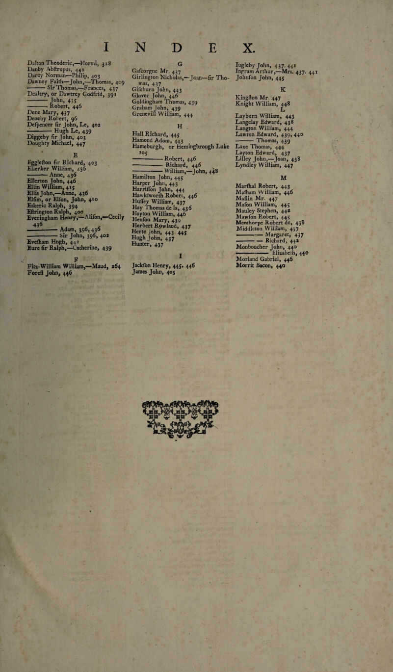X I Dalton Theoderie,—Hormi, 328 Danby Abftrupus, 441 Darcy Norman—Philip, 403 Dawney Faith—John,—Thomas, 409 •-Sir Thomas,—Frances, 437 Dealtry, or Dawtrey Godfrid, 391 - John, 43s -Robert, 446 Dene Mary, 437 Deneby Robert, 96 Defpencer fir John, Le, 402 -Hugh Le, 439 Diggeby fir John, 403 Doughty Michael, 447 • / E Egglefton fir Richard, 403 Ellerker William, a.36 -Anne, 436 Ellerton John, 446 Ellin William, 415 Ellis John,—Anne, 436 Elfim, or Elfon, John, 410 Eskeric Ralph, 394 Eftrington Ralph, 400 Everingham Henry,—Alifon,—Cecily 436 -^-Adam, 396, 436 --Sir John, 396, 402 Evcfham Hngh, 442 Eure fir Ralph,—Catherine, 439 F Fitz-William William,—-Maud, *64 Forcft John, 446 N D E \ G Gafcorgne Mr. 437 Girlington Nicholas,—Joan—fir Tho- mas, 437 Gifeburn John, 443 Glover John, 446 Goldingham Thomas, 439 Craham John, 439 Grenevill William, 444 H Hall Richard, 445 Hamond Adorn, 443 Hameburgh, or Hemingbrough Luke 105 -Robert, 446 ---- Richard, 446 -William,—John, 448 Hamilton John, 445 Harper John, 443 Harriflon John, 444 Hawkiworth Robert, 446 Huffey William, 437 Hay Thomas de la, 436 Hayton William, 446 Henfon Mary, 439 Herbert Rowland, 437 Herte John, 443 445 Hugh John, 437 Hunter, 437 I Jackfon Henry, 445. 446 James John, 405 jWfKxWPi j Iugleby John, 437.441 Ingram Arthur,—Mrs. 437. 441 Johnfon John, 445 K Kingflon Mr. 447 Knight William, 448 L Layburn William, 443 Langelay Edward, 438 Langton William, 444 Lawton Edward, 439, 440 • - Thomas, 439 Laxe Thomas, 444 Layton Edward, 437 Lilley John,—Joan, 438 Lyndley William, 447 M Marlhal Robert, 443 Mafham William, 446 Maflin Mr. 447 Mafon William, 445 Mauley Stephen, 442 Mawfon Robert, 445 Memhorpe Robert de, 438 Middleton William, 437 • ■ -■— Margaret, 437 ■-— Richard, 44* Monboucher John, 440 —————— Elizabeth, 440 Morland Gabriel, 446 Morrit Bacon, 440