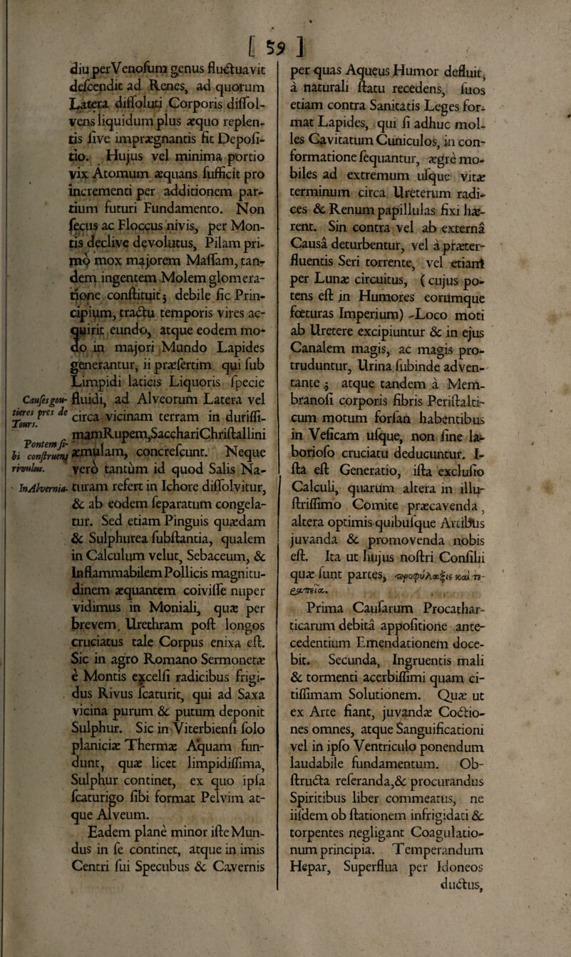 [ 5 9 diuperVenofum genus fluctuavit defcendit ad Renes, ad quorum Latera diffoluti Corporis diflol- vens liquidum plus aequo replenr tis live impraegnantis fit Depoli¬ tio. Hujus vel minima portio vix Atomum aequans fufficit pro incrementi per additionem par¬ tium futuri Fundamento. Non fecus ac Floccus nivis, per Mon¬ tis declive devolutus. Pilam pri¬ mo mox majorem Maflam, tanr dem ingentem Molem glomera¬ tione conftituit; debile licPrin- k * cipium, traCtu temporis vires ac¬ quirit eundo, atque eodem mo* ao in majori Mundo Lapides generantur, ii praefertim, quifub Limpidi laticis Liquoris fpecie Caufesgou- fluidi, ad Alveorum Latera vel iteres pres de Tours. 'Pontem fi' ii confiruen/ rivulus. vero tantum id quod Salis Na- InAhemU. turam refert in Ichore diflolvitur, & ab eodem feparatum congela¬ tur. Sed etiam Pinguis quasdam & Sulphurea fubftantia, qualem in Calculum velut, Sebaceum, & Inflammabilem Pollicis magnitu¬ dinem aequantem coivifle nuper vidimus in Moniali, quas per brevem. Urethram poft longos cruciatus tale Corpus enixa eft. Sic in agro Romano Sermonetae e Montis excelli radicibus frigi¬ dus Rivus fcaturit, qui ad Saxa vicina purum & putum deponit Sulphur. Sic in Viterbienli folo planiciae Thermas Aquam fun¬ dunt, quas licet limpidiflima, Sulphur continet, ex quo lpfa fcaturigo libi format Pelvim at¬ que Alveum. Eadem plane minor ifte Mun¬ dus in fe continet, atque in imis Centri fui Specubus & Cavernis circa vicinam terram in durifli- mamRupem,SacchariChri{lallini aemulam, concrefcunt. Neque % 1 per quas Aqueus Humor defluit, a naturali ftatu recedens, fuos etiam contra Sanitatis Leges for¬ mat Lapides, qui fl adhuc mol¬ les Cavitatum Cuniculos, in con¬ formatione fequantur, aegre mo¬ biles ad extremum ufque vitae terminum circa Ureterum radi¬ ces & Renum papillul as fixi hae¬ rent. Sin contra vel ab externa Causa deturbentur, vel a praeter¬ fluentis Seri torrente, vel etiant per Lunae circuitus, (cujus po¬ tens eft in Humores eorumque fceturas Imperium) -Loco moti ab Uretere excipiuntur & in ejus Canalem magis, ac magis pro¬ truduntur, Urina fubinde adven¬ tante .5 atque tandem a Mem- branofi corporis fibris Periftalti- cum motum forlan habentibus in Veficam ufque, non fine la- boriofo cruciatu deducuntur. I- fta eft Generatio, ifta exclulio Calculi, quarum altera in lllu- ftriflimo Comite praecavenda, altera optimis quibufque Artibus juvanda & promovenda nobis eft. Ita ut hujus noftri Confihi quae funt partes, ^o<poA*f i5 koa t*- ej/.TKia,. Prima Caufarum Procathar- ticarum debita appofitione ante¬ cedentium Emendationem doce¬ bit. Secunda, Ingruentis mali & tormenti acerbiffimi quam ci- tiflimam Solutionem. Quae ut ex Arte fiant, juvandae Coctio¬ nes omnes, atque Sanguificationi vel in ipfo Ventriculo ponendum laudabile fundamentum. Ob- ftruCta referanda,& procurandus Spiritibus liber commeatus, ne iiidem ob ftationem infrigidari 8c torpentes negligant Coagulatio¬ num principia. Temperandum Hepar, Superflua per Idoneos duCtus,