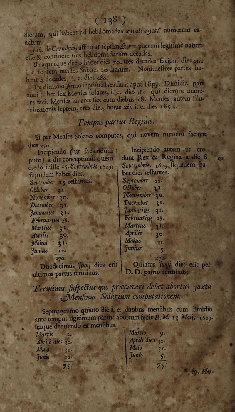 dierum, qui habent ad hebdomadas .quadraginta* numerum ex- de Carnibus, affirmat feptimeftrem puerum legitimi natum eiTe & continere tres hebdomadarum decadas. _ Unaquaque decas habet dies 70. tres decades faciunt dies 210. i. e. feptem menTes Solares qo dierum. Nommeftres partus ha¬ bent 4 decades, i. e. dies 280. ^ * • Fx dimidio Anno ieptihneftres fiunt apud Hipp. Dimidia pars anni habet fex Menfes folares, i. e. dies 182. qui dierum nume- rus facit Vlenfes lunares fex cum diebus 18. Menses autem Mu- minationis feptem, tres dies, horas xij. i. e. dies 185 i. _ * Tempus partus Regina 1 Si per Menfes Solares computes, qui novem numero faciunt dies 270. , . . , - * ' ^ Incipiendo autem Ut cre¬ dunt Rex & Regina a die 8 Septepibris. 1629 fiquidern ha¬ bet dies reflantes, September 22. O&ober 31. No<vember 30. 4 December 31. Januari us 31« Februarim 28. Martim 21« Aprilis 30. Maius Junim ?i* JL 270. #' Incipiendo (ut Facieiidum puto ) a die conceptionis quem credo fiiiffe 1$. Septembris 16299 fiquidern habet dies. September 15 reflantes. . Offiober 31. November 30. December 31. Januarius 31 „ Februarius 28. Martius 31; Aprilis 30. . ' Maius : 3 k Junius 12» 27°* Duodecimus Juntj dies ent ultimus partus terminus. ;5' ' Terminus jufpectus quo prrecaveri debet abortus juxta fJjVlenfium Solarium computationem. ' .i B ‘v . Septuagefimo quinto die i. e.^ duobus menfibus cum dimidio ante tempus ligitimum paitus abortum fecit B. M 13 Aftij, 1629» Itaque denuendo ex menfibus. Quintus Junij dies erit per I D. D. partus terminus. t Martio 2. Aprili dies 30. Malo 31» Junio 12» 75“ Martio 9. Aprili‘dies 30. Maio 31. 75. ■ *'