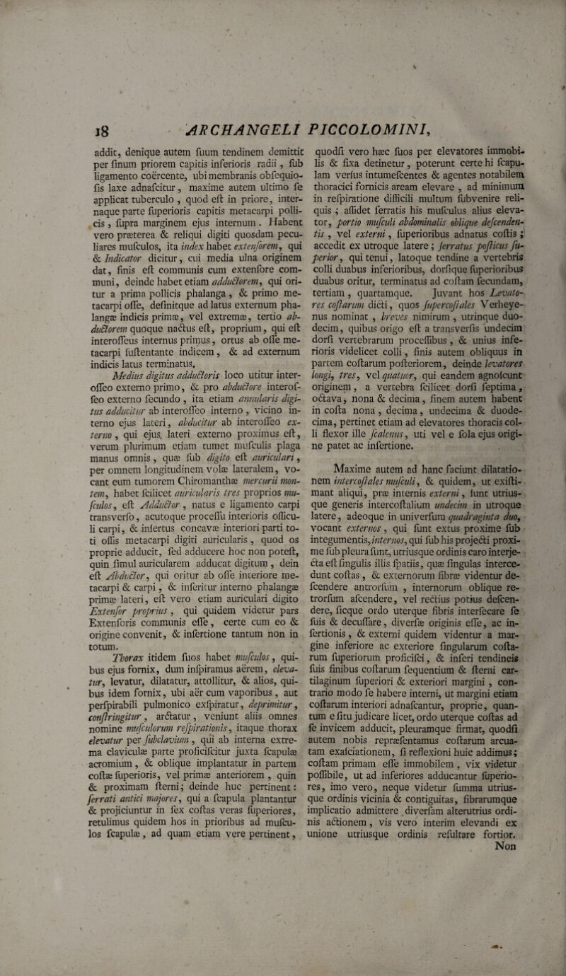 addit, denique autem futim tendinem demittit per finum priorem capitis inferioris radii, fub ligamento coercente, ubi membranis obfequio- fis laxe adnafcitur, maxime autem ultimo fe applicat tuberculo , quod eft in priore, inter¬ naque parte fuperioris capitis metacarpi polli¬ cis 5 fupra marginem ejus internum. Habent vero praeterea & reliqui digiti quosdam pecu¬ liares mufculos, ita index habet extenforem^ qui & Indicator dicitur, cui media ulna originem dat, finis eft communis cum extenfore com¬ muni, deinde habet etiam addiSorem^ qui ori¬ tur a prima pollicis phalanga , & primo me¬ tacarpi olfe, definitque ad latus externum pha¬ langae indicis primae, vel extremiE, tertio ah- dnitorem quoque naftus eft, proprium, qui efl: interoifeus internus primus, ortus ab olfe me¬ tacarpi fullentante indicem, & ad externum indicis latus terminatus. Medius digitus addu&oris loco utitur inter- olfeo externo primo, & pro ahdutJore interof- feo externo fecundo , ita etiam amudaris digi¬ tus adducitur ab interoifeo interno , vicino in¬ terno ejus lateri, abducitur ab interoifeo ex¬ terno ^ qui ejus, lateri externo proximus eft, verum plurimum etiam tumet inufculis plaga manus omnis, quae fub digito eft auriculari, per omnem longitudinem volae lateralem, vo¬ cant eum tumorem Chiromanthae mercurii mon¬ tem^ habet fcilicet auricularis tres proprios mu¬ fculos ^ eft AdduStor ^ natus e ligamento carpi transvcrfo, acutoque proceffu interioris oflicu- li carpi, & inlertus concavae interiori parti to¬ ti ollis metacarpi digiti auricularis, quod os proprie adducit, fed adducere hoc non poteft, quin fimul auricularem adducat digitum , dein eft AhduBor, qui oritur ab offe interiore me¬ tacarpi & carpi, & inferitur interno phalangae prim^ lateri, eft vero etiam auriculari digito Extenfor proprius , qui quidem videtur pars Extenforis communis elfe, certe cum eo & origine convenit, & infertione tantum non in totum. 2'horax itidem fuos habet mufculos^ qui¬ bus ejus fornix, dum infpiramus aerem, eleva¬ tur^ levatur, dilatatur, attollitur, & alios, qui¬ bus idem fornix, ubi aer cum vaporibus, aut perfpirabili pulmonico cxfpiratur, deprimitur^ conjiringitur, arftatur, veniunt aliis omnes nomine mufculortm refpirationis ^ itaque thorax elevatur per fubclavium, qiii ab interna extre¬ ma claviculae parte proficifeitur juxta fcapulae acromium, & oblique implantatur in partem collae lliperioris, vel primse anteriorem, quin & proximam fterni; deinde huc pertinent: ferrati antici majores^ qui a fcapula plantantur & projiciuntur in fex collas veras fuperiores, retulimus quidem hos in prioribus ad mufcu¬ los fcapulae, ad quam etiam vere pertinent, quodfi vero haec fuos per elevatores immobi¬ lis & fixa detinetur, poterunt certe hi fcapu- lam verius intumefeentes & agentes notabilem thoracici fornicis aream elevare , ad minimum in refpiratione difficili multum fubvenire reli¬ quis ; affidet ferratis his mufculus alius eleva¬ tor, portio mufculi abdominalis oblique dejeenden- tis , vel externi, fuperioribus adnatus collis accedit ex utroque latere; Jerratus pojlicus fu- perior, qui tenui, latoque tendine a vertebris colli duabus inferioribus, dorfique fuperioribus duabus oritur, terminatus ad collam fecundam, tertiam , quartamque. Juvant hos Levato¬ res coftarum dicti, quos fupercofrales Verheye- nus nominat , breves nimirum , utrinque duo¬ decim , quibus origo eft a transverfis undecim dorli vertebrarum proceffibus, & unius infe¬ rioris videlicet colli, finis autem obliquus in partem coftarum pofteriorem, deinde levatores longi, tres, vel quatucr, qui eandem agnolcunt originem, a vertebra fcilicet dorfi feptima, odtava, nona & decima, finem autem habent in colla nona, decima, undecima & duode¬ cima, pertinet etiam ad elevatores thoracis col¬ li flexor ille fcalenus, uti vel e fola ejus origi¬ ne patet ac infertione. Maxime autem ad hanc faciunt dilatatio¬ nem wz//a///, & quidem, ut exifti- mant aliqui, prte internis externi, lunt utrius- que generis intercoftalium undecim in utroque latere , adeoque in univerfura quadraginta duo, vocant externos, qui funt extus proxime fub integumentis, qui fub his projedli proxi¬ me liib pleura funt, utriusque ordinis caro interje- dla eft lingulis illis Ipatiis, qusefmgulas interce¬ dunt collas, & externorum fibrae videntur de- fcendere antrorfum , internorum oblique re- trorfum afeendere, vel redtius potius defeen- dere, ficque ordo uterque fibris interfecare fe fuis & deculfare, diverfae originis elfe, ac in- fertionis, & externi quidem videntur a mar¬ gine inferiore ac exteriore lingularum cofta¬ rum fuperioruin proficifei, & inferi tendineis luis finibus coftarum fequentium & fterni car¬ tilaginum fuperiori & exteriori margini , con¬ trario modo fe habere interni, ut margini etiam coftarum interiori adnafeantur, proprie, quan¬ tum e litu judicare licet, ordo uterque collas ad fe invicem adducit, pleuram que firmat, quodfi autem nobis repraefentamus coftarum arcua¬ tam exalciationem, 11 reflexioni huic addimus; collam primam elfe immobilem , vix videtur poffibile, ut ad inferiores adducantur fuperio¬ res, imo vero, neque videtur fumma utrius¬ que ordinis vicinia & contiguitas, fibrarumque implicatio admittere ,diverfam alterutrius ordi¬ nis adlionem, vis vero interim elevandi ex unione utriusque ordinis refultare fortior. Non