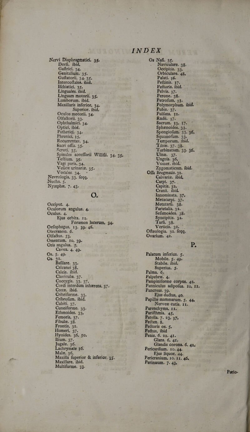 Nervi Diaphragmatici. 35. Dorfi. ibid* Gaftrici. 34. Genitalium. 35. Guftatorii. 34. 35. Intercoftales. ibid. Ifchiatici. 35. Linguales, ibid. Linguam motorii. 35'. Lumborum, ibid. Maxillaris inferior, 34. Superior, ibid. Oculos motorii. 34. Olfadtorii. 33. Ophthalmici. 34. Optici, ibid. Pathetici. 34. Phrenici. 35. Recurrentes. 34. Sacri offis. 35. .^croti. 35. Spinales acceflbrii Willifii. 34. 3^, Teltium. 35. Vagi paris, 34. Veiicae urinariae. 35. Vocales. 34. Nevrologia. 33. feqq. Nucha. 5. NympheC. 7. 43. o. Occiput. 4. Oculorum angulus. 4. Oculus. 4. Ejus orbita. 12. Foramen lacerum, 34. Oefophagus. 13. 3.9. 46. Olecranon. 6. Olfaftus. 53. Omentum. 10. 39, Oris angulus. 5. Cavea. 4. 49. Os. 5- 49* Os. 32. Bafilare. 33. Calcanei 38. Calcis, ibid. Claviculae. 37. Coccygis. 33. 37. Cordi interdum inhaerens. 37.r Coxae, ibid. Cribriforme. 33. Cribrofum. ibid. Cubiti. 37. Cuneiforme. 33. Ethmoides. 33, Femoris, 37. Fibulae. 38. Frontis. 32. Humeri. 37. Hyoides. 36. 50, Ilium. 37. Jugale. 36. Lachrymale 36. Malae. 36. Maxilla fuperior & inferior. 35. Maxillare, ibid. Multiforme. 33. INDEX Os Nafi. 35, Naviculare. 38- Occipitis. 33. Orbiculare. 48, Palati. 36. Pe61;inis. 37. Peftoris. ibid. Pelvis. 37. Perone.- 38. Petrofum. 33* Polymorphum, ibid. Pubis.- 37. Pulfans. 32. Radii. 37. Sacrum. 53* 37. ' Sphaenoides. 33. Spongiofum. 33. 36, Squamofum. 33. Temporum, ibid. Tibi$. 37. 38. Turbinatum. 33. 3(5. Ulnae. 37. Unguis. 36, Vorner. ibid. Zygomaticum, ibid. Ofla Bregmatis. 32. Calvariae, ibid, Carpi. 37. Capitis. 32* Cranii, ibid. Innominata. 37, Metacarpi. 37. Metatarfi. 38. Parietalia, 32. Sefamokiea. 38. Syncipitis. 32. Tarfi. 38. Verticis. 32. Ofteologia. 32. feqq. Ovarium. 42. P. 'Palatum inferius. 5. Mobile. 5. 49. Stabile, ibid. Superius. 5. Palma. 6. Palpebrae. 4. Pampiniforme corpus. 42. Panniculus adipofus. lo, ii. Pancreas. 39. Ejus du6lus, 40. Papillae mammarum. 5. 44, Nerveae cutis, ii. Parenchyma, ii. Parifthmia. 45, Patella. 7. 23, 37, Peften. 8, Peftoris os. 5, Peftus, ibid Penis. 6. 22. 41, Glans. 6, 41. Glandis corona. 6. 42,’ Pericardium. 10. 44. Ejus liquor, 44. Pericranium, 10. ii. 46* Perinteum. 7. 43,