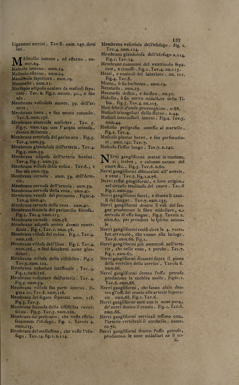 Ligamenti uterini . Tav.8. num. 147. detti lati. MAlleolIo interno , ed efterno . nu¬ meraci. Maleolo interno . num.24. Malleolo efterno . num.24. Mandibola fuperiore . num. 19. Mammelle . num.21. Marfupio adipofo oculare da mufcoli fepa- rato . Tav. 2. Fig.2. numer. 90., e fuo uf o . Membrana vafcolofa numer. 59. dell’ar- terie . Membrana imen , e fuo meato rotondo . Tav.8. num. 156. Membrana alantoide muliebre . Tav. 3. Fig.7. num. 149. con P acqua orinofa_, dentro delineata . Membrana arteriofa del perito neo . Fig.5. Tav.4. num.39. Membrana glandolofa delParteria . Tav.4. Fig.5. num.39. Membrana adipofa delParteria bovina. Tav.4. Fig.51. num.5 9. Membrana villofa della velica . Tav.6., e fuo ufo num. 154. Membrana carnofa . num. 59. dell’Arte- rie. Membrana nervofa delParteria . num.39. Membrana nervofa della vena . num.40. Membrana venofa del peritoneo . Figur.4. Tav.4. num.40. Membrana carnofa della vena . num.40. Membrana feconda del pericardio fibrofa_. Fig.i. Tav.4.num.113. Membrana carnofa . num.3 8. Membrana adipofa overo dermis rover- fciata . JFig. 1. Tav. 1. num.36. Membrana villofa del colon . Fig.i. Tav.4. num. 128. Membrana villofa delPilion . Fig. 1. Tav.4. num. 126., e fuoi fiocchetti come glan¬ dolar! . Membrana villofa della ciftifellea. Fig.5. Tav.5. num. 122. Membrana vafcolare inteftinale . Tav. 4. Fig. 1, num.126. Membrana vafcolare dell’arteria. Tav.4. Fig.5. num.39. Membrana villofa fua parte interna . Fi¬ gura io. Tav.8. num. 116. Membrana del fegato feparata num. 118. Fig.3. Tav.5. Membrana feconda della ciftifellea rover- fciata . Fig.5. Tav.5. num.122. Membrana dal peritoneo , che vefte eftrin- fecamente l’efofago . Fig. 1. Tavola 4. num.i 13. Membrana del mediaftino , che vefte l’efo¬ fago . Tav. 14. fig. 1. n.i 14. LUI Membrana vafcolofa dell’efofago . Fig. 1. Tav.4. num.114. Membrana glandolofa dell’efofago n.ii4. Fig. 1. Tav. 14. Membrane communi del ventricolo fepa- rate , e rimofle . Fig. 1. Tav.4. nu*1 !5* Meati, e conicoli del laberinto . nu. 101. Fig.4. Tav.8. Mento , ò fia barbozzo . num. 19, Metatarfo . num.25. Metatarfo deliro , e finiftro . nu.30. Midollo, olia nervo midollare della Ti¬ bia. Fig.3. Tav.4. nu. 105. Moti febrili d’onde provengano . n.86. Mufcoli triangolari dello fterno . n.44. Mufcoli intercoftali interni. Fig.4. Tav.5. num.44. Mufcolo perigrafio anneflo al martello . Fig.2. Tav.4. Mufcolo piantar breve, e fue perforazio¬ ni . num. 140. Tav. 7. Mufcolo fleftor longo . Tav.7. n.140. NErvi gangliformi mutati in tentinuc, ci , trabes , e colonne carnee del cuore &c., Fig.3. Tav.6. n.60. Nervi gangliformi abbracciati all’ arterie . e vene . Tav.7.Fig.i.n.76. Nervi reflui gangliformi, e loro origine^ nel circolo tendinofo del cuore. Tav.6 Fig. 1. num.59. Nervi gangliformi fuori, e dentro li cana¬ li del fangue . Tav.7. num. 135. Nervi gangliformi dentro li vali del fan¬ gue producono la fibra midollare , e_> nervofa di elfo fangue . Fig.5. Tavola 2. num.60. per prendere lo fpirito anima¬ le. Nervi gangliformi recifi circa la 4. verte¬ bre cervicale , che vanno alla laringe. Tav.6. num.66. Fig. 1. Nervi gangliformi più numero!! nell’arter rie, che nelle vene, e perche. Tav.7. Fig. 1. num.60. Nervi gangliformi diramati fopra il piano della vertebre della cervice . Tavola 6. num.66. Nervi gangliformi dentro l’oflo petrofo producono la cochlea molle. Figur.i. Tav.6. num.66. Nervi gangliformi , che fanno afilla den¬ tro gl’offi del cranio alle arterie lopora- rie . num.66. Fig-1 - Tav.6. Nervi gangliformi uniti con le noue para_. de’nervi dentro il cranio . Fig. 1 - Tav.6. num.66. Nervi gangliformi cervicali teflono con_. Parterie vertebrali il cerebello . nume¬ ro 72. Nervi gangliformi dentro Poflo petrofo, producono le zone midollari ne li co-