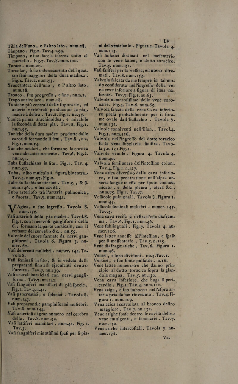 Tibia dentino , e l’altro lato . num.2l. Timpano . Fig.2. Tav.4.n.99. Timpano, elua faccia interna unito al martello . Fig.7. Tav.8.num. 100* Torace . num.20. Torcolar , ò fia imboccamento delli quat¬ tro feni maggiori della dura madre-» . Fig.4. Tav.2. num.53. Troncantera dell’uno , e 1’ altro lato . num.28. Tronco , fuo progrcflo , e fine . num.2. Trago auricolare . num.18. Tuniche più centrali delle foporarie , ed arterie vertebrali producono la pia_. madre à delira . Tav.2. Fig. 1. nu.55. Tunica prima arachinoidea , e mirabile la feconda di detta pia. Tav.2. Fig.i. num.55. Tuniche della dura madre prodotte dalle carotidi formando li feni . Tav.8., e 2, Fig. 1. num.54. Tuniche oculari, che formano la cornea venendo anteriormente . Tav.6. Fig.2. num.91. Tuba Euftachiana in (Ito. Fig.i. Tav. 4. num.97. Tuba, efuomufcoloà figura biventre-» Tav.4. num.97. Fig.2. Tube Euftachiane uterine . Tav.j. , & 3. num.146. , e fua cavità . Tubo arteriofo trà l’arteria pulmonica , e l’aorta . Tav.7. num.141. T^TAgina, e fuo ingreffo . Tavola 8. V num.155. Vali arteriofi della pia madre. Tavol.8. Fig.i.con linervofi gangliformi della 6., formano la parte corticale , con il reftante del cervello&c.. nu.55. Valvole del cuore formate da nervi gan¬ gliformi . Tavola 6. Figura 3. nu- mer. 60. Vafi deferenti muliebri. numer. 144. Ta¬ vola 8. Vafi feminali in (ito , & in veduta dalli preparanti fino alli ejaculanti dentro l’uretra. Tav.7. nu.139. Vafi crurali intralciati con nervi gangli- formi. TaV.7. nu.140. Vafi fanguiferi mamiliari di piùfpecie. Fig. 1. Tav.3m.41. Vafi pancreatici, e fplenici . Tavola 8. num.143. Vafi preparanti,e pampiniformi muliebri. Tav.8. num. 144. Vafi arteriofi di gran numero nel cerebro della. Tav.8. num.52. Vafi lattiferi mamillari . num.41. Fig. 1. Tav.3. Vafi fanguiferi minutifiìmi fpafi per li pia- IV ci del ventricolo . Figura 1. Tavola 4. num. 1 15. Vafi linfatici diramati nel mefenterio con le vene lattee, e dotto toracico. Tav.5. num. 13 1. Vafi faliferi per la vellica, ed utero dira¬ mati. Iav.8.num.i53. Valvola falcata da me Tempre in tal mo¬ do confiderata nell’ingreflb della ve¬ na ceve inferiore à figura di luna na- fcente. Tav.7. Fig. 1. nu.63. Valvole numerofifiime delle vene coro¬ narie. Fig.4. Tav.6. num.65. Valvola falcata della vena Cava inferio¬ re prela probabilmente per il fora¬ me ovale dall’Euftachio . Tavola 7. num. 13 2. Valvole conniventi nell’ilion.. Tavol.4. Fig.i. num. 126. Valvola nell’ingrefio del dotto toracico fu la vena fubclavia finifira . Tavo¬ la j.n. 13 i.Fig.i. Valvole venofe . Figura 4. Tavola 4. num.40. Valvola femilunare dell’inteflino colon. Tav.4. Fig. i.n.127. Vena azica diverfivo dalla cava inferio¬ re, e lua penetrazione nell’afpra ar¬ teria fangue in ella per fputo commu- nicato , e della pleura , utera &c. ♦ num.75. Fig.i. Tav.7. Veflicole pulmonali. Tavola 8. Figura 1. num.45'. Veflicole feminali muliebri . numer. 145. Tav.3. Vena cava recifa a delira d’eflo diafram¬ ma . Tav.6. Fig. 1. num.46. Vene fublinguali . Fig.7. Tavola 4. nu¬ mer. 106. Vene lattee annefle all’inteflina, e fpafe perii mefienterio . Tav.5. n. 129. Vene diafragmatiche . Tav, 6. Figura 1. num.46. Ventri, e loro divifioni . nu.3.Tav.i. Vertice , e fuo fonte pulfatile . n.16. Vene lattee numero tre che danno prin¬ cipio al dotto toracico fopra la glan¬ dola magna . Tav.5. nu.130. Vena cava inferiore, che Fuga il peri¬ cardio . Fig.i. Tav.4. num.1 io. Venaaziga, e fuo imbocco nell’afpra ar¬ teria pria da me rinvenuto . Tav.4. Fi¬ gura 1. num. 109. Vena azica accavallata al bronco deliro maggiore. Tav.7. nu.132. Vene azighe fpafe dentro le cavità della.» vene emulgenti, e feminarie . Tav.7. num.132. Veneaziche intercollali. Tavola 7. nu¬ mer. 132. Ve-