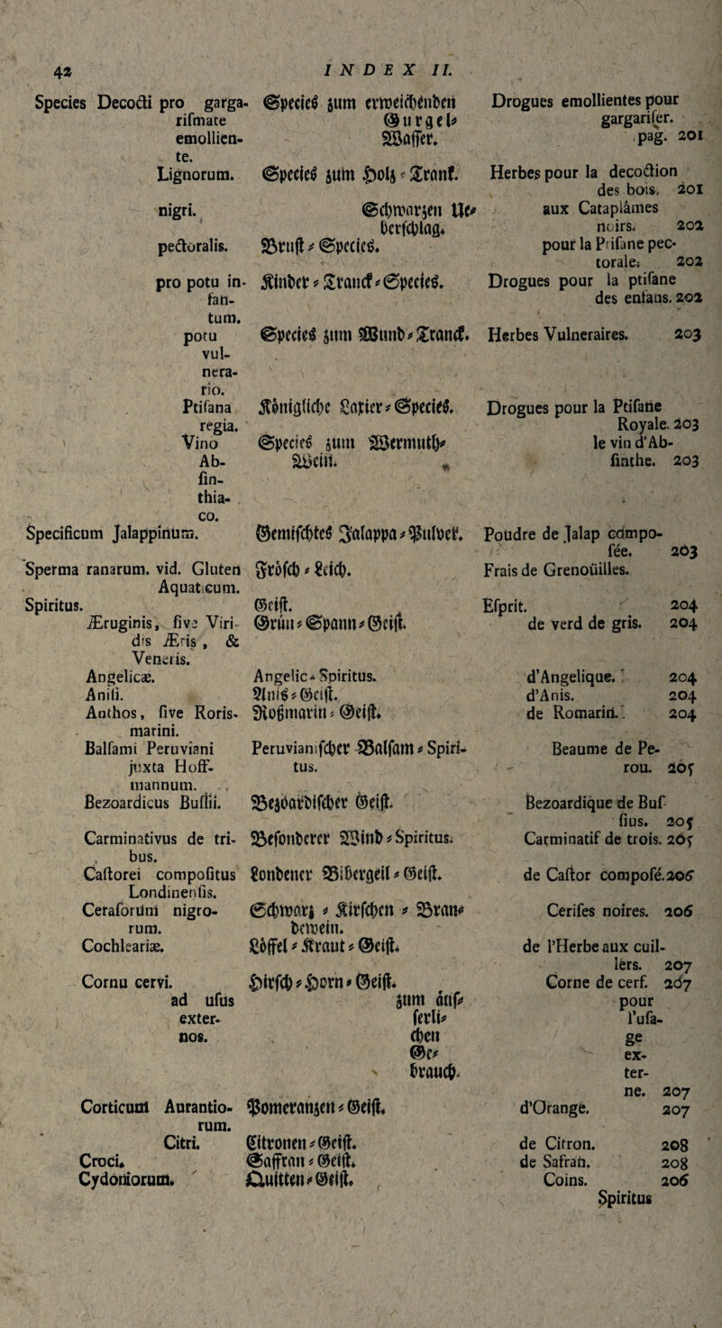 Species Decodi pro garga- @pecicé JUKI etWicbdtberi rifmate ©tirgel* emollien- SSûffeP«. te. Lignorum. 0pecie$ juht £04* Ütunf. nigri. @d)uw$en Uc* bcrfcpiaa* pedoralis. 33?llft * @PCC(C& pro potu in* Eintet * £rancf*0pecle$. fan- tum. poru ©pccie^ jum $0Bun^£ran& vul- nera- rio. Ptifana Æônigüclx £n]to*@pecie$. regia. Vino ©petite juin SSennutl)» Ab- âôciii, fin- thia- ^ s\h ' co. Specificum Jalappîriüm. ®emifc()tc$ gatûppa * $ul0et Sperma ranarum, vid. Gluten Aquaticum. Spiritus. Æruginis, fiv? Viri- d's Æris , & Veneris. Angelicas. Anili. Anthos, five Roris- marini. Balfami Peruviani juxta Hoff- mannum. Bezoardicus Bullii. Carminati vus de tri¬ bus. Caftorei compofitus Londinenfis. Ceraforiinî nigro¬ rum. Cochleariæ. Cornu cervi. ad ufus exter¬ nos. Corticum Aurantio- rum. Citri. Croci* Cydoniorum» gtofcb * &tcb. @rüu*@i>ûnn<'®cifi. Angelic* Spiritus. 3lnrê*@ei(l fHofjmavm ^ @eifh Peruviamfc^CP iBfllföttt * Spiri-* tus. Se$(tatW<ber ©eijl Scfonfccrcr * Spiritus. îonbenct4 SSükrgdl * <5<kmxi * f irftycn * 23*an* fccroein. £ôffel*Æraut* ®eift &iïfcb*&crn*®eijf. 5tim nnf* ferlin cbeti ©e* brauch ^omeratijat * ©eift. Zitronen *©eifh ®affratt « ©eift. £luitten*©tlit Drogues emollientes pour gargarifer. pag. 201 Herbes pour la decodion des bois, 201 aux Catapiâmes noirs* 2oa pour la Pnfane pec* torale* 202 Drogues pour la ptifane des entans. 202 Herbes Vulnéraires. 203 Drogues pour la Ptifane Royale. 203 le vin d'Ab- finthe. 203 Poudre de lalap cdmpo- fée. 203 Frais de Grenoüilles. Efprit. _ 204 de verd de gris. 204 d’Angelique. 204 d’Anis. 204 de Romarin.. 204 Beaume de Pé¬ rou. aov Bezoardique de Buf llUS. 20f Carminatif de trois. 20^ de Caftor coropofé^otf Cerifes noires. 206 de l’Herbe aux cuil¬ lers. 207 Corne de cerf. 267 pour lufa- &e ex¬ ter¬ ne. 207 d’Orange. 207 de Citron. 208 de Safran. 208 Coins. 206