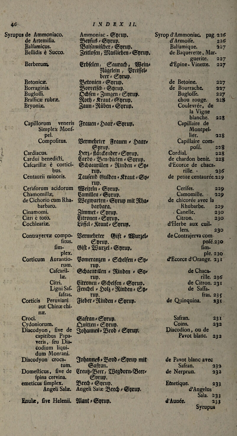 Syrupusde Ammoniaco. de Artemifia. Balfamicus. Bellidis è Succo. Berberunv Betonicæ. Borraginis. Bugtofli. Braflicæ rubræ. Bryoniæ. Capillorum veneris Simplex Monf- pel. Compofitus. Cardiacus. ' Cardui benedifti. Cafcarillæ è cortici¬ bus. Centaurii minoris. Ceraforum acidorum Chamomillae, de Cichorio cum Rha- barbaro. Cinamomi. Citri è toto. Cochleariæ. Contrayervæ compo- fitus. fim- plex. Corticum Aurantio- ruro. Cafcaril¬ læ. Citri. Ligni Saf- fafras. Corticis Peruviani aut Chinæ chi- næ. Croci. Cydoniorum. Diacodyon, live de capitibus Papa¬ veris, feu Dia- codium liqui¬ dum Montani. Diacodyon croca¬ tum. Domefticus, five de fpina cervina, emeticus fimplex. Angeli Salæ. Enulse, live Helenii. Ammoniac - ©ptttp. SôepfuS* ©prup. Salfamifcber*©prup. geitlofen, îôïaélie&en * ©prup. (gr&feleu, 0aurad) » SßBein* Nägelein, Vrêifiett beer * 0prup. 33etonicn*©prup. 23orretfcb * ©prup. Ccbfen * jungen * 0prup. fftotî)*.ftrauU©prup. 3aun *9tûhen» ©prup. grauen *£)aar*©prup* Vermehrter grauen > £aar* ©prup, £>er$* jttn cf enter *0prtip. Çarbo ? ignubiefen * ©orup. ©cbacariüen * Sftinben * 0p* rup. £aufenb ©nlben * $raut * ©p* rup. SÛBeipeln * ©prup. Çamiüen * ©urup. SBegtrartcn » ©prup mit 3tha* harhara. 3immet*0t)rup. êitronen^0prup. £5ffd*$raut*0prup. Vermehrter @ift * 2Burjel* 0prup. ©ift*28ur$el*©prup, Vomeranjen * 0cbelfen * 0p* rup. ©cbacatiüen * SRinben * ©p* rup. Zitronen * ©cbelfen * ©prup. gencpel * £ol$ * SRinben ? 0p* rup. Sieber hinten * 0prup* ©afrau^0prup. duitten * 0prup. 3o&anne$* 93rob * 0prup; 3ohantte$*25rob*6prup mit Safran. Çreup*58eer, £Begborm$3eer* 0prup. 93rccb^©prup. Angeli Salæ V>rec6 '< ©PW SHant f ©prup. d’Ammoniac. pag 226 d’Armoife. %i6 Balfamique. 227 de Baquerette, Mar¬ guerite. 227 d’Epine-Vinette. 227 de Betoine. 227 de Bourrache. 227 BuglolTe. 227 chou rouge. 22S Coulevrée, de la Vigne blanche. 22S Capillaire de Montpel¬ lier. 228 Capillaire com- pofé. 2Q 8 Cordial. 228 de chardon bénit. '228 d’Ecorce de chaca- rille. « 236 de petite centaurée.229 Cerifes. 229 Camomille. 229 de chicorée avec la Rhubarbe. 229 v Canelle. 230 Citron. 230 d’Herbe aux cuil¬ lers. 230 deÇontrajervacom pofé.230 fim- ple. 23Q d*Ecorce d’Orange. 231 de Chaca- rllle, 236 de Citron. 231 de Sa fla¬ ttas. 23 y de Quinquina. *3* Safran. 231 Coins. 232 Diacodion, ou de Pavot blanc. 232 de Pavot blanc avec Safran. 232 de Nerprun. 232 Ëtnetique. 233 d'Angelus1 Sala. £33 d’Aunée. 233 Syrupus