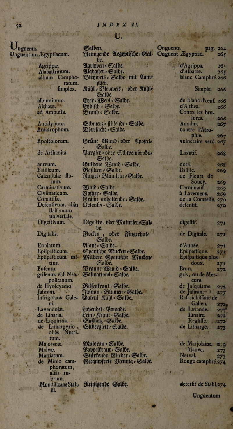 U. f* Unguenta. Unguentum Ægyptiacum. Agrippae. Aiabaftfinum. f album Campho- ratum. fimplex. albuminum. Althææ. ad Ambufta. Anodynum. Antatrophum. Apoftolorum. de Arthanita. 0alben. Sfteinigcnbe Slegtjptifcbe * @aî* be. Agrippe» * 0albe. 9Ùabagcr*(galbe. SMeproeté * (galbe mit (Sam* ptyer. Mùi)\ * $3leproctë, ober Æubl* (galbe. @t)er*$Berê* (galbe. tëpbiftb * (galbf. Stattb * 0albe. ' * ’ (gdbmerj * (Itlknbe < (galbe. iDèrrfucbt* (galbe. ©rûite 3Bu»b*ober Slpofteî* (galbe. purgier » ober 0cbn?einbrob& (Salbe. Onguents. pag. 264 Onguent Ægyptiac. 26f d’Àgrippa. 2 6f cfAlbâtre. 26f blanc Camphré.266 Simple. 2 66 • 1 ■ ■ ■ ’ • , de blanc d’œuf. 266 d’Althea. 2 66 Contre les brû¬ lures. 2 66 Anodin. 267 contre l’Atro¬ phie. 267 vulnéraire verd. 267 Laxatif. 26g aureum. ©ulbene äöunb 9 (galbe. doré. 26g Bafilicum. SSaftlien * (galbe. Bafiîic. 269 Caiendulæ flo¬ SKingcl » 23lwmlein * (Salbe. de Fleurs de rum. Soucy. 269 Carminativum. SBinb * (galbe. Carminatif. 269 Clyfmaticum. Clpftier* (galbe. à Lavemens. 269 Comitiflæ. ©ràjtu anbaltenbe * ©albe* de la Comtefle. 270 Defenfivum, alias Defenfiv - 0aïbe. defenlif. 270 Balfamum univerfale. Digeftivum. Digeftiv - bber iïftaturiïtv(ggU ‘ , digeftif. ••• v. *• ■ * 271 Digitalis. VV* glocfert t ober gingerbut* de Digitale. 271 ©albe. * • ' / r 1 . ! b ' Enulatum. 2ilant* (galbe. d’Aunée. 27 î Epifpafticum. (gpanifebe 9)?itc£ett*0al6e. Epifpaflique. 271 Epifpafticum mi¬ 2)tilbere @panifd)e SOttitfen* Epilpaftiqueplus tius. 0a(be. doux. 271 Fufcum. SSramte Sßßunb * (galbe. Brun. 272 grifeum. vid. Nea¬ (galiüatioiré* 0albe. gris, ou de Mer- politanum. t i r y . \ . cure. de Hyofcyamo. 95ilfenfraut 9 (galbe. de Jufquiame. 272 Jafmini. 3fafmtn * 33lumeit / @albe. de Jafmin. 277 Infrigidans Gale¬ Valent $ül)l* (galbe. Rafraichilfant' de ni. Galien. 272, Lavendulæ. Saoenbel ? $omabe. de Lavande. 2771 de Linaria. £cjn*$raut* (galbe. Linaire. 272 de-Liquiritia. <gû$bol$*(galbe. Reglifle. 272 de Lithargyrio , <gilbevgletU0albe. de Litharge. 273 tum. Majoranae. Malvæ. s Martiatum. de Minio cam- phoratum, alias ru- ' brum. MundificansStah« ffteinigenbe (galbe, lii. ■ *. Majora« ? 0albe. $appetëraut* (galbe, (gtàrfenbe ©liebcr*(gaïbe. ©ecampferte Mennig * (galbe. de Marjolaine. 2,3 Mauve. 273 Nerval. 273 Rouge camphré.274 deterfif de Stahl. 274