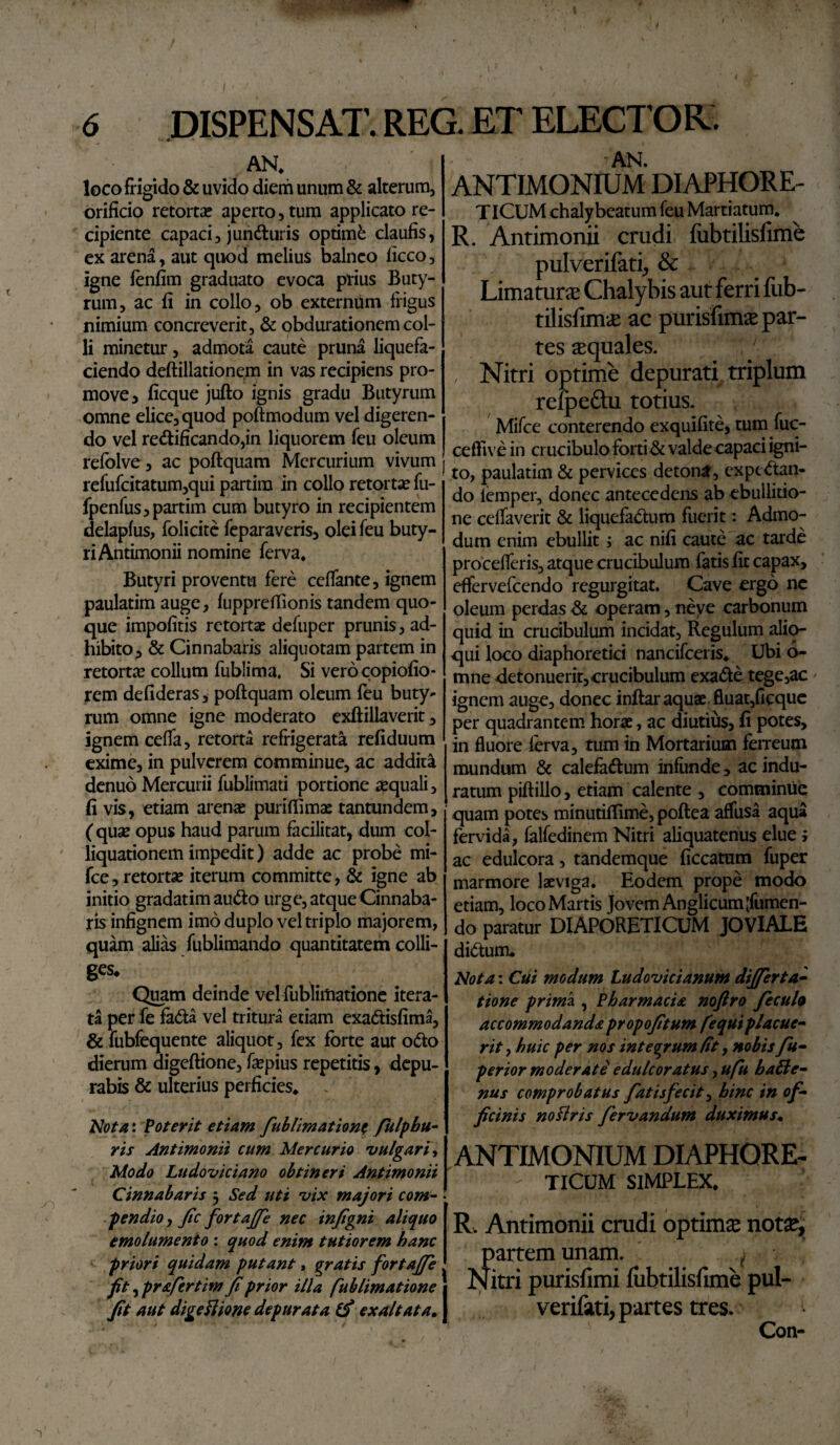 t 6 DISPENSAT. REG. ET ELECTOR. AN. loco frigido & uvido diem unum & alterum, orificio retorta? aperto, tum applicato re¬ cipiente capaci, junCturis optimi claufis, ex arena, aut quod melius balneo iicco, igne fenfim graduato evoca prius Buty¬ rum, ac fi in collo, ob externum frigus nimium concreverit, & obdurationem col¬ li minetur, admota caute pruna liquefa¬ ciendo deftillationem in vas recipiens pro¬ move, ficque jufto ignis gradu Butyrum omne elice, quod poftmodum vel digeren¬ do vel redificando,in liquorem feu oleum refolve, ac poftquam Mercurium vivum refufcitatum,qui partim in collo retortae fu- fpenfus,partim cum butyro in recipientem delapfus, folicite feparaveris, olei feu buty¬ ri Antimonii nomine ferva. Butyri proventu fere ceffante, ignem paulatim auge, fupprefiionis tandem quo¬ que impofitis retortae defuper prunis, ad¬ hibito, & Cinnabaris aliquotam partem in retortae collum fublima. Si vero copiofio- rem defideras, poftquam oleum feu buty* rum omne igne moderato exftillaverit, ignem ceffa, retorta refrigerata refiduum exime, in pulverem comminue, ac addita denuo Mercurii fublimati portione aequali, fi vis, etiam arenae puriftimae tantundem, ( quae opus haud parum facilitat, dum col- liquationem impedit) adde ac probe mi- fce, retortae iterum committe, & igne ab initio gradatim auCto urge, atque Cinnaba¬ ris infignem imo duplo vel triplo majorem, quam alias fublimando quantitatem colli¬ ges* Quam deinde vel fublimatione itera¬ ta per fe faCta vel tritura etiam exaCtisfima, & fubfequente aliquot, fex forte aut oCto dierum digeftione, faepius repetitis, depu¬ rabis & ulterius perficies* Nota: Poterit etiam fublimatione fulphu- ris Antimonii cum Mercurio vulgari, Modo Ltidoviciano obtineri Antimonii Cinnabaris 3 Sed uti vix majori com¬ pendio, fic fortajfe nec infigni aliquo emolumento : quod enim tutiorem hanc priori quidam putant, gratis fortajfe ft, praftrtim fi prior illa fublimatione fit aut digeftione depurata exaltata. AN. ANTIMONIUM DIAPHORE- TlCUM chaly beatum feu Martiatum. R. Antimonii crudi fubtilisfime pulverifati, & Limatura Chalybis aut ferri fub- tilisfimie ac purisfimae par¬ tes sequales. , Nitri optime depurati triplum refpeftu totius. Mifce conterendo exquifite, tum fuc- ceftive in crucibulo forti&valde capaci igni¬ to, paulatim & pervices detona, ex pedan¬ do lemper, donec antecedens ab ebullitio¬ ne ceffaverit & liquefactum fuerit: Admo¬ dum enim ebullit; ac nifi caute ac tarde procefferis, atque crudbulum fatis fit capax, eflfervefcendo regurgitat. Cave ergo ne oleum perdas & operam, neye carbonum quid in crudbulum incidat, Regulum alio- qui loco diaphoretici nancifceris. Ubi 6- mne detonuerit,crucibulum exaCte tege,ac ignem auge, donec inftar aquae fluat,ficque per quadrantem horae, ac diutius, fi potes, in fluore ferva, tum in Mortarium ferreum mundum & calefaCtum infunde, ac indu¬ ratum piftillo, etiam calente , comminue quam potes minutifiime, poftea affusa aqua fervida, falfedinem Nitri aliquatenus elue; ac edulcora, tandemque ficcatum fuper marmore laeviga. Eodem prope modo etiam, loco Martis Jovem Anglicum'fumen- do paratur DIAPORETICUM JOVIALE diCtum* Nota: Cui modum Ludovicianum differta- tione prima , Pharmacia noftro feculo accommodanda propofitum fequi placue¬ rit, huic per nos integrum fit, nobis fu- perior moderati edulcoratus, ufu baftc- nus comprobatus fatisfecit> hinc in of¬ ficinis noftris fervandum duximus. ANTIMONIUM DIAPHORE- - TlCUM SIMPLEX. R. Antimonii crudi optima nora, partem unam. , Nitri purisfimi fubtilisfime pul- verifati, partes tres. Con-