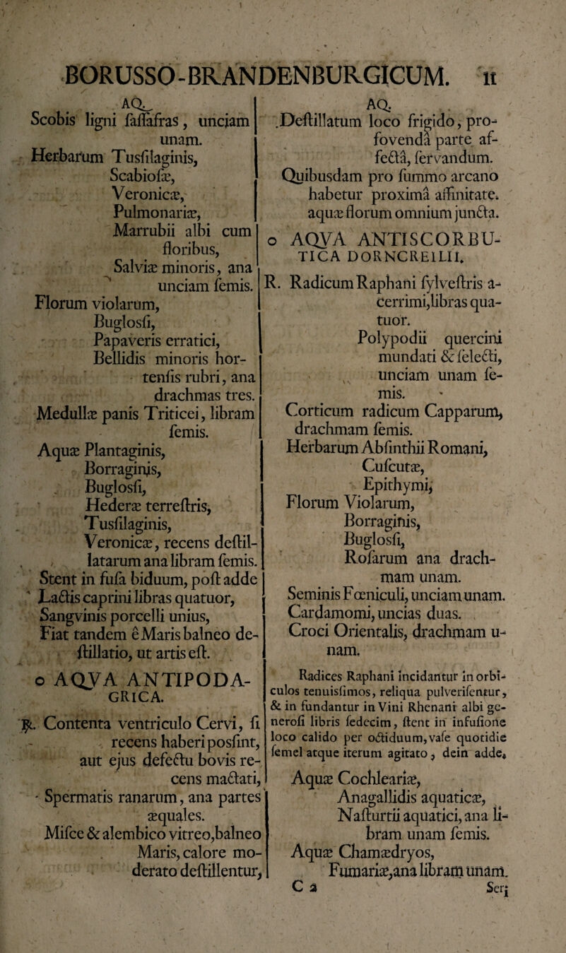 . AQ^ Scobis ligni faflafras, unciam unam. Herbarium Tusfilaginis, Scabiofae, Veronica*, Pulmonariae, Marrubii albi cum floribus, Salvise minoris, ana unciam femis. Florum violarum, Buglosfl, Papaveris erratici, Bellidis minoris hor- tenfis rubri, ana drachmas tres. Medulli panis Triticei, libram femis. /• Aquse Plantaginis, Borraginis, Buglosfl, Hedera terreftris, Tusfilaginis, Veronicse, recens deftil- latarum ana libram femis. Stent in fufa biduum, poftadde I AQ. .Deftillatum loco frigido, pro- fovenda parte af- fe£ta, feriandum. Quibusdam pro fummo arcano habetur proxima affinitate-, aquae florum omnium junfta. > AQVA ANTIS CORBU- TICA DORNCREILII. ' Taftis caprini libras quatuor, j Sangvinis porcelli unius, Fiat tandem e Maris balneo de- ftillatio, ut artis eft. o AQJA ANTIPODA- ' GRICA. fy. Contenta ventriculo Cervi, fl recens haberi posflnt, aut ejus defeftu bovis re¬ cens ma&ati, * Spermatis ranarum, ana partes aequales. Mifce & alembico vitreo,balneo Maris, calore mo¬ derato deftillentur, R. Radicum Raphani fylveftris a- cerrimi,libras qua¬ tuor. Polypodii quercini mundati &fele£ti, unciam unam fe¬ mis. Corticum radicum Capparum, drachmam femis. Herbarum Abfinthii Romani, Cufcut^e, Epithymi, Florum Violarum, Borraginis, Buglosfl, Rofarum ana drach¬ mam unam. Seminis Fceniculi, undam unam. Cardamomi, uncias duas. x Croci Orientalis, drachmam u- nam. Radices Raphani incidantur in orbi¬ culos tenuislimos, reliqua pulverifenfur, & in fundantur in Vini Rhenani albi ge- nerofi libris fedecim, ftent in infufione loco calido per od:iduum,vafe quotidie femel atque iterum agitato, dein adde* Aqux Cochlearia, Anagallidis aquaticae, Mafturtii aquatici, ana li¬ bram unam femis. Aqua: Cham^edryos, Fumaria,ana libram unam. C a Ser: