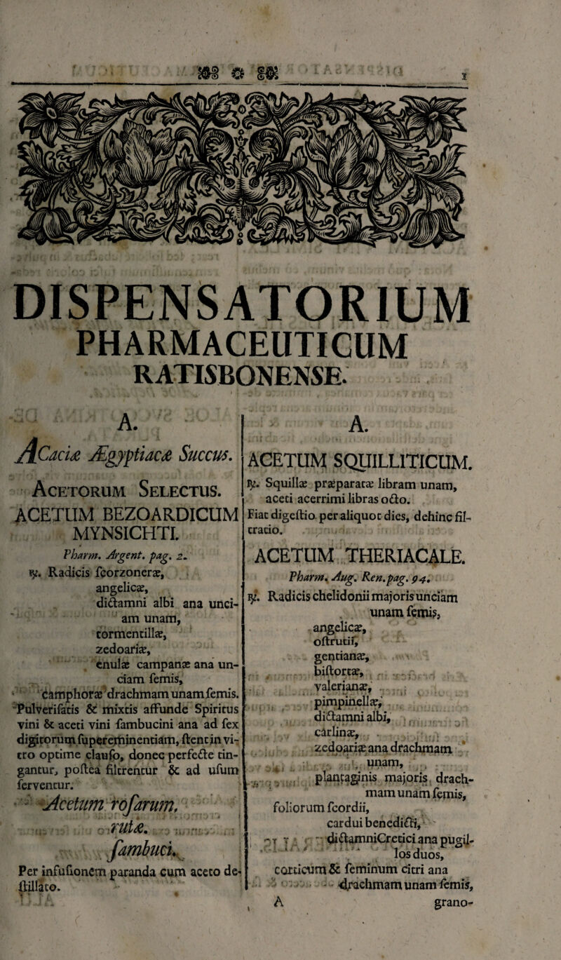 DISPENSATORIUM PHARMACEUTICUM RATISBONENSE. A. JlCacU Mgyytiacd Succus. Acetorum Selectus. ACETUM BEZOARDICUM MYNSICHTL Pharm. Urgent, pag. 2. vjt. Radicis fcorzonerx, angelica?, didamni albi ana unci¬ am unam, cormentillx, zedoaria?, cnulae campanse ana un¬ ciam femis, camphora? drachmam unam femis. Pulverifatis & mixtis affunde Spiritus vini & aceti vini fambucini ana ad fex digitorum fupereminentiam, ftentin vi¬ tro optime claufo, donec perfede tin¬ gantur, poftea filtrentur & ad ufum ferventur. ■ Acetum rofarum, . a-ruti. J > a i ■id i: Per infufionem paranda cum aceto de- fiillato. A. ACETUM SQUILLITICUM. ty. Squillas praeparata? libram unam, aceti acerrimi libras odo. Fiat digeftio. per aliquot dies, dehinc fil- tracio. ACETUM THERIACALE. Pharm. dug. Ren,pag. 94, y. Radicis chelidonii majoris unciam unam femis3 angelica, oftrutif, gentiana, biftortae, Valeriana?, pimpinellx, didamni albi, carlinx, . zedparix ana drachmam unam, plantaginis majoris drach¬ mam unam femis, foliorum fcordii, cardui benedidi, r v didamniCretici ana pugil- los duos, corticum & feminum citri ana 4rachmam unam femis, A grano- 1 \