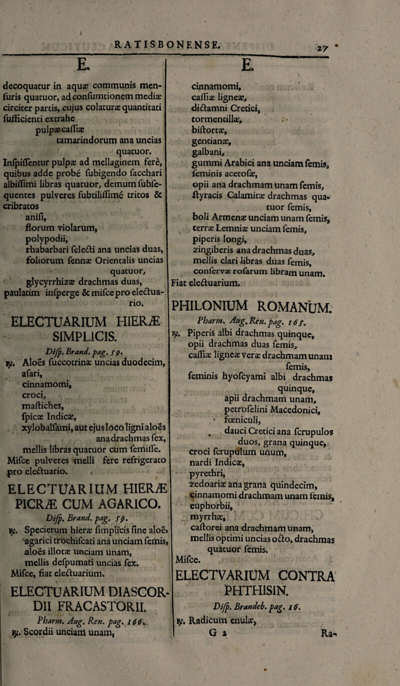 RATISBONENSE. E. mm 27 # decoquatur in aqua? communis men- furis quatuor, ad confumtionem media? circiter partis, cujus colaturae quantitati fufficienti extrahe pulpae cailiae tamarindorum ana uncias quatuor. Inlpiflentur pulpae ad mellaginem fere, quibus adde probe fubigendo facchari albiflimi libras quatuor, demum fubfe- quentes pulveres fubtiliffime tritos & cribratos anifi, florum violarum, polypodii, rhabarbari fele&i ana uncias duas, foliorum fennae Orientalis uncias quatuor, glycyrrhizae drachmas duas, paulatim inlperge & mifce pro eletlua- rio. ELECTUARIUM HIERAE SIMPLICIS. Dijp. Er and. pag. fp. Aloes fuccotrina; uncias duodecim, afari, j cinnamomi, croci, maftiches, fpicae Indici, xylobalfami, aut ejus loco ligni aloSs ana drachmas fex, mellis libras quatuor cum femifle. Mifce pulveres melli fere refrigerato pro ele&uario. * ELECTUARIUM HIERAE picrt; CUM AGAR1CO. Dijp. Brand. pag. fp. fy. Specierum hierae fimplicis fine aloe> agarici trochifcati ana unciam femis, aloes illotae unciam unam, mellis defpumati uncias fex. Mifce, fiat ele£tuarium. ELECTUARIUM D1ASCOR- DII FRACASTORII. t x. ' ' 4 ‘ * - i: . Pharm. Aug. Ren. pag, j 66^ Scordii unciam unam, cinnamomi, caffiae lignea, di61 amni Cretici, tormencillae, ;* biftortae, gentianae, galbani, gummi Arabici ana unciam femis, feminis acetofae, opii ana drachmam unam femis, flyracis Calamitae drachmas qua* tuor femis, boli Armenae unciam unam femis, terrae Lemniae unciam femis, piperis longi, zingiberis ana drachmas duas, mellis clari libras duas femis, confervae rofarum libram unam. Fiat ele&uarium. PHILONIUM ROMANUM. Pharm. Aug,Ren.pag. i6f. Piperis albi drachmas quinque, opii drachmas duas femis, catfiae ligneae verae drachmam unam femis, feminis hyofcyami albi drachmas quinque, apii drachmam unam, petrofelini Macedonici, • foeniculi, , dauci Cretici ana fcrupulos duos, grana quinque, croci fcrupulum unum, nardi Indicae, pyrethri, zedoariae ana grana quindecim, cinnamomi drachmam unam femis* euphorbii, myrrhae, \ caftorei ana drachmam unam, mellis optimi uncias ofto, drachmas quatuor femis. Mifce. ELECTVARlUM CONTRA PHTHISIN. Dijp. Brandeb. pag. if. Radicum enute, G z Ra-