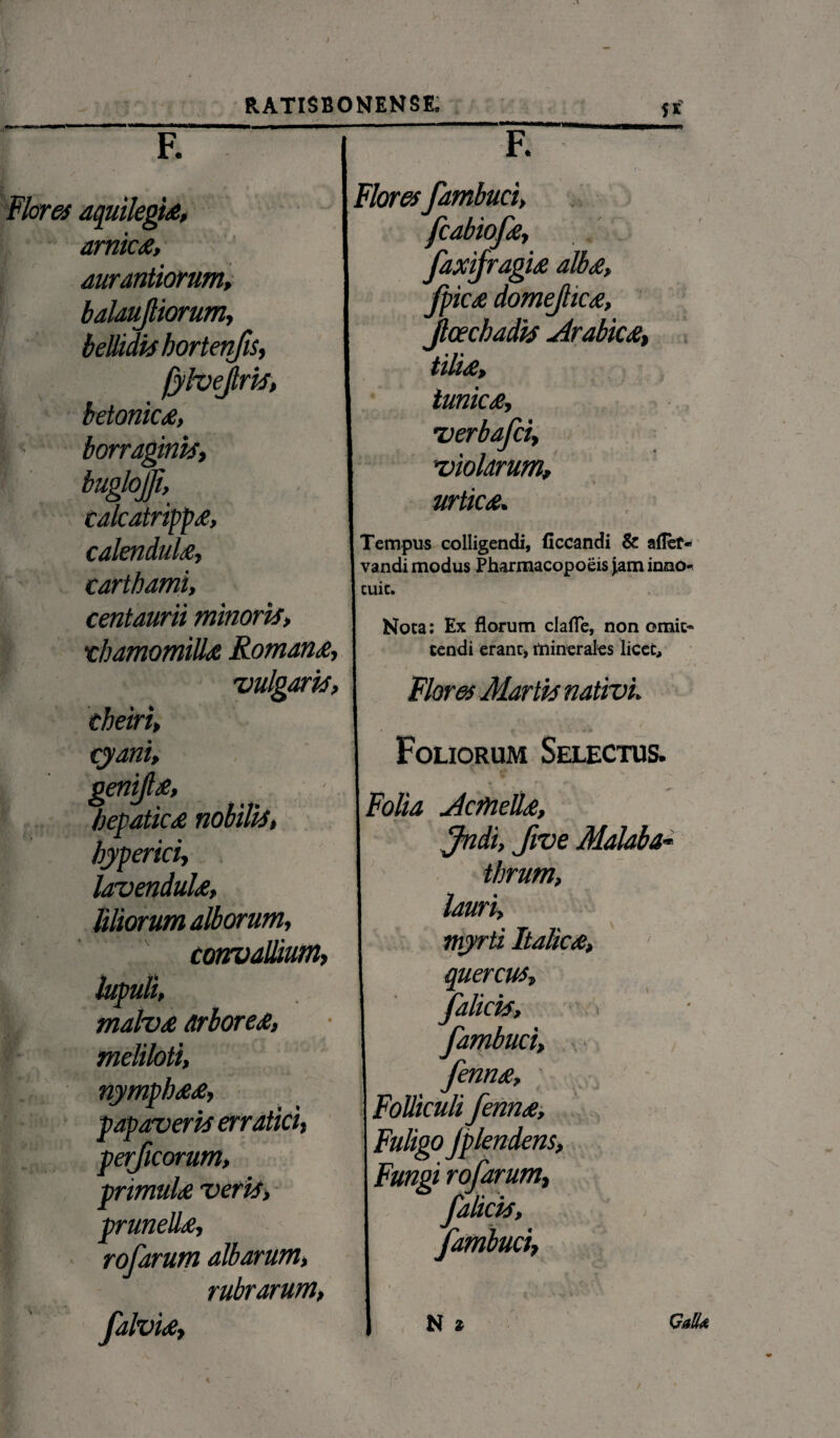 F. Flores aquilega, amica, aurantiorum, balaufiiorum, bellidis hortenfis, fylvejris, betonica, | - borraginis, buglojji, calcatrippa, calendula, carthami, centaurii minoris, ichamomilla Romana, 'vulgaris, theiri, cyani, genijla, hepatica nobilis, hyperici, lavendula, liliorum alborum, convallium, lupuli, malva arborea, meliloti, nymphaa, papaveris erratici, perficorum, primula veris, prunella, rofarum albarum, rubrarum, falvia. F. Floresfambuci, fcabiofa, faxijragia alba, jpica domejica, Jlcechadis -Arabica, tilia, tunica, verbafci, violarum, urtica. Tempus colligendi, ficcandi & aflef- vandi modus Pharmacopoeis jam inno* cuic. Nota; Ex florum clafle, non omic« cendi erane, minerales licet. Flores Martis nativi Foliorum Selectus. Folia AcfneUa, Jndi, fwe Malaba thrum, lauri, myrti Italica, quercus, falicis, fambuci, fenna. Folliculi fenna. Fuligo jplendens, Fungi rofarum, falicis, fambuci, « . ' N % QaUa