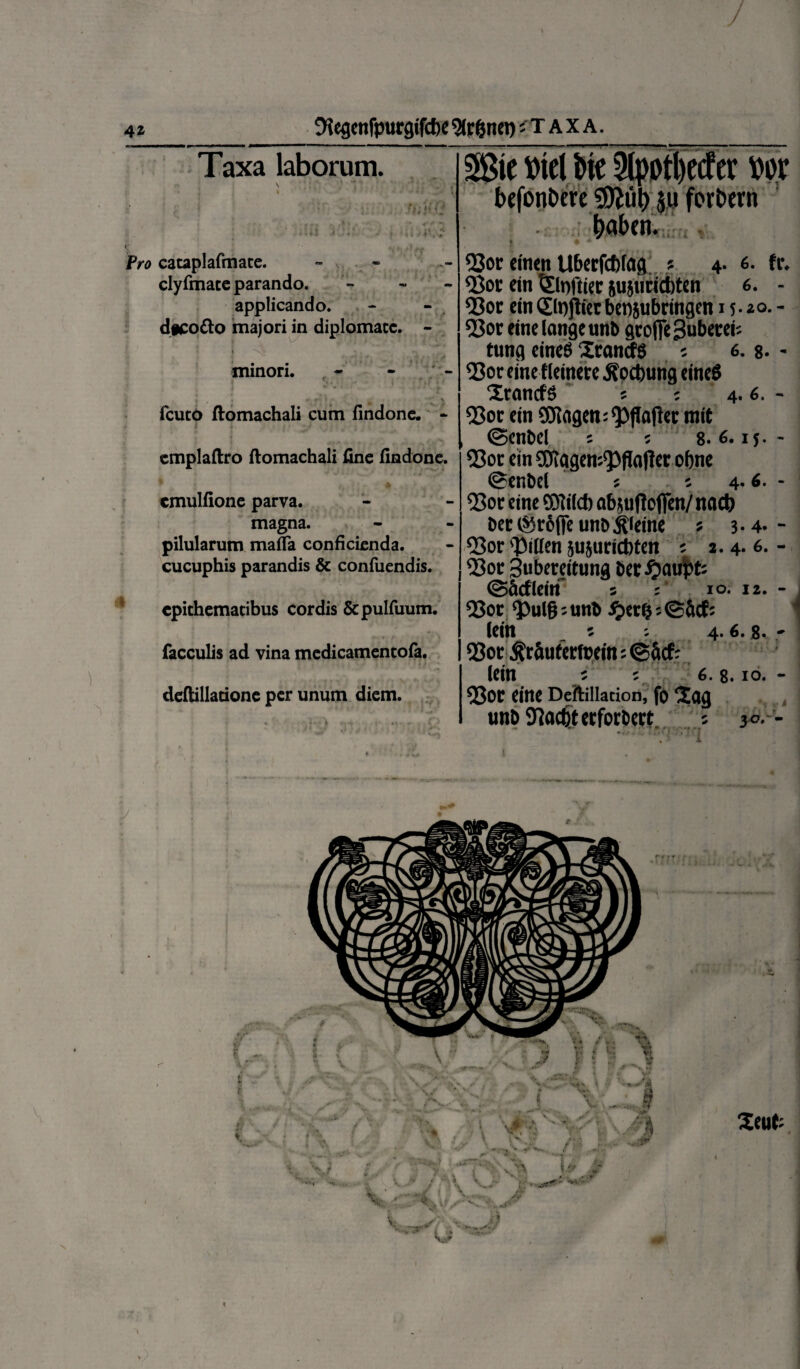 \ 9?egenfpurgifcbe ^ir&net); T A x A. 41 Taxa laborum Pro cataplafmate. clyfmate parando. applicando. dfco&o majori in diplomate. - i i « , ►, . r minori. * r f ' \ fcuto ftomachali cum findone. - cmplaftro ftomachali fine findone, cmulfione parva. magna. pilularum mafla conficienda, cucuphis parandis & confuendis. epithematibus cordis Scpulfuum. faeculis ad vina medicamentofa. deftillatione per unum diem. kfonfcere SOfoty 5« fovDcrn QJor einen Uberfcbfog * 4. <s. fr. <Bot ein ^Infticc jujuriditen 6. - 93or ein ©pjlter betijubringcn 15 • 20- - «Boc fine (ange unb grofie Suberei; tung eines Xrancts ; 6. 8. - <8or tine f leinere ^oebung eineS XrancfS ; ; 4.6. - 'Bor ein SJiagen^ftofter mit ©cnbcl : : 8. 6. 15. • Bot ein ®iagen;^3fl(if!er obne ©enbel ; ; 4.6. - Bor eine OTi(d) ab}iiftcffen/nact) ber®r6fieunb$ieine ; 3- 4- - Bor 'Piilcn jujuricbten ; 2.4. 6. - Bor Subereitung ber^aupt; ©ftcflcin s ; 10. 12. - Bor 3>ul(j;unb jpcrlj;S&cf; lein 5 ; 4.6.8. - Bor $rfiutertbfin;<§&cf: (ein ; ; 6. $. 10. - Bor eine Deftiliation, fo Xag unb Bocfterforbert ; 30. - \
