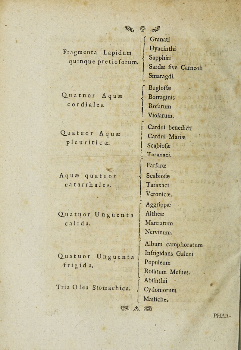 \ (' t ' \ % @ & f Granati Fragmenta Lapidum \ *tyac*ntlli quinque pretioforum. lr* Sardæ five Carneoii Qu atuor Aquæ cordiales. du atuor Aquæ p 1 e u r i t i c æ. ■m: Smaragdi. f BuglofTæ << Borraginis | Rofarum L Violarum, Cardui benedi&i ^ Cardui Mariæ ! Scabioiæ ! L Taraxaci. ' Farfaræ r I i Aquæ quatuor catarrhales. Qji atuor Unguenta calida. \ Scabiofæ j Taraxaci L Veronicæ’ r Aggnppæ | Altheæ ] Martiaturn Nervinum. f Album camphoratum ^atuor Unguenta i ïn^ri§^ans Galeni  11 a __i frigid a. | Populeum Rofatum Mefues. L f Abfînthii Tria O lea Stomachica. \ Cydoniorum [ Maftiches 1 I ■ ’ / - ^ v: t f V * J. rt PHAR l \
