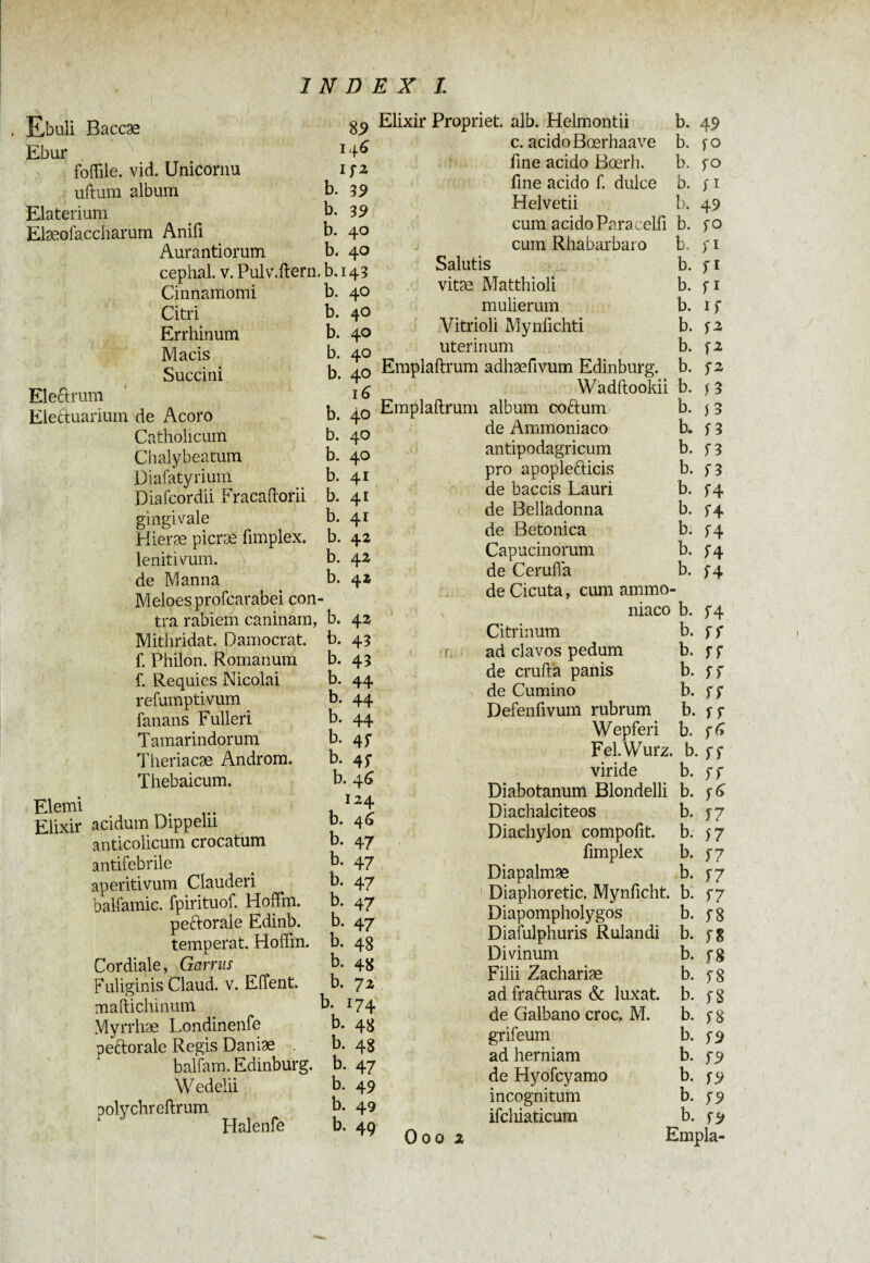 Ebuli Baccæ 89 Ebur *4* foflile. vid. Unicornu ifi uftum album b. 39 Elaterium b. 39 Elæofaccharum Anifi b. 40 Aurantiorum b. 40 cephal. v. Pulv.ftern. b. 143 Cinnamomi b. 40 Citri b. 40 Errhinum b. 40 Macis b. 40 Succini b. 40 Ele&rum 1 6 Elecluarium de Acoro b. 40 Catholicum b. 40 Ch alybeatum b. 40 Diafatyrium b. 41 Diafcordii Fracaftorii b. 41 gingivale b. 41 Hieræ picræ fimplex. b. 42 leniti vum. \ b. 42 de Manna b. 42 Meloesprofcarabei con¬ tra rabiem caninam, b. 42 Mithridat. Damocrat. b. 43 f. Philon. Romanum b. 43 f. Requies Nicolai b. 44 refumptivum b. 44 fanans Fulleri b. 44 Tamarindorum b. 4f Theriacæ Androm. b. 45- Thebaicum. b. 46 Elemi . , l24 Elixir acidum Dippeln d. 45 anticolicum crocatum b. 47 antifebrile > b. 47 aperitivum Clauderi b. 47 balfamic. fpirituof. Hoffm. b. 47 peftorale Edinb. b. 47 temperat. Hoffm. b. 4g Cordiale, Garnis b. 4g Fuliginis Claud. v. Effent. b. 72 maftichinum b. 174 Myrrhæ Londinenfe b. 4g peftorale Regis Daniæ . b. 4g balfam. Edinburg. b. 47 Wedelii b. 49 polvchreftrum b. 49 Halenfe b. 49 Elixir Propriet, alb. Helmontii b. c. acido Bœrhaave b. fine acido Bœrh. b. fine acido f. dulce b. Helvetii b. cum acido Para celfi b. j cum Rhabarbaro b. Salutis b. vitæ Matthioli b. mulierum b. Vitrioli Mynfichti b. uterinum b. Emplaftrum adhæfivum Edinburg. b. Wàdftooldi b. Emplaftrum album coftum b. de Ammoniaco b. antipodagricum b. pro apoplefricis b. de baccis Lauri b. de Belladonna b. de Betonica b. Capucinorum b. de Ceruffa b. de Cicuta, cum ammo¬ niaco b. n 49 fo fo fi 49 fO fl fl fl If fi fi fi f 3 f 3 f 3 f 3 f3 f4 f4 f4 f4 f4 f4 ff ff ff ff f f Citrinum b. ad clavos pedum b. de cruftà panis b. de Cumino b. Defenfivum rubrum b. Wepferi b. f6 Fel.Wurz. b. ff viride b. f f Diabotanum Blondelli b. f6 Diachalciteos b. f7 Diachylon compofit. b. 57 fimplex b. f7 Diapalmæ b. f7 Diaphoretic. Mynficht. b. f 7 Diapompholygos b. f 8 Diafulphuris Rulandi b. Divinum b. Filii Zachariæ b. ad frafturas & luxat b. de Galbano croc,. M. b. grifeum b. ad herniam b. de Hyofcyamo b. incognitum b. ifcliiaticum b. Ooo 2 f 8 f 8 f 8 f 8 f 8 f9 f9 f9 f9 f9 Empla-