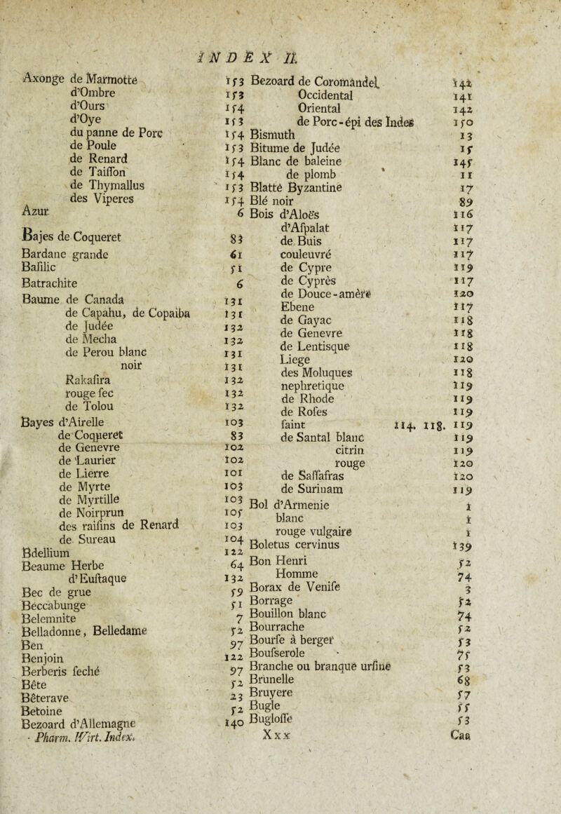 Axonge de Marmotté if 3 d’Ombre ifj d’Ours i f 4 d’Oye i ^ 3 du panne de Porc t f 4 de Poule * 1 $■ 3 de Renard ï 5-4 de Taifibn 1^4 de Thymallus ' 15-3 des Viperes i;4 Azur. 6 Bajes de Coqueret 83 Bardane grande 61 Bafilic f i Batrachite 6 Baume de Canada 131 de Capahu, de Copaiba 131 de Judée 132 de Mecha 132 de Pérou blanc 131 noir ï 31 Rakafira 132 rouge fec 13^ de Tolou 132 Bayes d’Airelle 103 de Coqueret 83 de Genevre 102 de 'Laurier î 02 de Lierre i o 1 de Myrte 103 de Myrtille 103 de Noirprun iof des raifins de Renard 103 de Sureau 104 Ëdeîlium * 1 22 Beaume Herbe 64 d’Euftaque 13 2 Bec de grue ~ S9 Beccabunge ^ fi Belemnite 7 Belladonne, Belledame T2 Ben 97 Benjoin U2 Berberis feché . 97 Bête . S 2 Bêterave 2 3 Betoine f2 Bezoard d’Allemagne Î40 • Pharm. Wirt. Index♦ Bezoard de Coromandel ïâ.Z Occidental 141 Oriental 14z de Porc-épi des Indes ïfO Bismuth 13 Bitume de Judée If Blanc de baleine Hf de plomb ii Blatté Byzantine 17 Blé noir 89 Bois d’Aloës ï 16 d’Afpalat Ï17 de Buis 117 couleuvré 117 de Cypre ïï^ de Cyprès 117 de Douce-amère Ï20 Ebene ïî7 de Gayac ï 18 de Genevre î i8 de Lentisque î Ig Liege 120 des Moluques iig néphrétique î 19 de Rhode 1 de Rôles Î19 faint î 14* ng. ïi9 de Santal blanc 119 citrin. 119 rouge ï 20 de Safïafras 120 de Surinam 119 Bol d’Armenie 1 blanc ï rouge vulgaire ï Boletus cervinus 139 Bon Henri fz Homme 74 Borax de Venife 3 Borrage 'ît Bouillon blanc 74 Bourrache f2 Bourfe à berger f 3 Boufserole 7f Branche ou branque urfme f 3 Brünelle 68 Bruyere S7 Bugle ff Bugloiïe S 3 Xxx Caa x