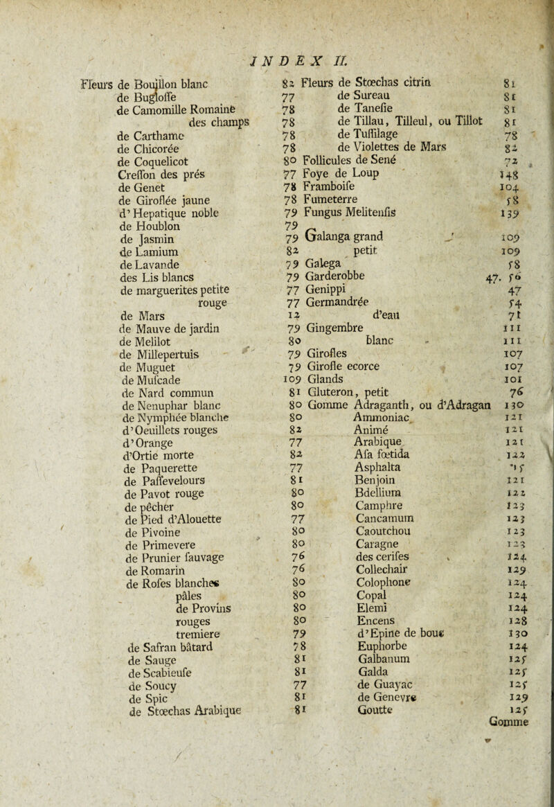 f Fleurs de Bouillon blanc de Bugioffe de Camomille Romaine des champs de Carthame de Chicorée de Coquelicot Creffon des prés de Genet de Giroflée jaune d’Hépatique noble N de Houblon de Jasmin de Lamium de Lavande des Lis blancs INDEX IL 82 Fleurs de Stœchas cîtrin 81 77 de Sureau s f 78 de Tanefie 81 78 deTillau, Tilleul, ou Tillot 81 78 de Tuflilage 78 78 de Violettes de Mars g2 8° Follicules de Séné 72 77 Foye de Loup 14g 78 Framboife 104 78 Fumetèrre fg 79 Fungus Melitenfis 135» 79 Galanga grand J 105) 82 petit 109 7 9 Galega fg 79 Garderobbe 47. f 6 de marguerites petite 77 Genippi 47 rouge 77 Germandrée de Mars 14 d’eaii de Mauve de jardin 79 Gingembre i 11 de Melilot de Millepertuis 80 79 Girofles blanc 111 107 de Muguet 7 9 Girofle ecorce 107 de Mufcade 105? Glands « . - 101 de Nard commun 81 Gluteron, petit 76 de Nénuphar blanc 80 Gomme Adraganth, ou d’Adragan 130 de Nymphéé blanche 80 Ammoniac. 121 d’Oeuillets rouges 82 Animé 121 d’Orange 77 Arabique 121 d’Ortie morte 82 Afa fœtida 122 de Pâquerette 77 Asphalta nf de Paffevelours 81 Benjoin 12 ï de Pavot rouge 80 Bdellium 122 de pêcher 80 Camphre 123 de Pied d’Alouette 77 Cancamum 12? de Pivoine 80 Caoutchou 123 de Primevere 80 Caragne 123 de Prunier fauvage 76 des cerifes . Î14 de Romarin 76 Collechair 129 de Rofes blanches 80 Colophone 124 pâles 80 Copal 124 de Provins 80 Elemi 124 rouges 80 Encens 128 tremiere 79 d7 Epine de bouc 130 de Safran bâtard 78 Euphorbe 124 de Sauge 8i Galbanum I2f de Scabieufe 8i Galda 12 f de Soucy 77 de Guayac 12S de Spic 8i de Genevre 12 ^ de Stœchas Arabique » \ 8i Goutte 12 s Gomme /