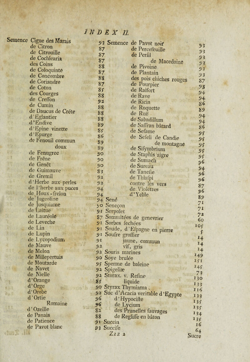 Semence Ciguë des Marais de Citron de Citrouille de Cochlearia des Coins de Coloquinte de Concombre de Coriandre de Coton des Courges de Greffon de Cumin de Daucus de Crète d ’ Eglantier d3 Endive d’Epine vinette d ’ Epurge de Fenouil commun doux de Fenugrec de Frêne de Genêt de Guimauve de Gremil d’Herbe aux perles de l’herbe aux puces de Houx-frelon de Jugeoline de jusquiame de Laitue de Lauréole de Leveche de Lin de Lupin de Lycopodium de Mauve de Melon de Millepertuis de Moutarde de Navet de Nielle d ’ Orange d3 Orge d’Orobe d5 Ortie Romaine d ’ Ozeille de Panais de Patience de Pavot blanc INDEX îï 93 Semence de Pavot noir 87 87 87 88 87 88 87 8f 88 92 88 88 88 89 8f 86 89 89 90 90 90 8? 92 92 94 de Percefeuille de Perfil de Macédoine de Pivoine de Plantain des pois chiches rouges de Pourpier de Raifort de Rave de Ricin de Roquette de Rue de Sabadillum de Saffran bâtard de Sefame de Sefeli de Candie de montagne de Sifymbrium de Staphis aigre de Sumach de Sureau de Tanefie de Thlafpi contre les vers de Violettes d’Yeble 94 94 Séné 90 Seneçon 91 Serpolet 87 Sommitées de genevrier 91 Sorbes fechées 91 Soude, d Efpagne en pierre 91 Soufre greffier 91 jaune, commun 92 vif, gris 92 Souris marines 90 Soye brûlée 9f Sperme de baleine 92 Spigeliæ 92 Storax, v. Refîne 8 f liquide 90 Styrax Thymiama . 92 Suc d3Acacia véritable d’Egvute 96 d’Hypocifte 96 de Lycium 8- des Prunelles fauvages 88 de Regliffe en bâton 91 Succin 93 Succife Zzz z 95 93 93 93 93 93 87 93 94 94 86 89 94 94 86 9f 9f 9; 9f 9f 96 94 96 96 87 96 89 71 71 72 60 ÏOf H H 14 Î49 if ï Hf 73 130 133 116 133 13 f J3f *34 *3f 16 64 Sucre