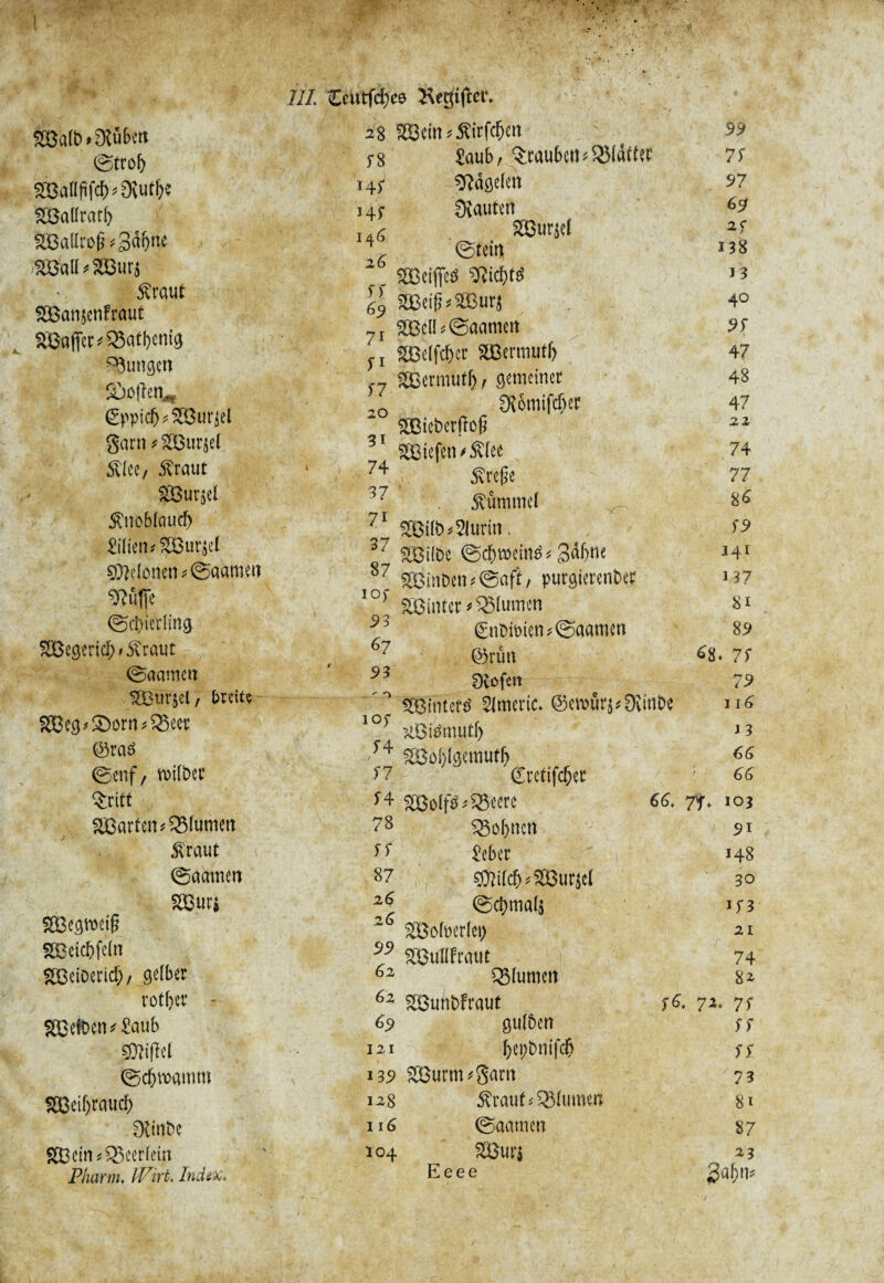 èôa(b*0lûbm 28 1 0trob rs Sö3aUfifcf>^Üvut^ HS SÖaüratf) HS m*Uro§<3df)ue 146 ^all^urs 26 1 $raut SS SOBanjenfraut 69 1 Gaffer *Q3atf)cmg 71 1 jungen SI >7 ©pptcfj^SSBurjel 20 garn ? SDBur^el 31 Si:(ee, Cratit ‘ 74 Söurjel 37 ^uob(aucf) 71 Siben Surjet 37 betonen *0admett 87 ^ujje i° S 0cî>ierîmg. 93 Wegerich »bvraut 67 ©aamen 93 gBurjel, breit? ^ O fEBeg^orn^eer lOf ©ra£ H 0enf / roifber S 7 $ritt , S\ fU3arten ?Q5(umett 78 £raut SS 0aamen 87 tæun 2 6 SOBcgrceif? .2 6 2£eicf)feln 99 SöeiDertd), gelber 62 rotber - 62 Selben *Saub 69 mfld 121 0c&mamm 139 SOBeiljraud) 128 0{inbe 116 S23ein*Q3eer(ein Pharm, Wirt. Index, I04 Sau b, $raubeti*35tôftw 9ftdgefen 3?auten £öur $ef 0tein mip 2£eij?*2Bur$ 2BclE0aamett gBelfcbcr äBermutf) '7 ^Bermutf)/ gemeiner ^Komifcber SSßiebcrfloß liefen >£(ec 5vrege Rummel ^ SOBilb Citrin. %Bt(be 0cf)fteim^ gabne £öinben<0aft, purgierenber hinter * Blumen gnbimen*@aamen ©rim 3vofcn Minute Slmeric. ©emur^Dvinbe ^ötömutf) flBoi)(gemutf) ©retirer lohnen Seber ©}i(cb<$Bur$e( @ct)ma4 £Öofoer(ei) fautif raut Blumen gOunbfraut guiben bepbm'fdj £öurm*gam Cratit <£Mumen 0aameu min Eeee 66, 7f j6, 72 99 7S 97 69 2f 138 13 40 9S 47 48 47 22 74 77 86 )’9 141 137 81 89 68. 7S 79 116 1 3 66 66 103 5>i 148 30 1 f 3 21 74 8* 7f )'f SS 73 81 87 23 gabm