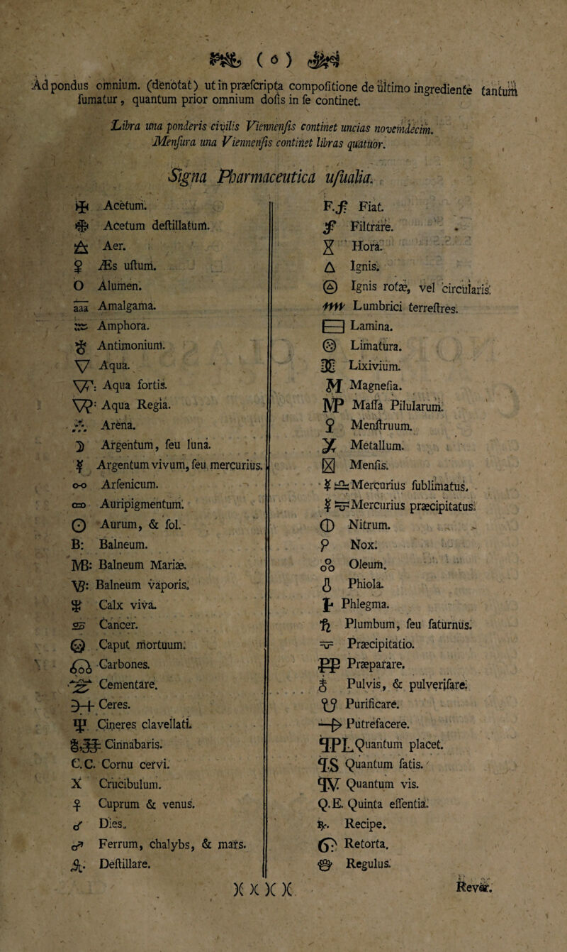 Ad pondus omnium, (denotat) ut in praefcripta compofitione de ultimo ingrediente fantujit fumatur, quantum prior omnium dofis in fe continet. Libra ima ponderis civilis Viennenfis continet uncias novemdecim. Menfura una Viennenfis continet libras quatitor. / 5 Signa Pharmaceutica ufualia. * Acetum. # Acetum deftillatum. A Aer. 2 iEs ufturri. O Alumen, aaa Amalgama. t. Amphora. § Antimonium. \7 Aqua. Aqua fortis. Aqua Regia. . 3C Arena. 2) Argentum, feu luna. $ Argentum vivum, feu mercurius, o-o Arfenicum. cro Auripigmentum! i Q Aurum, & fol. B: Balneum. M>: Balneum Mariae. Balneum vaporis. $ Calx viva. 25 Cancer. © Caput mortuum. Carbones. Cementare. Ceres. • • ; Cineres clavellati. Cinnabaris. C.C. Cornu cervi. X Criicibulum. £ Cuprum & venus. cj Dies,, o* Ferrum, chalybs, & mars. Deftillare. F.j? Fiat. Filtrare. X ” Hora. A Ignis. © Ignis rotae, vel circuiarisl Lumbrici terreftres. f-—| Lamina. © Limatura. 30 Lixivium. M Magnefia. W Maffa Pilularum! J Menliruum. Metallum. [X] Menfis. £ ^Mercurius fublimatus, • • vr , N . ' ^ ^ i $ Mercurius praecipitatus. Nitrum. P Nox. o°o Oleum, $ Phiola. j* * Phlegma. fl Plumbum, feu faturnus. =v= Praecipitatio. j?P Praeparare, g Pulvis, & pulverifare. Purificare. —Putrefacere. 5PLQuantum placet. JS Quantum fatis. Quantum vis. Q.E. Quinta effentia. Recipe* Retorta. «0» Regulus. )(X X X