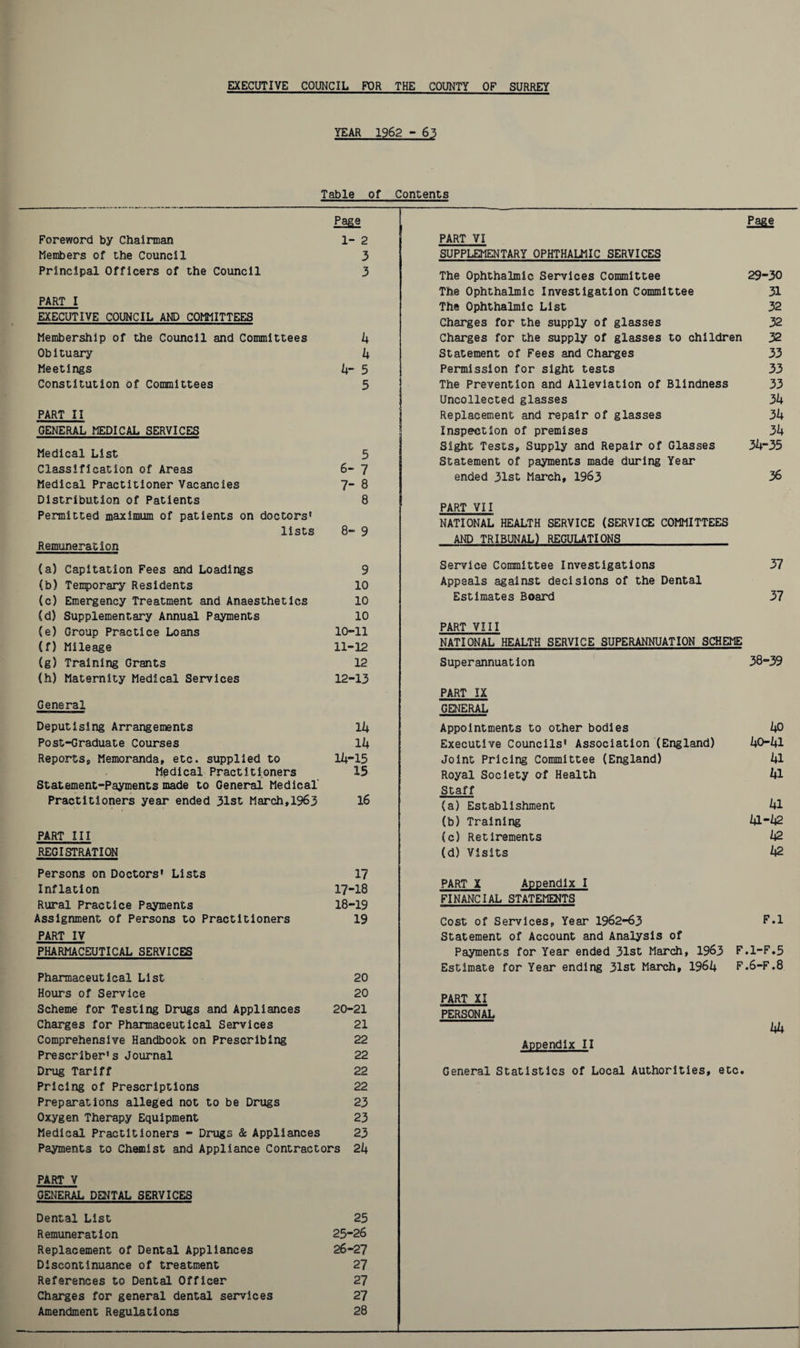 YEAR 1962 -63 Table of Contents Foreword by Chairman Members of the Council Principal Officers of the Council PART I EXECUTIVE COUNCIL AND COMMITTEES Membership of the Council and Committees Obituary Meetings Constitution of Committees PART II GENERAL MEDICAL SERVICES Medical List Classification of Areas Medical Practitioner Vacancies Distribution of Patients Permitted maximum of patients on doctors* lists Remuneration (a) Capitation Fees and Loadings (b) Temporary Residents (c) Emergency Treatment and Anaesthetics (d) Supplementary Annual Payments (e) Group Practice Loans (f) Mileage (g) Training Grants (h) Maternity Medical Services General Deputising Arrangements Post-Graduate Courses Reports, Memoranda, etc. supplied to Medical Practitioners Statement-Payments made to General Medical' Practitioners year ended 31st March,1963 PART III REGISTRATION 5 6- 7 7- 8 PART VI SUPPLEMENTARY OPHTHALMIC SERVICES The Ophthalmic Services Committee The Ophthalmic Investigation Committee The Ophthalmic List Charges for the supply of glasses Charges for the supply of glasses to children Statement of Fees and Charges Permission for sight tests The Prevention and Alleviation of Blindness Uncollected glasses Replacement and repair of glasses Inspection of premises Sight Tests, Supply and Repair of Glasses Statement of payments made during Year ended 31st March, 1963 PART VII NATIONAL HEALTH SERVICE (SERVICE COMMITTEES AND TRIBUNAL) REGULATIONS 9 10 10 10 10-11 11-12 12 12-13 Service Committee Investigations Appeals against decisions of the Dental Estimates Board PART VIII NATIONAL HEALTH SERVICE SUPERANNUATION SCHEME Superannuation PART IX GENERAL fSfie 29-30 31 32 32 32 33 33 33 3k 3k 3k 3k-35 36 37 37 38-39 Ik lk Ur 15 15 16 Appointments to other bodies kP Executive Councils' Association (England) l+0-Z|l Joint Pricing Committee (England) kl Royal Society of Health kl Staff (a) Establishment ^1 (b) Training W-(42 (c) Retirements k2. (d) Visits k2 Persons on Doctors' Lists 17 Inflation 17-18 Rural Practice Payments 18-19 Assignment of Persons to Practitioners 19 PART IV PHARMACEUTICAL SERVICES Pharmaceutical List 20 Hours of Service 20 Scheme for Testing Drugs and Appliances 20-21 Charges for Pharmaceutical Services 21 Comprehensive Handbook on Prescribing 22 Prescriber*s Journal 22 Drug Tariff 22 Pricing of Prescriptions 22 Preparations alleged not to be Drugs 23 Oxygen Therapy Equipment 23 Medical Practitioners - Drugs & Appliances 23 Payments to Chemist and Appliance Contractors 2k PART X Appendix I FINANCIAL STATEMENTS Cost of Services, Year 1962-63 F*1 Statement of Account and Analysis of Payments for Year ended 31st March, 1963 F.1-F.5 Estimate for Year ending 31st March, 196Z| F.6-F.8 PART XI PERSONAL Appendix II General Statistics of Local Authorities, etc. kk PART V GENERAL DENTAL SERVICES Dental List 25 Remuneration 25-26 Replacement of Dental Appliances 26-27 Discontinuance of treatment 27 References to Dental Officer 27 Charges for general dental services 27 Amendment Regulations 28