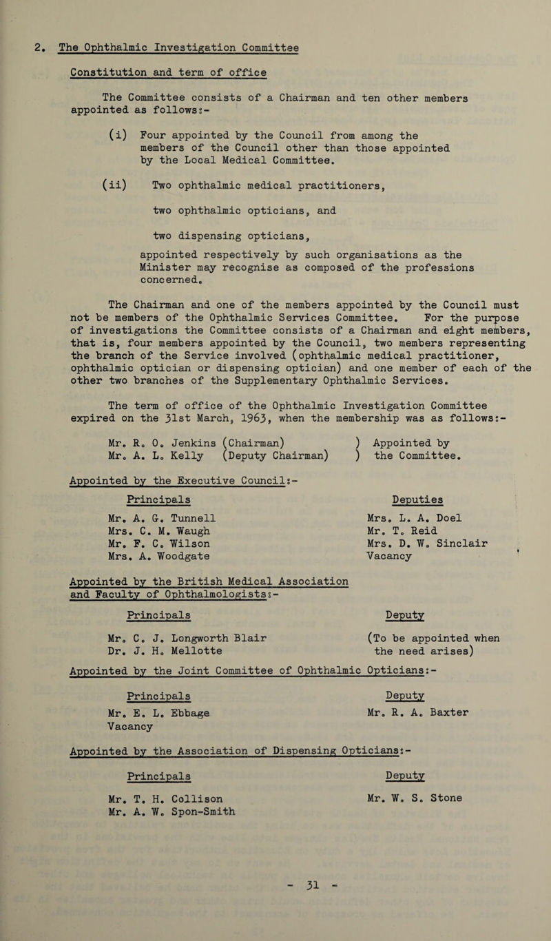 2. The Ophthalmic Investigation Committee Constitution and term of office The Committee consists of a Chairman and ten other members appointed as followss- (i) Four appointed by the Council from among the members of the Council other than those appointed by the Local Medical Committee. (ii) Two ophthalmic medical practitioners, two ophthalmic opticians, and two dispensing opticians, appointed respectively by such organisations as the Minister may recognise as composed of the professions concerned* The Chairman and one of the members appointed by the Council must not be members of the Ophthalmic Services Committee. For the purpose of investigations the Committee consists of a Chairman and eight members, that is, four members appointed by the Council, two members representing the branch of the Service involved (ophthalmic medical practitioner, ophthalmic optician or dispensing optician) and one member of each of the other two branches of the Supplementary Ophthalmic Services. The term of office of the Ophthalmic Investigation Committee expired on the 31st March, 1963, when the membership was as follows Mr. R0 0. Jenkins Mr. A. L0 Kelly (Chairman) (Deputy Chairman) ) Appointed by ) the Committee. Appointed by the Executive Council: Principals Mr. A. G-. Tunnell Mrs. C. M. Waugh Mr. F. C. Wilson Mrs. A. Woodgate Deputies Mrs. L. A. Doel Mr. T. Reid Mrs. D. W. Sinclair Vacancy f Appointed by the British Medical Association and Faculty of Ophthalmologistss- Principals Deputy Mr. Co J. Longworth Blair (To be appointed when Dr. J. H0 Mellotte the need arises) Appointed by the Joint Committee of Ophthalmic Opticians Principals Deputy Mr. E. L. Ebbage Mr. R. A. Baxter Vacancy Appointed by the Association of Dispensing Opticianss- Principals Deputy Mr. T. H. Collison Mr. W. S. Stone Mr. A. Wo Spon-Smith