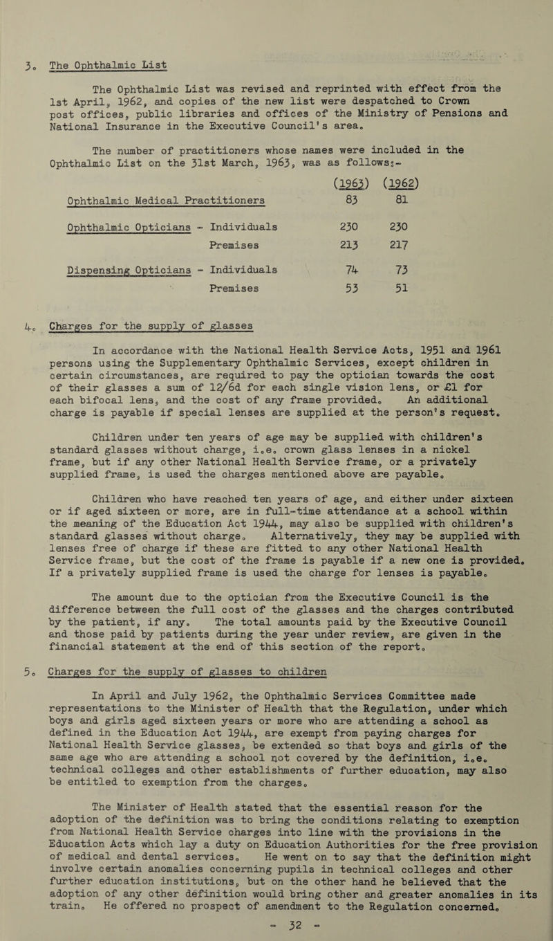 3o The Ophthalmic List The Ophthalmic List was revised and reprinted with effect from the 1st Aprils 1962, and copies of the new list were despatched to Crown post offices, public libraries and offices of the Ministry of Pensions and National Insurance in the Executive Council®s area* The number of practitioners whose names were included in the Ophthalmic List on the 31st March, 1963, Ophthalmic Medical Practitioners was as follows% - (1261) (1?62) 83 81 Ophthalmic Opticians - Individuals 230 230 Premises 213 217 Dispensing Opticians - Individuals 74 73 Premises 53 51 4* Charges for the supply of glasses In accordance with the National Health Service Acts, 1951 and 1961 persons using the Supplementary Ophthalmic Services, except children in certain circumstances, are required to pay the optician towards the cost of their glasses a sum of 12/6d for each single vision lens, or £1 for each bifocal lens, and the cost of any frame provided0 An additional charge is payable if special lenses are supplied at the person’s request,, Children under ten years of age may be supplied with children®s standard glasses without charge, i0e0 crown glass lenses in a nickel frame, but if any other National Health Service frame, or a privately supplied frame, is used the charges mentioned above are payable* Children who have reached ten years of age, and either under sixteen or if aged sixteen or more, are in full-time attendance at a school within the meaning of the Education Act 1944, may also be supplied with children’s standard glasses without charge0 Alternatively, they may be supplied with lenses free of charge if these are fitted to any other National Health Service frame, but the cost of the frame is payable if a new one is provided* If a privately supplied frame is used the charge for lenses is payable* The amount due to the optician from the Executive Council is the difference between the full cost of the glasses and the charges contributed by the patient, if any* The total amounts paid by the Executive Council and those paid by patients during the year under review, are given in the financial statement at the end of this section of the report* 5o Charges for the supply of glasses to children In April and July 1962, the Ophthalmic Services Committee made representations to the Minister of Health that the Regulation, under which boys and girls aged sixteen years or more who are attending a school as defined in the Education Act 1944, are exempt from paying charges for National Health Service glasses, be extended so that boys and girls of the same age who are attending a school not covered by the definition, i*e* technical colleges and other establishments of further education, may also be entitled to exemption from the charges* The Minister of Health stated that the essential reason for the adoption of the definition was to bring the conditions relating to exemption from National Health Service charges into line with the provisions in the Education Acts which lay a duty on Education Authorities for the free provision of medical and dental services* He went on to say that the definition might involve certain anomalies concerning pupils in technical colleges and other further education institutions, but on the other hand he believed that the adoption of any other definition would bring other and greater anomalies in its train* He offered no prospect of amendment to the Regulation concerned*