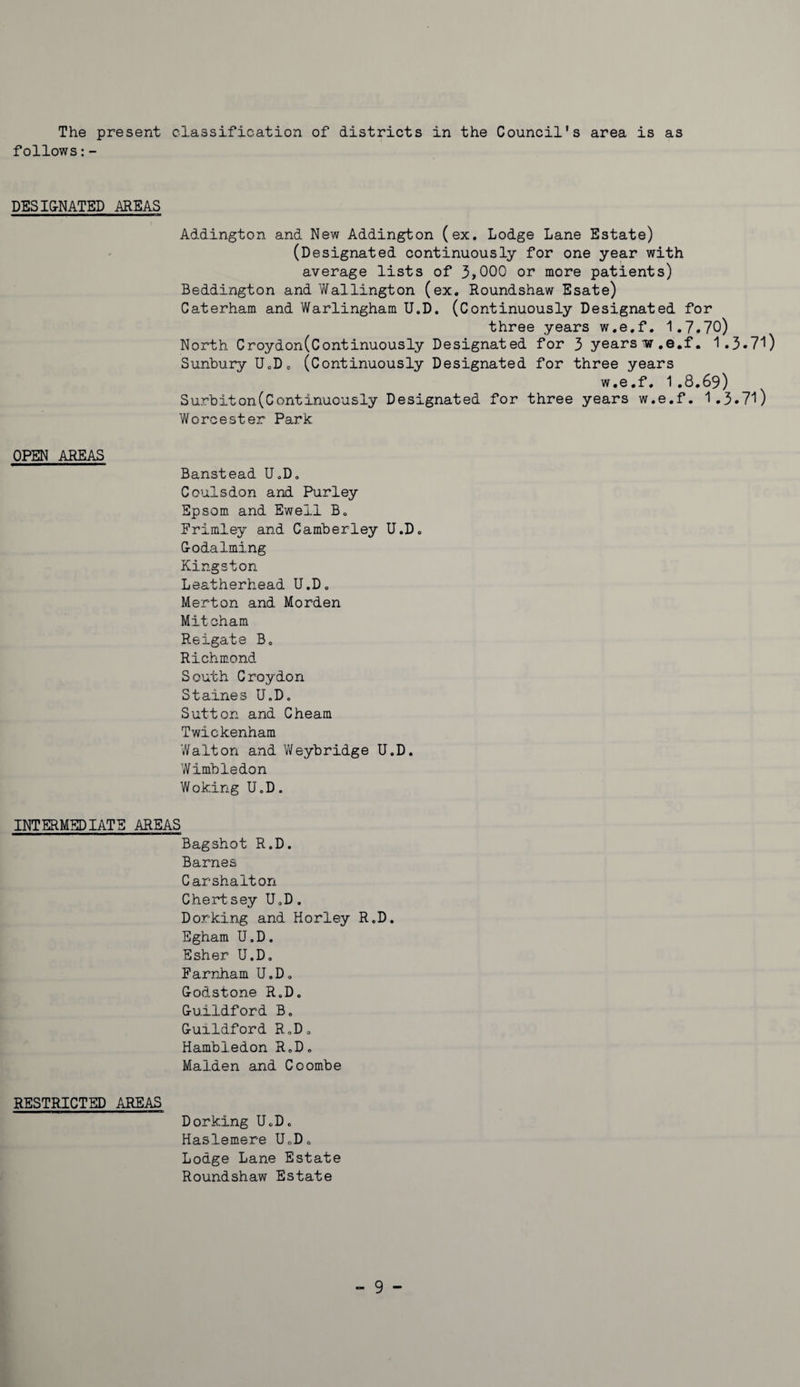follows:- DESIGNATED AREAS Addington and New Addington (ex. Lodge Lane Estate) (Designated continuously for one year with average lists of 3,000 or more patients) Beddington and Waliington (ex. Roundshaw Esate) Caterham and Warlingham U.D. (Continuously Designated for three years w.e.f. 1.7.70) North Croydon(Continuously Designated for 3 years ir.e.f. 1.3.71) Sunbury U.D. (Continuously Designated for three years w.e.f. 1.8.69) Surbiton(Continuously Designated for three years w.e.f. 1.3.71) Worcester Park. OPEN AREAS Banstead U.D. Coulsdon and Purley Epsom and Ewell B. Frimley and Camberley U.D. Godaiming Kingston Leatherhead U.D. Merton and Morden Mitcham Reigate Ba Richmond South Croydon Staines U.D. Sutton and Cheam Twickenham Walton and Weybridge U.D. Wimbledon Woking U.D. INTERMEDIATE AREAS Bagshot R.D. Barnes Carshalton Chertsey U.D. Dorking and Horley R.D. Egham U.D. Esher U.D. Farnham U.D, Godstone R.D. Guildford B. Guildford R.D, Hambledon R.D. Malden and Coombe RESTRICTED AREAS Dorking U.D. Haslemere U.D. Lodge Lane Estate Roundshaw Estate - 9 -