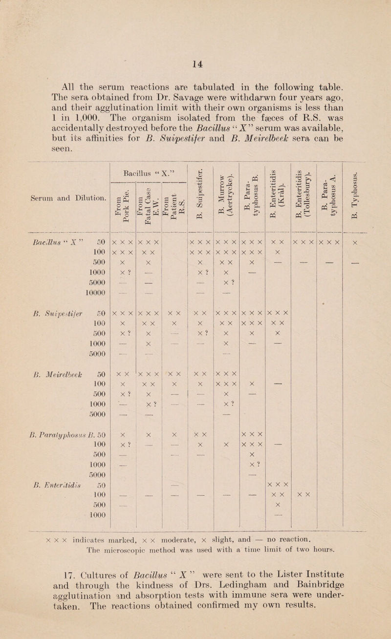 All the serum reactions are tabulated in the following table. The sera obtained from Dr. Savage were withdarwn four years ago, and their agglutination limit with their own organisms is less than 1 in 1,000. The organism isolated from the faeces of R.S. was accidentally destroyed before the Bacillus “X” serum was available, but its affinities for B. Suipestifer and B. Meirelbeek sera can be seen. Serum and Dilution. Bacillus “ X.” ! B. Suipestifer. B. Murrow (Aertrycke). i , W co % 3 Jp CO Pm o . X! « £ B. Enteritidis (Krai). B. Enteritidis (Tollesbury). B. Para- typhosus A. B. Typhosus. , From Pork Pie. CD 02 ci Sd&gt; c3 £ 'S • 8.2® £ ^ CM Bacillus “ X ” 50 xxx xxx xxx xxx xxx X X xxx XXX X 100 xxx X X xxx xxx xxx X 500 X X X X X X — — — — 1000 X ? -— x ? X — 5000 — — — X ? 10000 — — -— — B. Suipestifer 50 xxx XXX X X X X xxx xxx xxx 100 X X X X X X X xxx X X 500 X ? X —- X ? X X X 1000 •— X — — X — — 5000 •— — — B. Meirelbeelc 50 X X xxx X X X X xxx 100 X X X X X xxx X — 500 X ? X — -— X — 1000 -—- X ? — — X ? 5000 — —■ — B. Paratyphosus B. 50 X X X X X xxx 100 X ? — — X X xxx — 500 — -—• — x 1000 -— x ? 5000 —- B. Enter itidis 50 — xxx 100 — — — — — — X X X X 500 — X 1000 - xxx indicates marked, X X moderate, X slight, and — no reaction. The microscopic method was used with a time limit of two hours. 17. Cultures of Bacillus “ X ” were sent to the Lister Institute and through the kindness of Drs. Ledingham and Bainbridge agglutination and absorption tests with immune sera were under¬ taken. The reactions obtained confirmed my own results.