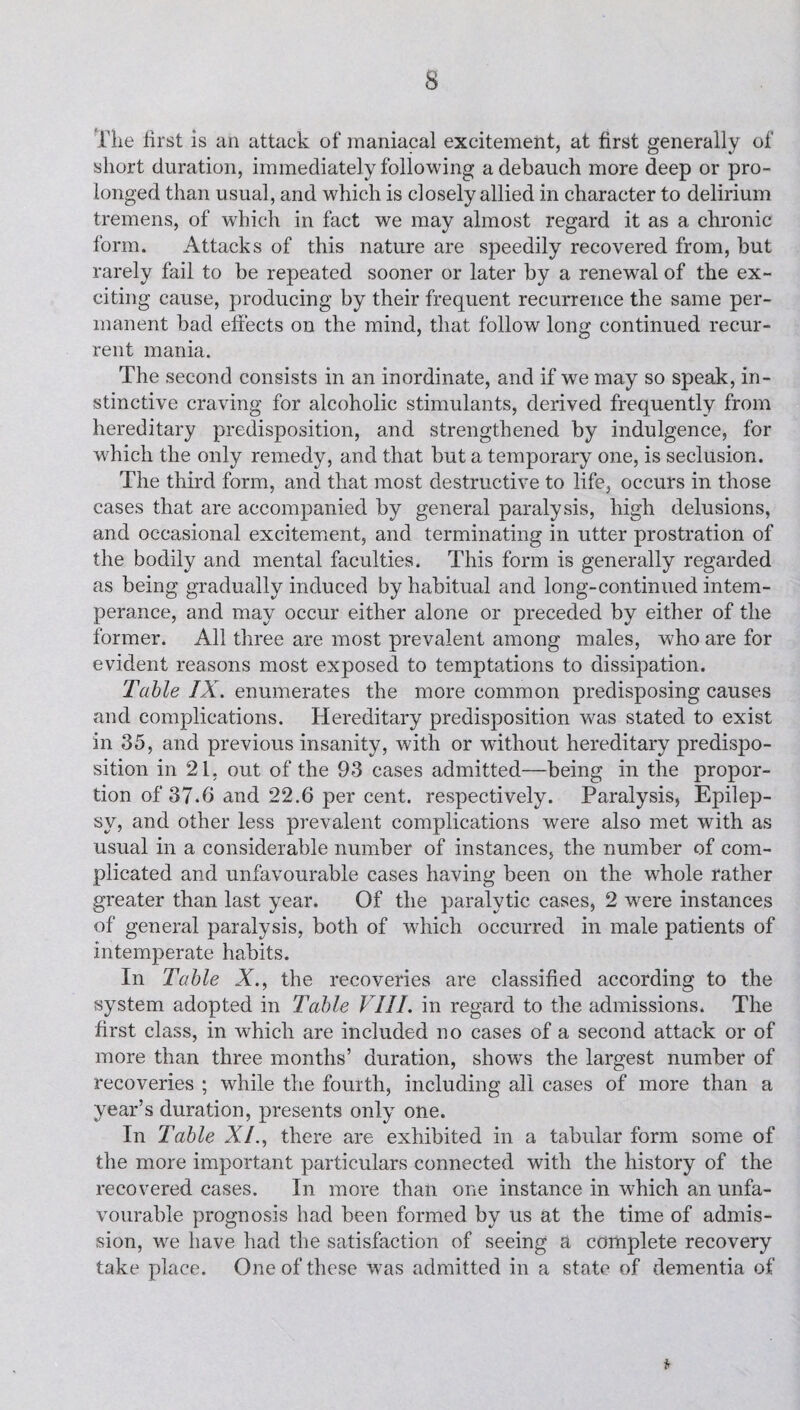 s f he first is an attack of maniacal excitement, at first generally of short duration, immediately following a debauch more deep or pro¬ longed than usual, and which is closely allied in character to delirium tremens, of which in fact we may almost regard it as a chronic form. Attacks of this nature are speedily recovered from, but rarely fail to be repeated sooner or later by a renewal of the ex¬ citing cause, producing by their frequent recurrence the same per¬ manent bad effects on the mind, that follow long continued recur¬ rent mania. The second consists in an inordinate, and if we may so speak, in¬ stinctive craving for alcoholic stimulants, derived frequently from hereditary predisposition, and strengthened by indulgence, for which the only remedy, and that but a temporary one, is seclusion. The third form, and that most destructive to life, occurs in those cases that are accompanied by general paralysis, high delusions, and occasional excitement, and terminating in utter prostration of the bodily and mental faculties. This form is generally regarded as being gradually induced by habitual and long-continued intem¬ perance, and may occur either alone or preceded by either of the former. All three are most prevalent among males, who are for evident reasons most exposed to temptations to dissipation. Table IX. enumerates the more common predisposing causes and complications. Hereditary predisposition was stated to exist in 35, and previous insanity, with or without hereditary predispo¬ sition in 21, out of the 93 cases admitted—being in the propor¬ tion of 37.6 and 22.6 per cent, respectively. Paralysis, Epilep¬ sy, and other less prevalent complications were also met with as usual in a considerable number of instances, the number of com¬ plicated and unfavourable cases having been on the whole rather greater than last year. Of the paralytic cases, 2 were instances of general paralysis, both of which occurred in male patients of intemperate habits. In Table X.. the recoveries are classified according to the system adopted in Table VIII. in regard to the admissions. The first class, in which are included no cases of a second attack or of more than three months’ duration, show's the largest number of recoveries ; while the fourth, including all cases of more than a year’s duration, presents only one. In Table XI., there are exhibited in a tabular form some of the more important particulars connected with the history of the recovered cases. In more than one instance in which an unfa¬ vourable prognosis had been formed by us at the time of admis¬ sion, we have had the satisfaction of seeing a complete recovery take place. One of these was admitted in a state of dementia of *